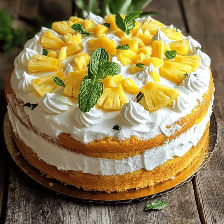To make your Pineapple Cream Cake, gather these ingredients: - 1 cup all-purpose flour - 1/2 cup granulated sugar - 1/4 cup unsalted butter, softened at room temperature - 1/2 cup milk, at room temperature - 1 teaspoon baking powder - 1/4 teaspoon salt - 1/2 teaspoon vanilla extract - 1 cup crushed pineapple, well-drained - 1 cup heavy cream, chilled - 2 tablespoons powdered sugar - Fresh pineapple slices and mint leaves for garnish Choosing the best pineapple is key. Look for these signs: - A sweet smell at the base. - Firm skin without soft spots. - Leaves that are green and fresh. - A golden color, especially at the bottom. These signs show that the fruit is ripe and ready to eat. Fresh pineapple will add a juicy burst of flavor to your cake. If you're missing an ingredient, here are some great substitutes: - All-purpose flour: Use cake flour for a lighter texture. - Granulated sugar: Coconut sugar offers a unique taste. - Unsalted butter: Use coconut oil for a dairy-free option. - Milk: Almond or oat milk can replace regular milk. - Heavy cream: Full-fat coconut cream works well for a vegan option. These substitutes help you adjust the recipe to your taste or needs. You can still create a delightful cake while keeping it personal and fun! For the complete recipe, check out the Full Recipe provided. First, you need to prepare your cake pan. Grab an 8-inch round cake pan. Lightly grease it with butter or cooking spray. This step helps prevent your cake from sticking later. Make sure to cover the bottom and sides well. Preheat your oven to 350°F (175°C) while you work on the batter. Start by creaming the softened butter and granulated sugar. Use an electric mixer for about 2-3 minutes. You want it to look light and fluffy. Next, add the milk and vanilla extract. Mix until everything blends smoothly. Now, in a separate bowl, whisk together the flour, baking powder, and salt. This helps avoid lumps. Mix the dry ingredients into the wet mixture slowly. Stir just until combined. Avoid overmixing, as it can make your cake dense. Lastly, fold in the drained crushed pineapple gently. This adds a tropical flavor to each bite. Pour the batter into your prepared cake pan. Spread it out evenly on top. Place it in the oven and bake for 25-30 minutes. To test for doneness, insert a toothpick into the center. If it comes out clean, your cake is ready. The top should be golden brown. Let the cake cool in the pan for about 10 minutes. Then remove it and place it on a wire rack to cool completely. This keeps the cake fluffy and moist. For a stunning finish, whip the cream and layer it generously on top after cooling. You can find the full recipe to guide you through this process. To make your cake moist and fluffy, use room temperature ingredients. Cold ingredients can lead to a dense texture. Be sure to cream the butter and sugar well. This step adds air to your batter, making it light. Fold in the crushed pineapple gently. This helps keep the cake airy without deflating it. One big mistake is overmixing the batter. When you mix too much, the cake can become tough. Always mix until just combined. Another mistake is not measuring ingredients correctly. Use measuring cups and spoons for accuracy. Finally, do not skip cooling the cake properly. If you cut into it too soon, it can crumble and lose moisture. Start with chilled heavy cream for the best results. Use a clean bowl and beaters to prevent any grease. Beat on medium speed until soft peaks form. This takes about 2-3 minutes. Avoid overwhipping, as this can turn your cream grainy. For extra sweetness, add powdered sugar while whipping. This creates a smooth and sweet topping for your cake. For the full recipe, check out the details provided earlier. {{image_4}} You can make your pineapple cream cake even more tropical by adding coconut. Simply mix in 1/2 cup of sweetened shredded coconut to the batter. This will give your cake a delightful chewiness and a richer flavor. When you slice your cake, you'll see the beautiful flecks of coconut alongside the crushed pineapple. It’s a fun twist that brings a taste of the tropics right to your kitchen. While whipped cream is delicious, you can try other frostings. A cream cheese frosting pairs nicely with pineapple. Just blend 8 oz of cream cheese with 1/4 cup of butter, 1 cup of powdered sugar, and 1 teaspoon of vanilla. This frosting adds a tangy flavor that balances the sweetness of the cake. You might also consider a simple glaze made from powdered sugar and pineapple juice for a lighter option. You can easily adapt this recipe for different diets. For a gluten-free cake, use a gluten-free flour blend in place of all-purpose flour. Make sure to check that your baking powder is gluten-free too. For a vegan version, swap the butter for coconut oil or vegan butter, and use almond or soy milk instead of dairy. Replace heavy cream with coconut cream for a rich topping. These options ensure everyone can enjoy this delicious cake! To keep your leftover pineapple cream cake fresh, wrap it tightly in plastic wrap. This helps keep moisture in and prevents it from drying out. Place the wrapped cake in an airtight container. Store it in the fridge for up to five days. If you want to enjoy it later, freezing is a great option. To freeze your cake, first ensure it is completely cool. Slice the cake into pieces if you prefer single servings. Wrap each piece in plastic wrap, then place them in a freezer-safe bag. Make sure to label the bag with the date. You can freeze the cake for up to three months. Thaw the pieces in the fridge before serving for the best taste. For whipped cream, keep any leftover cream in a clean, airtight container. Store it in the fridge and use it within two days. If you need to keep it longer, consider whipping it fresh again. You can also stabilize whipped cream by adding a bit of powdered sugar or cornstarch when whipping. This helps it hold up better for a longer time. Follow the full recipe to make this dessert even more delightful! You can tell the cake is done when a toothpick comes out clean. It should also look golden and spring back when you lightly touch it. Baking times can vary, so start checking around 25 minutes. Trust your senses; the smell will be delightful! Yes, you can make this cake a day before serving. Just store it in an airtight container at room temperature. If you want to keep it fresh longer, refrigerate it. Just wait to add the whipped cream topping until right before serving. You can get creative with toppings! Here are some tasty ideas: - Toasted coconut flakes - Chopped nuts, like pecans or walnuts - Fresh berries for a pop of color - A drizzle of chocolate or caramel sauce These options can add texture and flavor to your cake. At higher altitudes, you may need to adjust your baking. Decrease the sugar by 1-2 tablespoons. Also, add an extra tablespoon of flour. This helps the cake rise better in thin air. Keep an eye on the baking time, as it may need more or less time. In this article, we explored the key ingredients for Pineapple Cream Cake, along with tips for baking success. I shared how to select fresh pineapple and suggested substitutes. We also covered moisture tips, common mistakes, and variations like coconut and dietary modifications. Lastly, I explained storage methods for your cake. Remember, happy baking leads to delicious results. Enjoy your cake, and share it with friends!