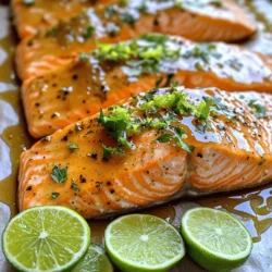 When making Honey-Lime Garlic Butter Baked Salmon, you need fresh and simple ingredients. Each one plays a key role in creating the dish's rich flavor. Here’s what you will need: - Fresh salmon fillets - Unsalted butter - Pure honey - Fresh lime juice - Garlic - Lime zest - Sea salt and black pepper - Garnishes: parsley or cilantro and lime slices These ingredients not only enhance the salmon but also make cooking fun. The salmon gives you healthy protein. The honey adds sweetness, while lime brings a fresh zing. Garlic and butter create a rich, savory sauce that makes each bite special. Using fresh ingredients is vital. They can greatly improve the taste of your meal. I always choose high-quality salmon. It should have a bright color and a fresh smell. The butter should be unsalted, so you can control the salt level better. Pure honey gives you the best flavor. Avoid blends, as they may contain additives. When it comes to lime, fresh juice and zest work best. The zest adds an intense lime flavor. Don’t skip the seasonings! Sea salt and black pepper bring out the natural taste of the fish. Finally, garnishing with parsley or cilantro adds a pop of color and freshness. For the full recipe, check out the detailed instructions to guide you in making this delicious dish. First, you need to set your oven to 375°F (190°C). This temperature will help the salmon cook evenly. Next, line a baking sheet with parchment paper. This step is key. It keeps the salmon from sticking and makes clean-up hassle-free. Now, it's time to make the sauce. Grab a medium bowl. Mix together 1/4 cup of melted unsalted butter, 1/4 cup of pure honey, 2 tablespoons of freshly squeezed lime juice, 4 cloves of minced garlic, and the zest of 1 lime. Whisk these ingredients until you get a smooth blend. The sweet and tangy mix will bring great flavor to your dish. Take your fresh salmon fillets and place them skin-side down on the lined baking sheet. Use sea salt and freshly cracked black pepper to season each piece. Don’t be shy; this will enhance the natural taste of the fish and make it even more delicious. Drizzle the honey-lime garlic butter sauce evenly over the salmon. Make sure each fillet is well coated. This step is crucial for infusing flavor. Now, place the baking sheet in your preheated oven. Bake for 15-20 minutes. The salmon is ready when it flakes easily with a fork and looks opaque. Once the salmon is done, take it out of the oven. Let it rest for about 2-3 minutes. This resting period helps keep the fish moist. Before serving, garnish the salmon with freshly chopped parsley or cilantro. You can also add lime slices on the side. This adds a nice touch and lets your guests squeeze extra lime over their fish. For more details, check the Full Recipe. To check for flakiness, use a fork. Gently press on the salmon. If it flakes easily, it is done. The fish should look opaque and moist. Overcooking can dry it out, so keep an eye on the time. You can add extra seasonings to make it your own. Try fresh herbs like dill or basil. A pinch of cayenne pepper can add a kick. If you love citrus, consider orange juice or zest instead of lime. These changes can create new flavor profiles. For serving, place the salmon on a colorful plate. Use a sprig of parsley on each piece for a pop of green. Arrange lime slices around the salmon for a bright touch. A sprinkle of sesame seeds can add a nice crunch. This makes the dish look as good as it tastes. For more details, check the Full Recipe. {{image_4}} You can swap salmon for other fish like trout or tilapia. Both have a mild taste and cook well. If you prefer a meat option, try chicken breast. It will soak up the honey-lime garlic butter nicely. For a healthier butter choice, use olive oil or coconut oil. These options add good fats and can enhance the flavor. You may also consider vegan butter for a plant-based version. To change up the taste, add fresh herbs like dill or basil. These herbs can bring a new twist to your dish. A pinch of red pepper flakes adds spice if you like heat. You can also try different citrus fruits. Swap lime for lemon or orange for a unique flavor. Each fruit gives a fresh taste and pairs well with fish. You can grill or bake your salmon. Grilling gives a smoky flavor and crispy texture. If you grill, watch your time as it may cook faster. In the oven, adjust the cooking time based on the thickness of your fish. Thinner fillets need less time, while thicker ones may need a few extra minutes. Always check for flakiness to ensure it's done. Check out the [Full Recipe] for detailed instructions on preparing this dish! After enjoying your honey-lime garlic butter baked salmon, you may have some leftovers. To store them, follow these simple steps: - Let the salmon cool to room temperature. - Place it in an airtight container. - Store it in the fridge for up to 3 days. Keeping it sealed helps maintain flavor and moisture. Avoid leaving it out for too long, as this can lead to spoilage. When you are ready to enjoy your leftover salmon, reheating it properly is key. Here are two effective methods: - Oven: Preheat your oven to 350°F (175°C). Place the salmon on a baking sheet and cover it with foil. Heat for about 10-15 minutes, or until warmed through. - Microwave: Place the salmon on a microwave-safe plate. Cover it with a damp paper towel to keep moisture. Heat in short bursts of 30 seconds until warm. Both methods will help preserve the fish's texture and flavor. If you want to keep salmon for a longer time, freezing is a great option. Here’s how to do it right: - Wrap each salmon fillet tightly in plastic wrap or aluminum foil. - Place wrapped fillets in a freezer-safe bag or container. - Label with the date and freeze for up to 3 months. To thaw, move the salmon to the fridge overnight. This keeps the fish safe and tasty. Enjoy your leftovers any time! For the full recipe, check the section above. Baking salmon at 375°F takes about 15 to 20 minutes. The time depends on the thickness of the fillets. A thicker piece may need closer to 20 minutes, while a thinner one may cook faster. You want to check the salmon after 15 minutes. When it flakes easily with a fork, it's done. Always remember that overcooking can make the fish dry. Yes, you can use frozen salmon! Just make sure to thaw it first. Place the frozen fillets in the fridge overnight or submerge them in cold water for about an hour. Pat them dry before cooking. This helps the sauce stick better and improves flavor. Adjust your baking time slightly if the salmon stays colder. This recipe is quite healthy! Salmon is rich in omega-3 fatty acids, which are good for your heart. Each serving offers protein and important vitamins. The honey adds natural sweetness without refined sugar. Using fresh lime juice boosts your vitamin C intake too. Overall, this dish supports a balanced diet. Absolutely! You can prepare the honey-lime garlic butter in advance. Just mix the butter, honey, lime juice, garlic, and zest as outlined in the recipe. Store it in the fridge for up to three days. When you're ready to bake the salmon, simply rewarm the sauce until it’s melted. This saves time and still gives you great flavor. For the full recipe, refer to the Honey-Lime Garlic Butter Baked Salmon section above. You now have a complete guide to baking flavorful salmon. We covered fresh ingredients, step-by-step instructions, and helpful tips. Remember, the key is to mix your ingredients well and watch the baking time. This dish shines with its sweet and tangy sauce. Feel free to explore variations based on your tastes. You can store leftovers and reheat them for a quick meal. Enjoy serving this dish with friends or family. I hope you feel inspired to make it tonight!