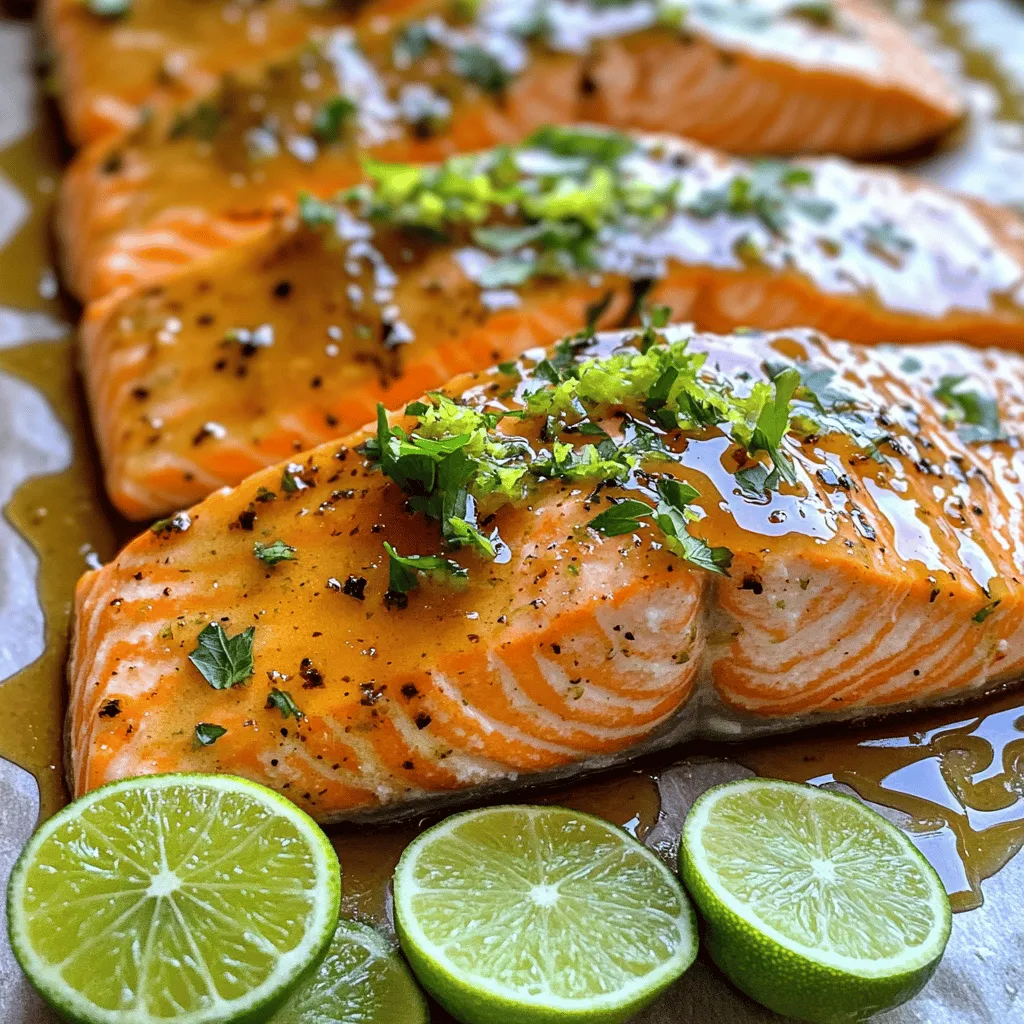 When making Honey-Lime Garlic Butter Baked Salmon, you need fresh and simple ingredients. Each one plays a key role in creating the dish's rich flavor. Here’s what you will need: - Fresh salmon fillets - Unsalted butter - Pure honey - Fresh lime juice - Garlic - Lime zest - Sea salt and black pepper - Garnishes: parsley or cilantro and lime slices These ingredients not only enhance the salmon but also make cooking fun. The salmon gives you healthy protein. The honey adds sweetness, while lime brings a fresh zing. Garlic and butter create a rich, savory sauce that makes each bite special. Using fresh ingredients is vital. They can greatly improve the taste of your meal. I always choose high-quality salmon. It should have a bright color and a fresh smell. The butter should be unsalted, so you can control the salt level better. Pure honey gives you the best flavor. Avoid blends, as they may contain additives. When it comes to lime, fresh juice and zest work best. The zest adds an intense lime flavor. Don’t skip the seasonings! Sea salt and black pepper bring out the natural taste of the fish. Finally, garnishing with parsley or cilantro adds a pop of color and freshness. For the full recipe, check out the detailed instructions to guide you in making this delicious dish. First, you need to set your oven to 375°F (190°C). This temperature will help the salmon cook evenly. Next, line a baking sheet with parchment paper. This step is key. It keeps the salmon from sticking and makes clean-up hassle-free. Now, it's time to make the sauce. Grab a medium bowl. Mix together 1/4 cup of melted unsalted butter, 1/4 cup of pure honey, 2 tablespoons of freshly squeezed lime juice, 4 cloves of minced garlic, and the zest of 1 lime. Whisk these ingredients until you get a smooth blend. The sweet and tangy mix will bring great flavor to your dish. Take your fresh salmon fillets and place them skin-side down on the lined baking sheet. Use sea salt and freshly cracked black pepper to season each piece. Don’t be shy; this will enhance the natural taste of the fish and make it even more delicious. Drizzle the honey-lime garlic butter sauce evenly over the salmon. Make sure each fillet is well coated. This step is crucial for infusing flavor. Now, place the baking sheet in your preheated oven. Bake for 15-20 minutes. The salmon is ready when it flakes easily with a fork and looks opaque. Once the salmon is done, take it out of the oven. Let it rest for about 2-3 minutes. This resting period helps keep the fish moist. Before serving, garnish the salmon with freshly chopped parsley or cilantro. You can also add lime slices on the side. This adds a nice touch and lets your guests squeeze extra lime over their fish. For more details, check the Full Recipe. To check for flakiness, use a fork. Gently press on the salmon. If it flakes easily, it is done. The fish should look opaque and moist. Overcooking can dry it out, so keep an eye on the time. You can add extra seasonings to make it your own. Try fresh herbs like dill or basil. A pinch of cayenne pepper can add a kick. If you love citrus, consider orange juice or zest instead of lime. These changes can create new flavor profiles. For serving, place the salmon on a colorful plate. Use a sprig of parsley on each piece for a pop of green. Arrange lime slices around the salmon for a bright touch. A sprinkle of sesame seeds can add a nice crunch. This makes the dish look as good as it tastes. For more details, check the Full Recipe. {{image_4}} You can swap salmon for other fish like trout or tilapia. Both have a mild taste and cook well. If you prefer a meat option, try chicken breast. It will soak up the honey-lime garlic butter nicely. For a healthier butter choice, use olive oil or coconut oil. These options add good fats and can enhance the flavor. You may also consider vegan butter for a plant-based version. To change up the taste, add fresh herbs like dill or basil. These herbs can bring a new twist to your dish. A pinch of red pepper flakes adds spice if you like heat. You can also try different citrus fruits. Swap lime for lemon or orange for a unique flavor. Each fruit gives a fresh taste and pairs well with fish. You can grill or bake your salmon. Grilling gives a smoky flavor and crispy texture. If you grill, watch your time as it may cook faster. In the oven, adjust the cooking time based on the thickness of your fish. Thinner fillets need less time, while thicker ones may need a few extra minutes. Always check for flakiness to ensure it's done. Check out the [Full Recipe] for detailed instructions on preparing this dish! After enjoying your honey-lime garlic butter baked salmon, you may have some leftovers. To store them, follow these simple steps: - Let the salmon cool to room temperature. - Place it in an airtight container. - Store it in the fridge for up to 3 days. Keeping it sealed helps maintain flavor and moisture. Avoid leaving it out for too long, as this can lead to spoilage. When you are ready to enjoy your leftover salmon, reheating it properly is key. Here are two effective methods: - Oven: Preheat your oven to 350°F (175°C). Place the salmon on a baking sheet and cover it with foil. Heat for about 10-15 minutes, or until warmed through. - Microwave: Place the salmon on a microwave-safe plate. Cover it with a damp paper towel to keep moisture. Heat in short bursts of 30 seconds until warm. Both methods will help preserve the fish's texture and flavor. If you want to keep salmon for a longer time, freezing is a great option. Here’s how to do it right: - Wrap each salmon fillet tightly in plastic wrap or aluminum foil. - Place wrapped fillets in a freezer-safe bag or container. - Label with the date and freeze for up to 3 months. To thaw, move the salmon to the fridge overnight. This keeps the fish safe and tasty. Enjoy your leftovers any time! For the full recipe, check the section above. Baking salmon at 375°F takes about 15 to 20 minutes. The time depends on the thickness of the fillets. A thicker piece may need closer to 20 minutes, while a thinner one may cook faster. You want to check the salmon after 15 minutes. When it flakes easily with a fork, it's done. Always remember that overcooking can make the fish dry. Yes, you can use frozen salmon! Just make sure to thaw it first. Place the frozen fillets in the fridge overnight or submerge them in cold water for about an hour. Pat them dry before cooking. This helps the sauce stick better and improves flavor. Adjust your baking time slightly if the salmon stays colder. This recipe is quite healthy! Salmon is rich in omega-3 fatty acids, which are good for your heart. Each serving offers protein and important vitamins. The honey adds natural sweetness without refined sugar. Using fresh lime juice boosts your vitamin C intake too. Overall, this dish supports a balanced diet. Absolutely! You can prepare the honey-lime garlic butter in advance. Just mix the butter, honey, lime juice, garlic, and zest as outlined in the recipe. Store it in the fridge for up to three days. When you're ready to bake the salmon, simply rewarm the sauce until it’s melted. This saves time and still gives you great flavor. For the full recipe, refer to the Honey-Lime Garlic Butter Baked Salmon section above. You now have a complete guide to baking flavorful salmon. We covered fresh ingredients, step-by-step instructions, and helpful tips. Remember, the key is to mix your ingredients well and watch the baking time. This dish shines with its sweet and tangy sauce. Feel free to explore variations based on your tastes. You can store leftovers and reheat them for a quick meal. Enjoy serving this dish with friends or family. I hope you feel inspired to make it tonight!