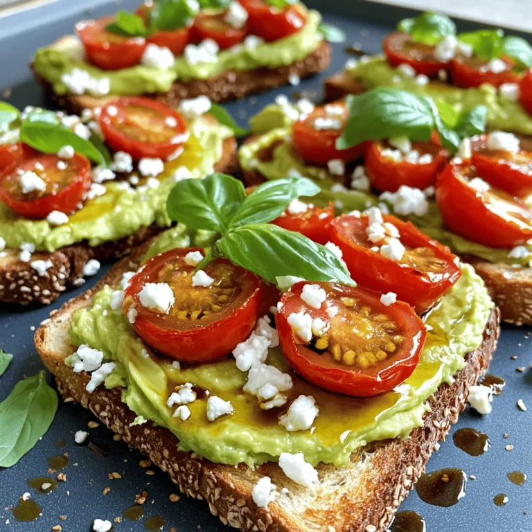 Here are the key ingredients you need to make avocado toast with feta and tomatoes. These simple items create a delicious meal. - 2 ripe avocados - 1 cup cherry tomatoes, halved - 1/2 cup crumbled feta cheese - 1 tablespoon olive oil - 1 tablespoon balsamic vinegar - 1 teaspoon dried oregano - Salt and freshly ground black pepper to taste - 4 slices of whole-grain bread - Fresh basil leaves for garnish (optional) Using ripe avocados is crucial. They should feel soft but not mushy. Cherry tomatoes add sweetness and color. Feta cheese gives a nice salty bite. Olive oil and balsamic vinegar enhance the taste. The dried oregano adds a herbaceous note. Salt and pepper balance all the flavors. Whole-grain bread adds a nutty background. Fresh basil is optional but brightens the dish. You can find the full recipe above for more details. Enjoy your cooking adventure! Toast the bread until it turns golden brown. Use a toaster or a grill for this. It should take about 3-5 minutes to achieve the perfect crispness. Watch closely to avoid burning the bread. To make the avocado spread, start by mashing the avocados. Scoop the flesh into a bowl. Use a fork to mash until smooth and creamy. Be sure there are no large lumps left. For seasoning, mix in a pinch of salt, a few turns of black pepper, and half of the dried oregano. This will enhance the flavor of the spread. Next, you will prepare the tomato topping. Combine the halved cherry tomatoes with olive oil and balsamic vinegar in a bowl. Add the remaining dried oregano, plus a pinch of salt and pepper. Toss gently until the tomatoes are fully coated in the marinade. This step adds a burst of flavor to your toast. For the full recipe, refer to the earlier section. To make a smooth avocado spread, choose ripe avocados. They should feel soft but not mushy. When you scoop the flesh into a bowl, use a fork to mash it gently. Press down and mix until it’s creamy. This helps avoid lumps. If you find lumps, keep mashing until you reach the desired texture. For toasting, use whole-grain bread. You can toast it in a toaster or on a grill. Toast until golden brown, about 3-5 minutes. This gives your toast a nice crunch. If you want it crispier, leave it in a bit longer. Just watch it closely. Add extra flavor with seasonings. A dash of garlic powder or a squeeze of lemon juice makes a big difference. You can also sprinkle red pepper flakes for some heat. If you like spicy food, try adding sliced jalapeños on top. They pair well with the creamy avocado and salty feta. Consider mixing in fresh herbs too. Chopped cilantro or parsley adds freshness. You could also try a drizzle of sriracha for a kick. For a beautiful plate, stack the avocado toast. Start with a slice of toast, add avocado, then top with tomatoes and feta. Place them on a colorful plate to make them pop. Garnish each slice with fresh basil leaves. They add color and a lovely aroma. You can also sprinkle a bit of extra feta on top for a nice touch. This makes your dish look as good as it tastes! For detailed steps, check the Full Recipe. {{image_4}} When it comes to avocado toast with feta and tomatoes, you can have fun with variations. You can easily adjust this dish to fit your needs. If you want a vegan option, try using tofu feta. It’s creamy and flavorful. You can find it at many grocery stores. For those who need gluten-free bread, look for options made from almond or rice flour. These are tasty and still hold up well. You can add more veggies or proteins to your toast. Try sliced radishes, cucumbers, or even a poached egg for added protein. For flavor, think outside the box! You can use spices like cumin for a Middle Eastern twist or chili flakes for a kick. Using seasonal ingredients makes this dish even better. In summer, add fresh peaches or basil. In fall, consider using roasted pumpkin or sage. This keeps your toast fresh with every season, so you can enjoy it year-round. To keep your avocado toast fresh, store it properly. Place any leftover toast in an airtight container. This helps prevent it from drying out. If you have extra toppings, store them separately. Avocados can turn brown, so add a little lemon juice to keep them bright. For the feta and tomatoes, keep them in the fridge in a sealed container. Reheating avocado toast requires care to maintain its texture. Use the oven or a skillet for best results. Preheat the oven to 350°F (175°C). Heat the toast for about 5-7 minutes. This keeps it crisp. If using a skillet, heat it on low. Place the toast in the skillet for about 2-3 minutes. Flip it gently to warm both sides. Freezing avocado toast is tricky but possible. You can freeze the toasted bread. Wrap it tightly in plastic wrap. Place it in a freezer bag to avoid freezer burn. The toppings do not freeze well. Instead, prepare fresh toppings when you’re ready to eat. To defrost, let the toast sit at room temperature for 30 minutes before reheating. Enjoy your delightful meal any time! For the full recipe, check out the earlier section. When picking avocados, look for ones that feel slightly soft when you press them. A ripe avocado should not feel mushy. The skin should be dark green to black. Avoid avocados with large dents or dark spots. If you find avocados that are not ripe, you can let them sit on your counter for a few days. They will ripen nicely. Yes, you can prep parts of the recipe ahead of time. You can mash the avocados and store them in an airtight container. Add a bit of lemon juice to help keep the color bright. You can also marinate the cherry tomatoes a few hours in advance. Keep the bread toasted just before serving for the best crunch. If you can't find feta or prefer something else, try using goat cheese or ricotta. Both cheeses offer a nice creaminess. Crumbled cotija cheese also works well and gives a slightly different flavor. For a vegan option, use a dairy-free feta made from nuts. To add heat, sprinkle some red pepper flakes on top. You can also mix in diced jalapeños into the avocado spread. Another option is to use a spicy hot sauce drizzled over the tomatoes. Adjust the amount based on your spice level preference. Whole-grain bread is a great choice for this dish. It adds a nutty flavor and a good crunch. Sourdough or rye bread also complements the toppings well. For a lighter option, try using a toasted bagel or pita bread. Each type will give a unique taste to your avocado toast. You can find the full recipe in the article above, so you can enjoy this delightful meal soon! This blog post guides you through making a delicious avocado toast. You learned about key ingredients, like ripe avocados and feta cheese, and how to prepare them. I shared tips for perfecting texture and flavor to enhance your dish. You also saw variations for different diets and seasonal ingredients. Remember, storing your leftovers properly keeps them fresh. With these insights, you can now create tasty, customized avocado toast that fits your style and taste. Enjoy your culinary journey into this healthy treat!
