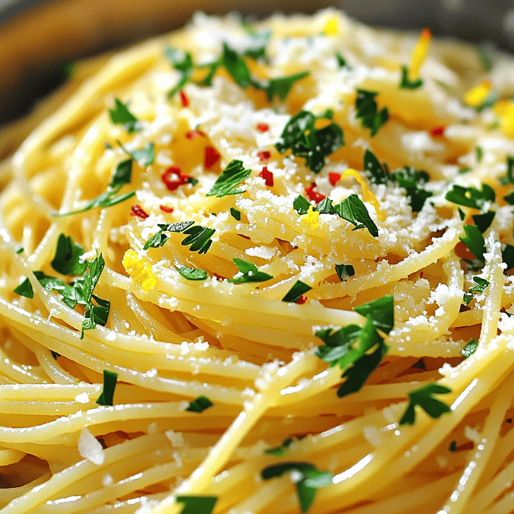 - 400g spaghetti - 6 cloves garlic, thinly sliced - 1/2 cup extra-virgin olive oil - 1 teaspoon red pepper flakes - 1/2 cup fresh parsley, finely chopped - Salt, to taste - Zest of 1 lemon (about 1 tablespoon) - Freshly grated Parmesan cheese (optional) To create a simple yet delicious Spaghetti Aglio e Olio, gather these key ingredients. The spaghetti forms the base of this dish. I love the way it absorbs the garlic oil. Garlic is vital too, as it adds a rich flavor. Slice it thinly for even cooking. Extra-virgin olive oil gives the dish a silky texture. Red pepper flakes bring a spicy kick, but you can adjust the amount to your taste. Fresh parsley adds a pop of color and brightness. The zest of lemon enhances the flavor further, while Parmesan cheese can be a nice touch, if you like. Follow the Full Recipe to enjoy a meal that highlights these simple, fresh ingredients. To start, you need a large pot. Fill it with water and add a generous amount of salt. Bring the water to a rolling boil. Now, add your spaghetti. Cook it according to the package instructions, usually 8 to 10 minutes. You want it to be al dente, which means it should be firm but not hard. Before you drain the spaghetti, reserve 1 cup of the cooking water. This water is starchy and will help your sauce stick later. After that, drain the spaghetti in a colander. Next, grab a large skillet. Pour in half a cup of extra-virgin olive oil. Heat it over medium heat. Once the oil is hot, add your thinly sliced garlic. Stir the garlic often to prevent it from burning. You want it to turn a lovely golden brown. This should take about 2 to 3 minutes. Keep a close eye, as burnt garlic can ruin your dish. Once the garlic is golden, it’s time to add some heat. Sprinkle in 1 teaspoon of red pepper flakes. Sauté for another 30 seconds. This will give the oil a spicy kick. Now, add the drained spaghetti to the skillet with the garlic oil. Pour in a splash of the reserved pasta water. Toss everything well to coat the spaghetti in the oil. If it seems too dry, add more reserved water until it reaches the desired consistency. Finish by folding in fresh parsley and lemon zest for added flavor. You can also add salt to taste. If you like, top your dish with freshly grated Parmesan cheese. Enjoy your Spaghetti Aglio e Olio! For the full recipe, check out the detailed instructions above. To avoid burning garlic, keep the heat at medium. Stir the garlic often and watch it closely. If it starts to brown too fast, lower the heat. Golden garlic adds flavor, while burnt garlic ruins the dish. For the right pasta consistency, cook spaghetti until it is al dente. This means it should be firm to the bite. Reserve some pasta water before draining. You can add this water later to adjust the sauce's texture. If you want to adjust the spice level, start with less red pepper flakes. You can always add more later. For a milder dish, use just a pinch or omit the flakes. Using fresh herbs, like parsley, gives a bright taste. Dried herbs work too, but they lack the same freshness. If you use dried herbs, add them early in the cooking process so they can release their flavor. {{image_4}} You can easily add protein to your Spaghetti Aglio e Olio. Shrimp is a great choice. Just sauté it in the garlic oil until pink. Chicken works well too. Cut it into small pieces and cook in the oil. For a vegetarian option, use tofu. Press and cube it, then fry until golden. If you want a vegan meal, use firm tofu and skip the cheese. It adds texture and protein without animal products. Each protein option gives a different taste, making your dish more exciting. Spaghetti Aglio e Olio is a blank canvas. You can play with flavors. Try adding fresh herbs like basil or oregano. They brighten up the dish. You can also add spices like smoked paprika for depth. Sun-dried tomatoes or olives can add a rich, tangy flavor. Chop them up and mix them in with the spaghetti. This gives the dish a Mediterranean twist. Don't be afraid to experiment! Your taste buds will thank you. For the full recipe, check out the Spaghetti Aglio e Olio with a Kick. To store Spaghetti Aglio e Olio, let it cool first. Place it in an airtight container. This keeps the dish fresh. It will last up to three days in the fridge. To enjoy it later, you could freeze it. However, freezing can change the texture of the dish. I recommend enjoying it fresh for the best taste. When reheating, use low heat on the stove. Add a splash of reserved pasta water to help revive the sauce. This keeps the flavors strong. You can also use a microwave. Heat in short bursts, stirring in between. This way, the dish stays moist and tasty. If it feels dry, add a bit more olive oil or water. Aglio e Olio means "garlic and oil" in Italian. This dish highlights these two simple flavors. You can taste the garlic's warmth paired with the rich olive oil. It is a classic dish from Naples, Italy. Yes, you can use gluten-free pasta for Spaghetti Aglio e Olio. Many brands make great gluten-free options. Just follow the cooking time on the package. The rest of the recipe remains the same. To make this dish less spicy, reduce the red pepper flakes. Start with half a teaspoon instead of one. You can also leave them out entirely. The garlic and oil will still taste great without the heat. Good side dishes include a fresh green salad, garlic bread, or roasted vegetables. A simple arugula salad adds a nice peppery contrast. Garlic bread makes the meal feel cozy and warming. To make this a complete meal, add protein. Grilled chicken, shrimp, or chickpeas work well. You can also toss in some veggies like spinach or cherry tomatoes. This not only adds nutrition but also flavor. You can find the full recipe in the earlier section. Spaghetti Aglio e Olio is a simple yet tasty dish. We explored key ingredients like garlic, olive oil, and more. I shared how to cook pasta perfectly and make the garlic oil. We also looked at tips to enhance flavor and fun variations. Remember, cooking is about experimenting. Don’t be afraid to make this dish your own. Enjoy your delicious Spaghetti Aglio e Olio!