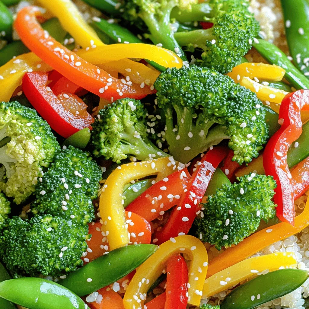 Here’s what you need for a quick and easy vegetable stir-fry: - 1 cup broccoli florets - 1 cup assorted bell peppers (red, yellow, and green), sliced into thin strips - 1 cup snap peas, trimmed and rinsed - 1 medium carrot, peeled and julienned - 1 small zucchini, sliced into half-moons - 3 cloves garlic, finely minced - 1 inch piece of fresh ginger, grated - 2 tablespoons low-sodium soy sauce - 1 tablespoon sesame oil - 1 tablespoon olive oil - 1 tablespoon sesame seeds (for garnish) - Sea salt and freshly ground pepper to taste - Cooked rice or quinoa, for serving These fresh ingredients create a vibrant dish full of taste. You can find the full recipe in the section above. Each bite combines crunchy veggies and bold flavors. Plus, the colors make it inviting to eat. - Wash and dice all vegetables. - Keep prepped ingredients ready for seamless cooking. Start by washing all your veggies well. For the broccoli, cut it into small florets. Slice the bell peppers into thin strips. Julienning the carrot gives it a nice texture. Finally, cut the zucchini into half-moons. Having all the veggies ready makes cooking quick and easy. - Heat olive oil and sesame oil in a skillet or wok. Next, grab a large skillet or wok. Set it on medium-high heat. Add one tablespoon of olive oil and one tablespoon of sesame oil. Heat them until they shimmer, about one to two minutes. This step is key for great flavor. - Add garlic and ginger to the hot oil and sauté until fragrant. Once the oil is ready, add three cloves of minced garlic and one inch of grated ginger. Stir them in the hot oil for about 30 seconds. You want them to smell amazing, but don’t let them burn! - Introduce broccoli and carrots, followed by snap peas and zucchini. First, toss in the broccoli florets and julienned carrot. Stir-fry them for about two to three minutes. They should soften a bit but stay bright and crunchy. Then, add the snap peas and zucchini. Keep stir-frying for another three to four minutes. - Add soy sauce, salt, and pepper to the stir-fry and toss. Now it’s time to add flavor! Pour in two tablespoons of low-sodium soy sauce. Season with sea salt and freshly ground pepper to taste. Toss everything well in the skillet for one more minute. This lets all the flavors mix together. - Transfer to a serving platter and garnish with sesame seeds. Finally, remove the skillet from heat. Transfer the colorful stir-fry to a serving platter. For a fun twist, sprinkle one tablespoon of sesame seeds on top. Serve it hot over cooked rice or quinoa for a tasty meal. For the complete recipe, check out the Full Recipe. To create a great stir-fry, you need high heat. This helps keep your vegetables crisp. If you cook on low heat, the veggies can turn soft and mushy. Always heat your pan before adding oil. Avoid overcrowding the pan. If you add too many veggies at once, they will steam rather than fry. Cook in batches if needed. This way, you keep every bite crunchy. Don't hesitate to switch up your veggies! You can use mushrooms or asparagus instead of bell peppers. Feel free to mix in any fresh vegetables you have. If you want a gluten-free option, swap soy sauce for tamari. This simple change keeps the flavor while meeting your dietary needs. To make your stir-fry stand out, consider adding chili flakes. They give a spicy kick that livens up the dish. Fresh herbs can also boost flavor. Herbs like basil or cilantro give a lovely aroma. Sprinkle them in just before serving for the best taste. Check out the Full Recipe for more tips on making your stir-fry delicious! {{image_4}} Adding protein makes your vegetable stir-fry more filling. You can use tofu, chicken, or shrimp. - Tofu: Use firm tofu for a great texture. Press it to remove water, then cube it. Add it to the pan after sautéing the garlic and ginger. - Chicken: Thinly slice chicken breast. Cook it first until golden, then add your veggies. - Shrimp: Use peeled shrimp. Add them right after the garlic and ginger until they turn pink. These options boost flavor and nutrition while keeping the dish quick and easy. If you want a twist, try different sauces. Teriyaki or hoisin sauce can change the taste. - Teriyaki Sauce: This sweet and savory sauce pairs well with vegetables. Add it after the veggies are cooked. - Hoisin Sauce: This thick, dark sauce adds a rich flavor. Mix it in during the last minute of cooking. Experimenting with these sauces can make your stir-fry exciting and new. You can easily make this dish fit your diet. To make it vegan, pick plant-based sauces. - Soy Sauce: Regular soy sauce is fine, but look for brands labeled as vegan. - Teriyaki Sauce: Check ingredients to ensure it’s free from animal products. These small changes keep the dish fresh and accessible for everyone. For the full recipe, check the earlier sections. Store your leftovers in an airtight container. You can keep them in the fridge for up to 3 days. This makes it easy to enjoy your flavorful stir-fry later. If you want to save some for later, freeze the stir-fry in a freezer-safe bag. It will stay fresh for up to 3 months. Just remember to label the bag with the date. To reheat, use a skillet or microwave. If using a skillet, heat it on medium until warmed through. If you prefer the microwave, heat it in short bursts. Stir in between until hot. Enjoy your tasty dish again! To keep your stir-fry crisp, use high heat. Always avoid overcrowding the pan. When you add too many veggies at once, they steam instead of fry. This can lead to a soggy mess, which we want to avoid. Stir-frying in batches is a great way to ensure each piece cooks evenly. Yes, you can use frozen vegetables! Just make sure to thaw and drain them first. Thawing helps remove excess water, which can cause sogginess. Frozen veggies can be just as tasty and save you prep time. You can serve it over rice, quinoa, or noodles. Each option adds a nice base to your dish. Rice is classic, while quinoa offers a nutty flavor. Noodles bring a fun twist. You can choose what suits your taste best. It takes about 20 minutes to make a vegetable stir-fry. This includes both prep and cooking time. You can whip up this tasty meal quickly, making it perfect for busy days. For the full recipe, check out the complete guide! This blog post showed how to create a delicious vegetable stir-fry. We covered essential ingredients and step-by-step instructions for perfect results. Remember to keep high heat for crisp veggies. Feel free to customize the dish with proteins or different sauces. Storing leftovers properly extends their life, too. Enjoy your cooking and experimenting in the kitchen! Your tasty stir-fry awaits.