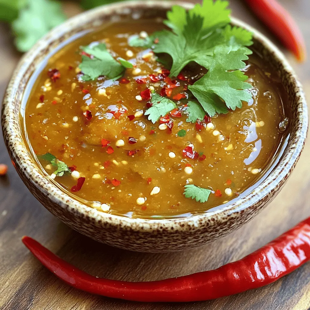To make sweet chili sauce, you need simple ingredients. Here’s what you’ll gather: - 1 cup water - 1/2 cup rice vinegar - 1/2 cup packed brown sugar - 1/4 cup honey - 2 tablespoons soy sauce - 2 teaspoons cornstarch mixed with 2 tablespoons water (slurry) - 4 teaspoons crushed red chili flakes - 2 cloves garlic, finely minced - 1 tablespoon fresh ginger, grated - 1 teaspoon sesame oil - Sea salt, to taste This full recipe gives you a balanced mix of sweet and spicy flavors. It blends nicely in many dishes. A serving of sweet chili sauce (about 2 tablespoons) has: - Calories: 50 - Total Fat: 0g - Sodium: 150mg - Total Carbohydrates: 12g - Sugars: 10g This sauce is low in fat and offers a burst of flavor. Use it wisely in your meal plans. If you’re missing an ingredient, don’t worry! Here are some easy swaps: - Rice vinegar: Use apple cider vinegar or white vinegar. - Brown sugar: White sugar works fine, but add a bit of molasses for flavor. - Honey: Maple syrup is a great vegan option. - Soy sauce: Tamari is a good gluten-free choice. - Crushed red chili flakes: Try fresh chili or sriracha for heat. Feel free to mix and match. Your sauce can still be delicious with these substitutes. To make sweet chili sauce, gather your ingredients first. You'll need: - 1 cup water - 1/2 cup rice vinegar - 1/2 cup packed brown sugar - 1/4 cup honey - 2 tablespoons soy sauce - 2 teaspoons cornstarch mixed with 2 tablespoons water (slurry) - 4 teaspoons crushed red chili flakes - 2 cloves garlic, finely minced - 1 tablespoon fresh ginger, grated - 1 teaspoon sesame oil - Sea salt, to taste Start by mixing the water, rice vinegar, brown sugar, and honey in a medium saucepan. Heat it over medium heat. Stir until the sugar and honey dissolve. This step creates a sweet base for your sauce. Next, add the soy sauce, crushed red chili flakes, garlic, ginger, and sesame oil. Increase the heat a little and let it simmer. This helps the flavors blend well. Keep the sauce simmering for about 5-7 minutes. Stir it often. You want the sauce to thicken slightly. This will give it a nice consistency. After simmering, add the cornstarch slurry. Stir it in well and cook for another 2-3 minutes. This makes the sauce thicker, just how you want it. Taste your sauce and add sea salt as needed. Once it tastes perfect, remove it from the heat. Let it cool for a few minutes. Finally, transfer your sauce to a clean glass jar or airtight container. For the best flavor, refrigerate it for at least 30 minutes. This allows the tastes to meld beautifully. You can find the full recipe above for more details. Using the right cooking techniques is key. Here are some tips: - Simmering: This process helps flavors combine. It also thickens the sauce. - Stirring: Regular stirring prevents the sauce from sticking to the pan. - Tasting: Always taste as you cook. Adjust flavors as needed. Cooking safely is a must. Here are some tips: - Watch the heat. Too high can burn your sauce. - Use oven mitts to avoid burns when handling hot pots. - Keep a clean workspace to prevent spills and accidents. Enjoy making your sweet chili sauce! It adds a burst of flavor to many dishes. To make the best sweet chili sauce, pay attention to your ingredients. Use fresh garlic and ginger for a bright flavor. Choose quality rice vinegar; it makes a big difference. When cooking, keep stirring to avoid burning. Adjust the heat until the sauce simmers gently. This helps blend the flavors well. Let it thicken just enough; it should coat the back of a spoon. Follow the [Full Recipe], and you’ll impress anyone with your sauce! Many people rush and skip the simmering step. This step is key for flavor. Another mistake is not tasting the sauce. Always taste and adjust the salt. If it’s too sweet, add a bit more vinegar. If too spicy, add more honey. Avoid using stale ingredients; they ruin the taste. Lastly, don’t forget to let the sauce cool before storing. This helps it thicken even more. Sweet chili sauce is very versatile. Use it as a dip for spring rolls or grilled shrimp. Drizzle it over grilled chicken or pork for a sweet finish. It pairs well with stir-fried veggies, too. You can even mix it into dressings for salads. Try it with tacos for a unique twist. Get creative, and enjoy every bite! {{image_4}} You can easily make sweet chili sauce at home. The base is simple, allowing you to play with flavors. Use the Full Recipe as a great starting point. Here are a few ideas: - Mango Sweet Chili Sauce: Add fresh or pureed mango for a fruity twist. - Pineapple Sweet Chili Sauce: Mix in crushed pineapple for a tropical vibe. - Herbed Sweet Chili Sauce: Stir in fresh herbs like basil or cilantro for freshness. These changes can add new layers of taste to your sauce. Different cultures have unique spins on sweet chili sauce. In Thailand, the sauce often has a bright, tangy flavor. It pairs well with fried dishes like spring rolls. In Vietnam, they use a similar sauce with fish and seafood. This version may have extra lime and garlic. You can also find a Korean version called gochujang. It combines sweet, spicy, and umami flavors. This sauce often uses chili paste for a deeper heat. Each variation tells a story of its culture. Sweet chili sauce is not just for dipping. You can use it in many dishes. Here are some fun ideas: - Glaze for Grilled Meats: Brush it on chicken or shrimp while grilling. - Stir-Fry Booster: Add it to your stir-fried vegetables for extra flavor. - Salad Dressing: Mix with lime juice and olive oil for a tangy dressing. These uses show how versatile this sauce can be. You will find it enhances many meals! To keep your sweet chili sauce fresh, store it in a clean glass jar. Make sure the jar is airtight. This helps keep the flavors intact. Always let the sauce cool before sealing it. Keeping it in the fridge is best. The cool temperature helps slow down spoilage. When stored properly, sweet chili sauce can last for about two weeks in the fridge. If you see any changes in color or smell, it’s best to toss it. Always check for signs of spoilage before using. If you want to keep it longer, consider freezing it. You can freeze sweet chili sauce for future use. To do this, pour the sauce into ice cube trays. Once frozen, transfer the cubes into a freezer bag. Label the bag with the date. The sauce can last for about six months in the freezer. When you’re ready to use it, just thaw the cubes in the fridge. This way, you can enjoy your homemade flavor anytime! For the full recipe, don’t forget to check out Sweet & Spicy Perfection Chili Sauce ! You can use sweet chili sauce in many ways. It makes a great dip for spring rolls and fried foods. You can drizzle it over grilled chicken or fish for extra flavor. It also works well in stir-fries, adding a sweet and spicy kick. Try mixing it into salad dressings for a unique touch. You can use it as a glaze for roasted vegetables or meats to enhance their taste. Sweet chili sauce has a mild kick. While it contains chili flakes, the sweetness often balances the heat. Most people find it flavorful without being too hot. If you prefer less spice, you can adjust the amount of chili flakes in the recipe. Just remember, the heat level can vary based on the brand or homemade version you choose. Making sweet chili sauce vegan is easy. Simply replace honey with agave syrup or maple syrup. Both options maintain the sweet flavor without using animal products. The remaining ingredients like rice vinegar and soy sauce are typically vegan-friendly. Follow the Full Recipe for a delicious vegan version that everyone can enjoy! You learned how to make sweet chili sauce from scratch. We covered the key ingredients, cooking steps, and safety tips. I shared ways to avoid common mistakes and enhance flavors. You can explore homemade and global variations, plus creative uses for this sauce. Lastly, I provided storage tips to keep your sauce fresh. Whether you dip or drizzle, sweet chili sauce adds great taste to many dishes. Enjoy the process, and have fun with your flavors.