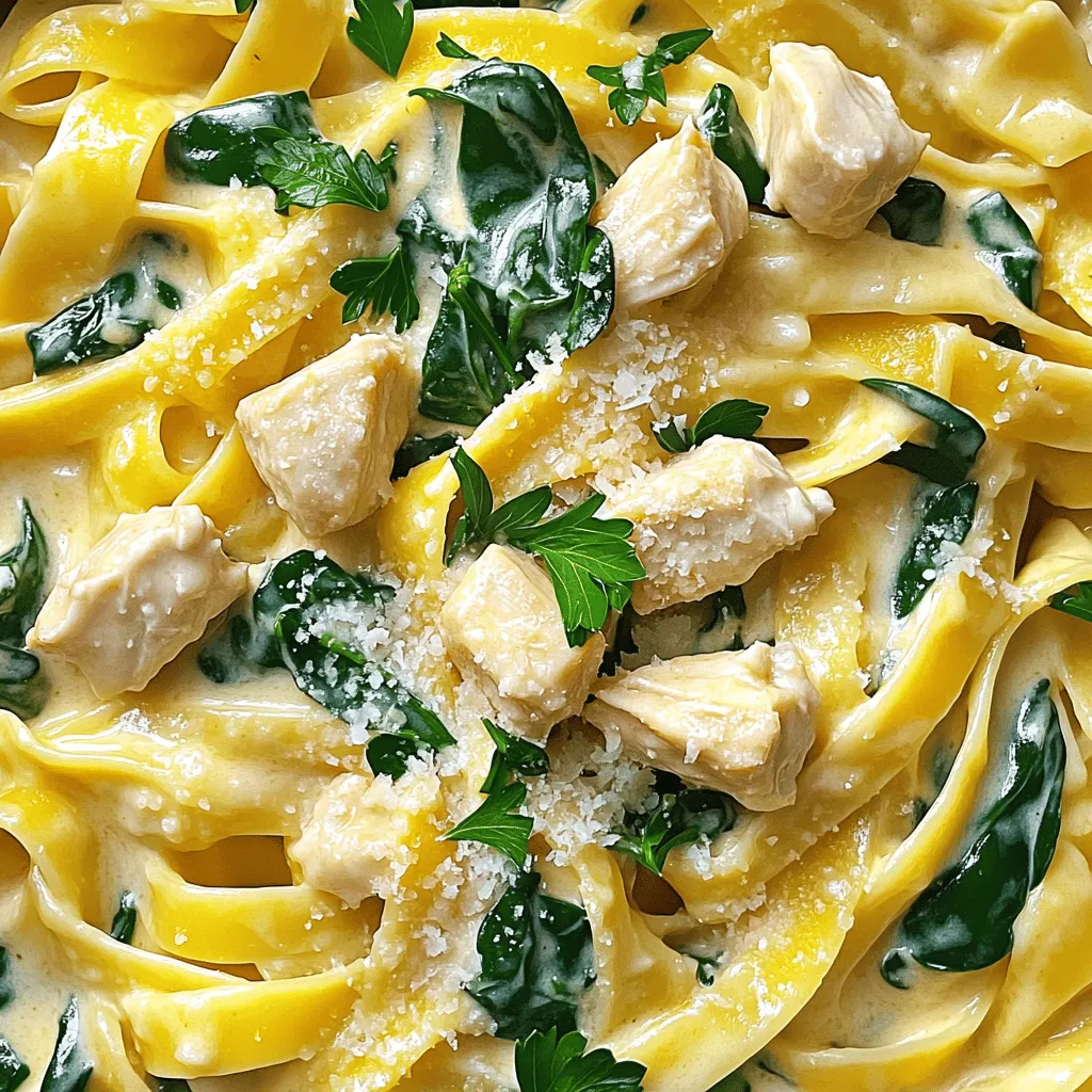 - 2 boneless, skinless chicken breasts, diced into bite-sized pieces - 8 oz pasta (choose fettuccine or penne for optimal sauce adherence) - 4 cloves garlic, finely minced - 1 cup heavy cream (for that luscious texture) - 1 cup chicken broth (low-sodium recommended) - Sea salt, black pepper, Italian seasoning, parsley - Spinach, additional vegetables, or proteins For this creamy garlic chicken pasta, the main ingredients are key. The chicken provides protein, while the pasta serves as a hearty base. Garlic adds flavor, and cream gives that rich, velvety texture. Chicken broth enhances the sauce's depth. Seasonings like sea salt and black pepper elevate the taste. Italian seasoning brings in herbs, making it fragrant. Fresh parsley adds a nice touch when garnished. You can customize the dish with optional add-ins. Spinach brings nutrition and color. You can also use other veggies or proteins like shrimp. These choices let you make the dish your own. For the full recipe, check the detailed instructions to create this delightful meal! Cooking the pasta to al dente Start by boiling a large pot of salted water. Add your pasta and cook it until it is al dente. This usually takes about 8 to 10 minutes. Al dente means the pasta is firm but not hard. Before you drain it, save 1/2 cup of the pasta water. This starchy water helps the sauce stick later. Preparing the chicken for sautéing While the pasta cooks, get your chicken ready. Cut the chicken breasts into bite-sized pieces. Heat olive oil in a large skillet over medium heat. When the oil is hot, add the chicken. Season it with sea salt, black pepper, and Italian seasoning. Sauté the chicken for about 5 to 7 minutes until it is nicely browned and no longer pink. Sautéing garlic and incorporating liquids After cooking the chicken, take it out and keep it warm. In the same skillet, lower the heat and add minced garlic. Sauté the garlic for about 30 seconds. You want it fragrant but not burned. Next, pour in the chicken broth and bring it to a gentle simmer. Let it simmer for 2 to 3 minutes to reduce a bit. Thickening the sauce and integrating ingredients Now, stir in the heavy cream. Let the sauce simmer for about 5 minutes. This helps it thicken and become smooth. Once thickened, return the chicken to the skillet. Add the spinach too. Stir until the spinach wilts. Gradually mix in the grated Parmesan cheese until it melts into the sauce. If the sauce is too thick, add a splash of the reserved pasta water. Combining pasta with the creamy chicken sauce Add the drained pasta to the skillet. Toss everything together until the pasta is well-coated in the creamy sauce. Taste it and adjust the seasoning if needed. Presentation tips for serving Divide the pasta among plates. For a nice touch, sprinkle chopped fresh parsley on top. You can also add more grated Parmesan cheese. This adds color and makes the dish look fancy. Enjoy your creamy garlic chicken pasta! To sauté chicken perfectly, start with a hot skillet. Use medium heat and add olive oil. Once the oil shimmers, add the diced chicken. Let it brown well for that great flavor. Stir it occasionally, but don’t stir too much. This helps it cook evenly. For the sauce, you want it creamy and smooth. After adding the cream, let it simmer gently. This thickens the sauce nicely. If it gets too thick, adding a bit of reserved pasta water helps bring it back. Add fresh herbs for extra taste. Basil and thyme work well. You can also sprinkle in some red pepper flakes for heat. For a richer flavor, mix different cheeses. Try using a blend of Parmesan and mozzarella. This will give your sauce a lovely depth. Prep your ingredients before you start cooking. Chop the chicken and mince the garlic first. This makes the cooking process quick and easy. If you’re short on time, use rotisserie chicken. Just shred it and add it to the sauce. This shortcut keeps the dish fast while still being delicious. {{image_4}} You can change up the pasta type in this recipe. Choose fettuccine, penne, or even farfalle. Each shape holds the sauce a bit differently. I often like to use whole wheat pasta for a healthier twist. If you want a seafood option, swap the chicken for shrimp. Cook the shrimp until they turn pink, then follow the same steps. Tofu is another great swap for a plant-based meal. Just ensure you press the tofu to remove excess water before cooking. To make this dish gluten-free, use gluten-free pasta. Many brands offer options that taste great. For a dairy-free version, choose coconut cream instead of heavy cream. The flavor will change a bit, but it adds a nice twist. If you want a vegetarian option, skip the chicken and add more veggies. Try bell peppers, zucchini, or asparagus. Each will give the dish a fresh taste while keeping it hearty. You can add sun-dried tomatoes for a tangy burst of flavor. Just chop them up and toss them into the sauce. Mushrooms also work well, adding a rich and earthy taste. Sauté them in the same pan as the garlic for the best flavor. Experimenting with different cheeses can enhance the dish. While Parmesan is classic, try adding mozzarella for creaminess or feta for a salty kick. Each cheese brings its own unique profile to the creamy garlic chicken pasta. For the [Full Recipe], refer back to the earlier sections and enjoy making this dish your own! To keep creamy garlic chicken pasta fresh, store it in an airtight container. Place it in the fridge within two hours of cooking. This helps prevent bacteria growth. It stays good for about 3-4 days. If you want to save it longer, consider freezing it. For freezing, use a freezer-safe container. You can freeze it for up to 3 months. Just remember to let it cool completely before freezing to avoid ice crystals. When reheating, you want to avoid drying out the pasta. A stovetop is best for this. Add a splash of water or broth to the pan. Heat it on low until warm. Stir often to keep it moist. If you use a microwave, cover it with a damp paper towel. This keeps the steam in and helps it heat evenly. Heat for 1-2 minutes. Check and stir halfway through. If you plan to meal prep, scaling the recipe is easy. Just double or triple the ingredients based on your needs. Make sure to adjust cooking times as needed. For larger gatherings, consider increasing the portion of pasta and chicken. This way, everyone gets a filling serving. You can also serve it with a side salad or garlic bread to stretch the meal further. You can prepare creamy garlic chicken pasta in advance. Cook the pasta and chicken as usual. Once cooled, store them in separate airtight containers. Keep the sauce in its own container. When ready to serve, reheat each component. Add the pasta to the sauce and mix well. This method keeps the flavors fresh and the pasta from getting soggy. Yes, you can use alternatives to heavy cream. Try half-and-half for a lighter option. Coconut milk adds a unique flavor and is dairy-free. You can also use Greek yogurt, but mix it in after cooking to avoid curdling. Each option changes the texture and flavor slightly, so choose based on your taste. This dish pairs well with several sides. A simple green salad adds freshness. Garlic bread complements the flavors nicely. You can also serve steamed vegetables for added nutrition. Each option enhances your meal without stealing the spotlight from the pasta. Adjusting flavors is easy! You can add more garlic for a stronger taste. If you like spice, sprinkle in some red pepper flakes. For a zestier dish, add lemon juice or zest. Fresh herbs like basil or thyme can brighten the flavors. Experiment and find what you love most! This blog post covered making creamy garlic chicken pasta. You learned about key ingredients, like chicken and garlic. I showed you the step-by-step instructions and shared helpful tips for cooking. You can also try different variations to suit your tastes. Finally, I explained how to store leftovers and adjust the recipe for meal prep. With these ideas, you can create a delicious dish that fits your needs. Enjoy your cooking journey!