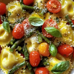 - 1 package (12 oz) of fresh or frozen cheese ravioli - 1 cup of cherry tomatoes, halved - 1 bunch of asparagus, trimmed and sliced into 2-inch pieces - 2 tablespoons extra virgin olive oil - 2 cloves of garlic, finely minced - 1 teaspoon dried basil - 1 teaspoon dried oregano - Sea salt and freshly cracked black pepper to taste - 1/4 cup freshly grated Parmesan cheese (for serving) - Fresh basil leaves for garnish These key ingredients bring fresh flavors to the dish. The ravioli acts as a soft base, while the tomatoes and asparagus add brightness. Olive oil and garlic enhance the taste, making it all come together. - Red pepper flakes for heat - Lemon zest for brightness - Pine nuts for crunch Adding any of these can elevate your meal. Red pepper flakes give a spicy kick. Lemon zest brightens the flavor profile. Pine nuts add a nice texture contrast. - Use spinach or kale instead of asparagus for a different green. - Swap cherry tomatoes for sun-dried tomatoes if you prefer a deeper flavor. - Substitute Parmesan with nutritional yeast for a vegan option. These swaps can help you use what you have at home. Feel free to play with flavors and textures. Cooking should be fun and personal! If you want to try the whole dish, check out the Full Recipe for detailed steps. First, fill a large pot with water. Add a pinch of sea salt. Bring the water to a boil over high heat. Once boiling, add the ravioli. If using fresh ravioli, cook for about 3-5 minutes. If frozen, it may take a bit longer. Stir gently to prevent sticking. Once cooked, drain and set aside. While the ravioli cooks, take a large skillet. Pour in the extra virgin olive oil. Heat over medium. Add minced garlic and cook for about 30 seconds. The smell will be amazing. Then, add the asparagus pieces. Cook for 3-4 minutes. Stir occasionally until the asparagus is tender but still crisp. Next, add the halved cherry tomatoes. Sprinkle in dried basil and oregano. Season with sea salt and cracked black pepper. Cook for another 3-4 minutes. The tomatoes should start to soften. Now that both parts are ready, it’s time to combine. Use a slotted spoon to transfer the ravioli into the skillet. Gently toss everything together. Make sure the ravioli is coated with the tasty garlic, asparagus, and tomato mixture. Remove the skillet from heat. Serve the ravioli in a bowl. Top with freshly grated Parmesan cheese and fresh basil leaves for extra flavor. Enjoy your meal! For more detailed instructions, you can check the Full Recipe. To make great ravioli, focus on timing. Boil your water first. Add salt to the water. This helps flavor the pasta. Fresh ravioli cooks fast, about 3-5 minutes. Frozen ravioli needs longer. Always check the package for exact times. Taste one to see if it’s done. It should be soft but firm. When cooking the asparagus, cut it into 2-inch pieces. This size helps it cook evenly. Sauté it for 3-4 minutes until it’s tender but still bright green. If you cook it too long, it becomes mushy. The garlic should be fragrant but not browned. This gives the dish a fresh taste. This dish shines when served hot. Use shallow bowls to show off the colorful ingredients. For extra flavor, add a drizzle of olive oil on top. You can also add more grated Parmesan cheese. Pair your ravioli with a light salad. A simple mix of greens with lemon dressing works well. If you want to add protein, grilled chicken or shrimp complements the dish nicely. Make your meal look beautiful. First, use fresh basil leaves as a garnish. They add color and flavor. A sprinkle of Parmesan cheese can elevate the look. Arrange the ravioli artfully in your bowl. Consider adding a slice of lemon on the side. This gives a fresh touch. Always remember, we eat with our eyes first! Enjoy making your plate look enticing. For the complete cooking process, refer to the Full Recipe. {{image_4}} You can keep this dish meat-free while adding even more veggies. Try adding spinach, bell peppers, or zucchini. These vegetables add great color and flavor. You can also use a blend of mushrooms for a rich, earthy taste. They pair well with the ravioli and add texture. If you want to add protein, chicken or shrimp works well. Cook diced chicken in the skillet before adding the asparagus. For shrimp, toss them in just before the tomatoes. They cook quickly and soak up the flavors. Tofu is another option. Cube it and sauté it alongside the veggies for a plant-based protein boost. Want to change up the flavors? Add a pinch of red pepper flakes for heat. You could also squeeze fresh lemon juice on top for brightness. Try fresh herbs like parsley or thyme for a refreshing twist. You can even swap dried herbs for fresh ones if you have them. Each tweak can make the dish feel new and exciting. For the full recipe, visit the section on Ingredients and Step-by-Step Instructions. After enjoying your ravioli, let leftovers cool to room temperature. Place them in an airtight container. This helps keep the flavors fresh. Store the container in the fridge. Your leftovers will stay good for about three days. To reheat your ravioli, you have a few options. The stovetop works well. Add a splash of water to a skillet over medium heat. Heat the ravioli, stirring gently until hot. You can also use the microwave. Place the ravioli in a safe dish, cover it, and heat for one to two minutes. You can freeze your ravioli for later meals. First, let it cool completely. Then, place portions in freezer-safe bags. Make sure to remove as much air as possible. Your ravioli can last for up to three months in the freezer. When ready to eat, thaw it overnight in the fridge before reheating. For the complete cooking process, check the Full Recipe. You can tell ravioli is done when it floats. Fresh ravioli cooks in about 3-5 minutes. Frozen ravioli takes a bit longer, usually 5-7 minutes. Always check the package for specific times. To be sure, taste one. It should be soft but firm, not mushy. Yes, you can use many other vegetables. Try bell peppers, spinach, or zucchini. Each adds a unique flavor. You can mix and match based on what you like. Just make sure to cut them small and cook them until tender. You can serve ravioli with a simple salad. A light green salad pairs well. Garlic bread is also a great choice. If you want more protein, add grilled chicken or shrimp. Enjoy your delicious meal with a glass of wine for an extra touch. You can find the Full Recipe online for more details! We explored key ingredients and how each adds flavor to your dish. You learned step-by-step cooking methods for perfect ravioli, asparagus, and tomatoes. I shared tips for cooking, serving, and presenting your meals beautifully. You now know variations, including vegetarian options and storage tips to keep food fresh. Cooking is fun and rewarding. You can make it your own by trying new things. Enjoy your time in the kitchen and share your tasty creations with others!