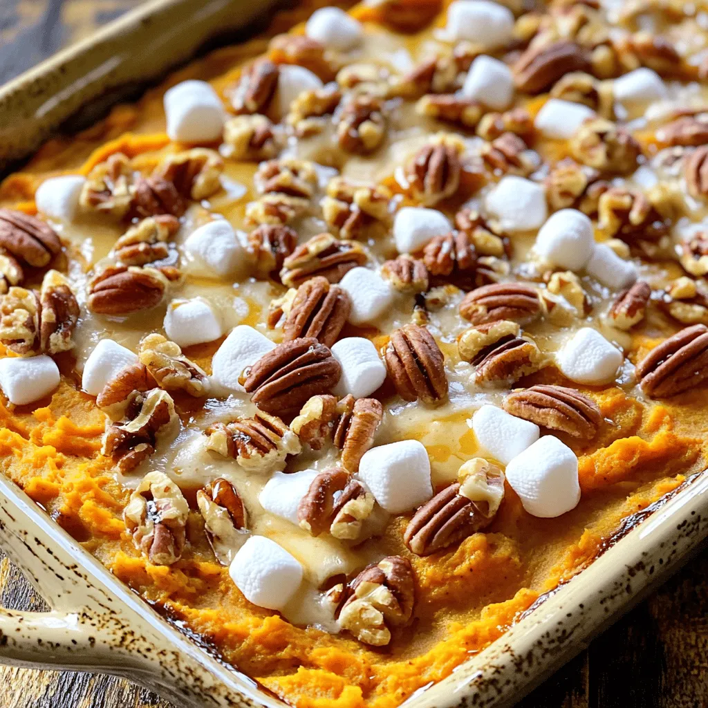- 4 large sweet potatoes - ¼ cup pure maple syrup - ½ cup milk (or almond milk) - 1 teaspoon pure vanilla extract - ½ teaspoon ground cinnamon - ¼ teaspoon ground nutmeg - Salt to taste - 1 cup pecans - ½ cup packed brown sugar - 2 tablespoons unsalted butter - 1 cup mini marshmallows (optional) When making maple pecan sweet potato casserole, you need fresh ingredients. Start with sweet potatoes. Choose large ones that are firm and smooth. They should have no blemishes. Pure maple syrup gives the dish a rich flavor. Look for 100% maple syrup for the best taste. Almond milk works well if you want a dairy-free option. For spices, ground cinnamon and nutmeg add warmth. They balance the sweetness of the potatoes. A pinch of salt enhances all the flavors. Pecans are the star of the topping. Chopped pecans provide a nice crunch. The brown sugar blends with butter to create a sweet, crumbly layer. Finally, mini marshmallows can add a fun touch on top. They melt and create a sweet layer. For the complete flavor experience, check the Full Recipe. You can easily swap some ingredients for different needs. If you want a dairy-free version, use almond milk or oat milk. Coconut milk also adds a unique taste. For gluten-free options, this recipe is naturally gluten-free. Just make sure your brown sugar is gluten-free. If you need a nut replacement, try sunflower seeds. They provide a similar crunch without the nuts. Pumpkin seeds are another great option. - Preheat the oven to 350°F (175°C). - Cook sweet potatoes until fork-tender, about 15 minutes in boiling water. - Mash the sweet potatoes in a bowl until smooth. - Combine the mashed sweet potatoes with maple syrup, milk, vanilla, cinnamon, nutmeg, and salt. Mix well. - Grease a 9x13 inch baking dish with cooking spray or butter. Pour the sweet potato mix into the dish and spread it evenly. - In a separate bowl, mix chopped pecans, brown sugar, and melted butter until crumbly. - Sprinkle the pecan topping over the sweet potato layer. If you want, add mini marshmallows on top for extra sweetness. - Bake the casserole for 30-35 minutes until the topping is golden and crunchy. - Let the casserole cool for a few minutes before serving. This recipe brings warmth and comfort to any meal. For full details, check the Full Recipe. How to select sweet potatoes When picking sweet potatoes, look for firm ones. Avoid those with soft spots or blemishes. Choose medium to large sizes for even cooking. Color should be vibrant, ranging from orange to purple. These colors indicate ripe sweet potatoes full of nutrients. Tips for mashing sweet potatoes After boiling, let your sweet potatoes cool a bit. This helps with mashing. Use a potato masher or fork for smoothness. If you want creamy texture, add a little milk or butter while mashing. This makes your casserole richer and tastier. Ways to visually enhance the dish For an eye-catching look, sprinkle extra chopped pecans on top. A light drizzle of maple syrup adds shine and sweetness. Use a colorful dish to make the casserole pop. You can also garnish with fresh herbs for a fresh touch. Serving suggestions for special occasions Serve this casserole warm at family gatherings or holiday meals. It pairs well with roasted turkey or ham. For a festive touch, add seasonal decorations to the table. Your guests will love both the taste and the look of this dish. Adjusting sweetness levels If you prefer less sweetness, cut back on the maple syrup. You can also add a pinch of salt to balance the flavors. Tasting while mixing helps you find your perfect balance. Remember, you can always add more sweetener later! Aromatic enhancements (spices) To boost flavor, consider adding spices like ginger or cloves. These spices add warmth and depth. Experimenting with spices can make your dish unique. Just a little goes a long way, so start small. {{image_4}} You can change the flavors to make this dish unique. Adding spices like ginger or cloves enhances the taste. These spices bring warmth and depth. You can also try using different sweeteners. Honey or agave syrup can replace maple syrup for a new twist. Each sweetener adds its own flavor profile, making the dish special. You can create fun textures in your casserole. For a crunchy topping, try adding granola or oats. These ingredients give a nice crunch that contrasts well with soft sweet potatoes. You can also mix in fruits like raisins or cranberries. These fruits add sweetness and a chewy texture, making each bite exciting. If you want a vegan option, it's easy to adjust this dish. Use almond milk instead of regular milk. You can also skip the butter or use coconut oil. For a low-sugar version, reduce the brown sugar or use stevia. These swaps keep the dish delicious while meeting your dietary needs. To keep your Maple Pecan Sweet Potato Casserole fresh, follow these simple tips: - Refrigerate: Place leftovers in an airtight container. Store them in the fridge for up to four days. - Freeze: If you want to save it longer, freeze it. Wrap it tightly in plastic wrap and foil. It can last for about three months in the freezer. When it's time to enjoy your casserole again, you have options: - Microwave: This method is quick. Place the casserole in a microwave-safe dish. Heat in short bursts, stirring in between, until warm. - Oven: For better texture, reheat in the oven. Preheat your oven to 350°F (175°C). Cover the dish with foil to keep it moist. Bake for about 20 minutes or until hot. Knowing how long to store your casserole is key: - Storage Time: You can keep it in the fridge for four days or in the freezer for three months. - Signs of Spoilage: Look for off smells, mold, or a change in texture. If it looks or smells bad, don't eat it! For the full recipe, check out the Maple Pecan Sweet Potato Casserole and enjoy! How do I know when the casserole is done? You know the casserole is done when the topping turns golden brown. It should also feel firm to the touch. A toothpick inserted into the center should come out clean. This means the sweet potatoes are heated through. Can I make this casserole ahead of time? Yes, you can prepare the casserole a day in advance. Just cover it and store it in the fridge. When you're ready, bake it straight from the fridge. You may need to add a few extra minutes to the baking time. What can I substitute for pecans or marshmallows? If you need a nut-free option, try sunflower seeds or pumpkin seeds. For the marshmallows, you can use crushed graham crackers or leave them out entirely. Both options will still taste great! Can I use fresh sweet potatoes instead of canned? Yes, fresh sweet potatoes work perfectly! Just peel and cut them into cubes. Boil them until fork-tender, then mash. This will give your casserole a fresh flavor and texture. Nutritional information per serving Each serving has about 250 calories, 6 grams of fat, and 45 grams of carbs. It also has a good amount of fiber and vitamins from the sweet potatoes. Is this recipe suitable for meal prep? Yes, this casserole is great for meal prep. You can make it ahead and store it in the fridge for up to four days. Just reheat individual portions when ready to eat. Check out the Full Recipe for more details! This blog post covered a delicious sweet potato casserole. You learned about the simple ingredients, like sweet potatoes, maple syrup, and pecans. I shared easy steps to prepare and bake your dish. You also found tips for enhancing flavor and presentation. In closing, I encourage you to try this recipe. Feel free to adapt it to suit your taste and dietary needs. Enjoy impressing friends and family with your tasty creation!