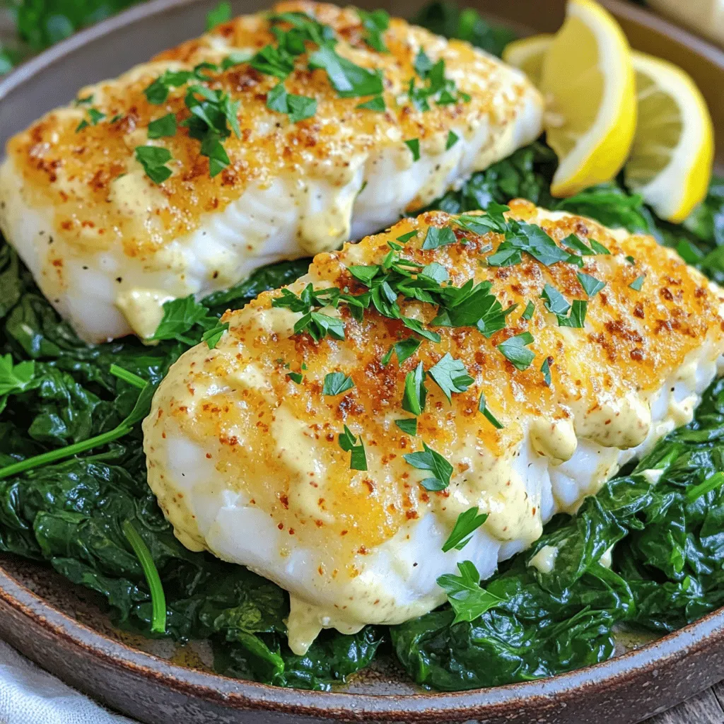 - Cod fillets: These are the star of the dish. Fresh cod is firm and mild. Choose fillets that are bright in color and smell like the sea. Aim for about 6 ounces each for a filling meal. - Mayonnaise and its role: Mayonnaise adds creaminess and flavor. It keeps the fish moist during baking. The fat in mayo creates a rich topping that enhances the cod’s taste. - Seasonings and additions: - 2 tablespoons Dijon mustard: It adds a tangy kick. - 1 tablespoon freshly squeezed lemon juice: This brightens the dish and balances flavors. - 1 teaspoon garlic powder: It gives a lovely savory taste. - 1 teaspoon smoked paprika: This adds a hint of smokiness. - 1 teaspoon dried thyme: It brings a warm, herbal note. - Salt and freshly ground pepper: These enhance all other flavors. - Fresh parsley (for garnish): It adds color and freshness. - Lemon wedges (for serving): These give a zesty touch. - Converting measurements for different serving sizes: If you want to serve more or fewer people, simply adjust the amount of each ingredient. For example, for six servings, use 6 cod fillets and increase the mayo and seasonings in proportion. - Substitutions for key ingredients: If you don’t have mayonnaise, Greek yogurt is a great alternative. It is creamy and adds a nice tang. For Dijon mustard, yellow mustard also works well, though it is milder. 1. First, preheat your oven to 400°F (200°C). This helps cook the cod evenly. 2. Line a baking sheet with parchment paper. This makes cleanup easy and keeps the fish from sticking. 3. In a medium bowl, mix 1/2 cup mayonnaise, 2 tablespoons Dijon mustard, 1 tablespoon lemon juice, 1 teaspoon garlic powder, 1 teaspoon smoked paprika, and 1 teaspoon dried thyme. 4. Add a pinch of salt and a dash of pepper to the mix. Stir until it is smooth and creamy. 1. Place 4 cod fillets on the prepared baking sheet. Make sure to space them out. 2. Lightly season the fillets with salt and pepper. This brings out their flavor. 3. Take the creamy topping and spread it over each cod fillet. Be generous for the best taste. 4. Put the baking sheet in the oven and bake for 12-15 minutes. The cod should flake easily when done, and the topping should look golden. 1. After baking, take the cod out and let it rest for one minute. 2. Garnish with fresh parsley for a pop of color. 3. Serve with lemon wedges on the side for extra zest. 4. For a nice touch, serve the cod on a bed of sautéed spinach or with roasted veggies. This simple and tasty dish will impress your family and friends! For the full recipe, check out the details above. How do you ensure cod is perfectly flaky? First, use fresh cod. Fresh fish cooks better. When baking, don’t overcook it. Bake until it flakes easily with a fork. This usually takes 12-15 minutes at 400°F. Keep an eye on it, so it doesn’t dry out. Why is seasoning important? Seasoning enhances the cod's natural flavor. A little salt and pepper go a long way. The creamy mayo topping also adds flavor. Use garlic powder and smoked paprika for a tasty twist. These spices make the dish really pop! How do you choose fresh cod? Look for cod with a clean smell. It should smell like the ocean, not fishy. The flesh should be firm and shiny, with no discoloration. If possible, buy from a trusted fishmonger or market. What mayo should you select for flavor? Not all mayo is the same. Choose a high-quality mayo for the best taste. Some mayos are made with olive oil or other natural ingredients. They add depth to your dish. You can even try flavored mayo for extra zest! For the full recipe, check the section above. {{image_4}} You can easily change up the flavor of your baked cod. Here are some ideas: - Adding different herbs or spices: Try using dill, oregano, or basil for a fresh taste. A pinch of cayenne pepper can add a nice kick. You can also switch smoked paprika for sweet paprika if you prefer less heat. - Alternative toppings: For a twist, mix in some grated cheese like parmesan or cheddar. You could also use crushed crackers or breadcrumbs to add texture. Sliced tomatoes on top can add a juicy burst of flavor. Making this dish fit different diets is simple. Here are some options: - Options for gluten-free and low-fat versions: Use gluten-free mayo to keep it gluten-free. For a low-fat version, consider Greek yogurt as a substitute for mayonnaise. It gives a creamy texture with fewer calories. - Vegan alternatives for the creamy topping: Swap the mayo with a vegan mayo or a mix of silken tofu and lemon juice. This keeps the dish creamy and delicious without any animal products. These variations let you create a dish that suits your taste and dietary needs while remaining tasty and satisfying. For the full recipe, check out the detailed instructions above. To keep your baked cod fresh, store it in an airtight container. Place a piece of parchment paper between the fish and the lid to absorb moisture. This helps keep the cod from getting soggy. You can store it in the fridge for up to three days. When reheating, preheat your oven to 350°F (175°C). Place the cod on a baking sheet and cover it with foil. Bake for about 10 minutes, or until heated through. This keeps the fish moist while warming it up. Yes, you can freeze baked cod! It’s best to freeze it right after it cools. Wrap each fillet tightly in plastic wrap, then place them in a freezer bag. Remove as much air as possible to avoid freezer burn. You can store it in the freezer for up to three months. When you’re ready to eat, thaw the cod in the fridge overnight. To reheat, follow the same steps as before for the best taste and texture. If you want to jazz it up, add a little more mayo topping before baking! How long to bake cod at different temperatures? You can bake cod at various temperatures. If you bake it at 350°F (175°C), it takes about 15-20 minutes. At 375°F (190°C), plan for 12-15 minutes. Baking at 400°F (200°C) is ideal, taking just 12-15 minutes for a perfect texture. The key is to look for the cod to be opaque and flaky. Can I use other types of fish instead of cod? Yes, you can use other fish! Options like haddock, tilapia, or pollock work well. These fish have a mild flavor and cook similarly. Just adjust the cooking time if the fillets are thicker or thinner than cod. What is the best way to check if cod is done? The best way to check if cod is done is to use a fork. Gently poke the fish; it should flake easily. If it still looks translucent, it needs more time. You can also use a food thermometer. The internal temperature should be about 145°F (63°C). How can I make my mayo topping more flavorful? To boost the flavor of your mayo topping, try adding herbs like dill or cilantro. You can also mix in some capers or chopped olives for a briny kick. A splash of hot sauce or a pinch of cayenne pepper adds a nice heat. Experiment with different combinations to find your favorite. What side dishes pair well with baked cod? Baked cod pairs nicely with many sides. Try serving it with roasted vegetables like asparagus or carrots. A simple green salad or sautéed spinach adds freshness. For a hearty option, consider rice or quinoa to soak up the flavors. Can I prepare this dish in advance? You can prepare the cod dish in advance. Mix the mayo topping and spread it over the fish. Cover it with plastic wrap and keep it in the fridge for up to 24 hours. When ready, just pop it in the oven. This saves time and lets the flavors meld together. In summary, I covered key ingredients, measurement conversions, and step-by-step instructions for baking cod. I also shared tips on cooking techniques and ingredient quality, plus variations for dietary needs. Remember, selecting fresh ingredients is crucial for flavor. Storing leftovers properly keeps your meal fresh. You can enjoy this tasty dish in many ways. Explore different flavors to make it your own. Happy cooking, and enjoy your delicious baked cod!