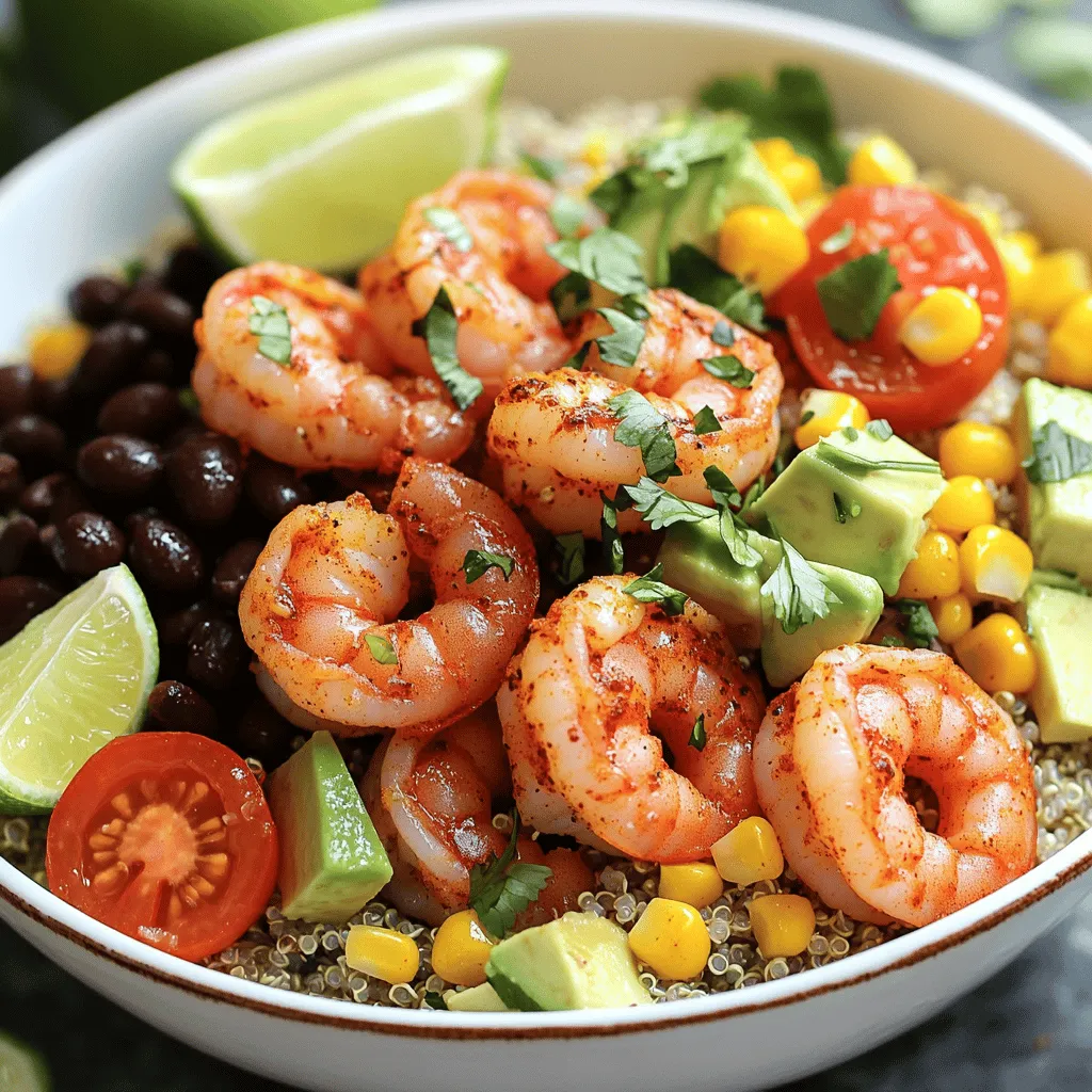 - 1 lb shrimp: Choose fresh shrimp if possible. Look for shrimp that are firm and smell like the ocean. You can use large shrimp or medium-sized shrimp based on your preference. Sourcing from local markets often ensures better quality. - Fresh vegetables: I like to use cherry tomatoes, avocado, and corn. Cherry tomatoes add sweetness. Avocado gives a creamy texture. Corn brings a nice crunch. You can use fresh corn or canned, but fresh is best when in season. - Essential spices: For this recipe, I use chipotle powder, cumin, and smoked paprika. Chipotle powder gives a smoky heat. Cumin adds warmth and earthiness. Smoked paprika enhances the flavor with a rich, smoky taste. - Olive oil & seasonings: Always choose high-quality extra virgin olive oil. It enhances flavor and adds healthy fat to the dish. Use fresh lime juice and good salt for the best taste. - Quinoa: Quinoa is a great base for this bowl. It's full of protein and fiber. To cook it, rinse the quinoa first to remove any bitterness. Then, use a 2:1 water-to-quinoa ratio. Cook it until it fluffs up nicely. - Canned black beans: When choosing black beans, look for organic options without added sugar. Rinse them well to remove excess sodium. They add protein and fiber, making the bowl more filling. For the full recipe, follow the details in the previous section. To make the marinade, combine the following in a large bowl: - 1 lb shrimp, peeled and deveined - 2 tablespoons extra virgin olive oil - 1 teaspoon chipotle powder - 1 teaspoon ground cumin - 1/2 teaspoon smoked paprika - Juice of 2 fresh limes - Salt and freshly ground black pepper, to taste Stir gently to coat the shrimp well. This step is key for flavor. Let the shrimp marinate for 15-20 minutes. This gives the spices time to seep in. While the shrimp marinates, cook the quinoa. Use 2 cups of water for 1 cup of quinoa. Bring the water to a boil, then add the quinoa. Cover and reduce the heat to low. Cook for about 15 minutes. When done, remove from heat and let it sit for 5 minutes. Fluff the quinoa with a fork to make it light and airy. Heat a large skillet over medium-high heat. Once hot, add the shrimp in a single layer. Cook for about 2-3 minutes on each side. Watch for the shrimp to turn pink and opaque. This means they are fully cooked. Remove from heat. Start with a scoop of quinoa as the base in each bowl. Then, layer the following ingredients: - 1 cup canned black beans, rinsed and drained - 1 cup cherry tomatoes, halved - 1/4 cup corn (fresh or canned) - 1 ripe avocado, diced Arrange them in sections for a pretty look. Finally, top each bowl with the cooked shrimp. Sprinkle fresh cilantro over the shrimp for a burst of flavor. Serve with lime wedges on the side for a zesty touch. Enjoy your Chipotle Lime Shrimp Bowl with this [Full Recipe]. To make your Chipotle Lime Shrimp Bowl just right, you can adjust the spice. If you like more heat, add extra chipotle powder. For less spice, use less. You can also mix in some lime zest for a bright kick. For garnishing, consider topping with fresh cilantro or a slice of lime. This not only adds flavor but also makes your bowl look pretty. A sprinkle of sea salt can enhance all the flavors too. You can save time by preparing ingredients ahead. Cook your quinoa and let it cool. You might even want to make it the day before. Keep canned black beans on hand for quick use. They save you time on soaking and cooking. Using pre-cooked quinoa is smart. This lets you whip up the dish quickly. You can also rinse canned black beans to make them clean and ready to eat. You have a few options for cooking shrimp. Grilling adds a smoky flavor, while pan-searing is quick and easy. Both methods work well, so choose what fits your kitchen best. If you have leftover shrimp, don’t toss it! You can use it in tacos, salads, or even pasta. Just reheat gently to keep the shrimp tender. {{image_4}} You can switch shrimp for chicken or tofu in your bowl. If you choose chicken, use boneless, skinless chicken breast. Cut it into small pieces. Marinate it the same way as shrimp. Cook the chicken until it reaches 165°F. This will take about 5-7 minutes on medium heat. For tofu, use firm or extra-firm tofu. Cut it into cubes and marinate. Cook it for about 4-5 minutes until golden. Adjust cooking times to ensure the proteins are fully cooked and flavorful. Want to add sweetness? Toss in mango or pineapple chunks. These fruits pair well with the spicy chipotle. You can also try different spices. Cajun or Italian seasoning can change the flavor profile. Use a dash of your favorite spice mix to make it unique. These changes keep the dish fresh and fun. Experiment and find what you love most! Using seasonal produce makes your bowl even better. In the summer, add fresh corn or zucchini. In the fall and winter, consider roasted butternut squash or Brussels sprouts. These ingredients change the taste and keep your meals varied. You will enjoy the fresh flavors that each season brings. Adjust your bowl based on what is available and in season. This will make your cooking more sustainable and delicious. To keep your Chipotle Lime Shrimp Bowl fresh, store leftovers in an airtight container. Make sure to cool the bowl to room temperature before sealing. This helps prevent sogginess. It can stay good in the fridge for up to 3 days. After that, the shrimp may lose texture and taste. If you want to save it for later, you can freeze the bowl. However, some parts freeze better than others. The shrimp and quinoa freeze well, but fresh veggies like avocado and tomatoes do not. Assemble the bowl without these ingredients before freezing. When you’re ready to eat, thaw it overnight in the fridge. To reheat, warm the shrimp and quinoa in a skillet over low heat. Stir often to keep the texture nice. Avoid the microwave, as it can make shrimp rubbery. Add fresh veggies and a squeeze of lime just before serving for that fresh taste. Enjoy your meal! A Chipotle Lime Shrimp Bowl is a tasty meal featuring shrimp marinated in chipotle spices and lime juice. This dish blends fresh and bold flavors. It likely comes from Mexican cuisine, where lime and chili are common. The shrimp is cooked quickly and served over quinoa with veggies. This bowl is colorful, healthy, and easy to make. Yes! To make a gluten-free Chipotle Lime Shrimp Bowl, use gluten-free quinoa. Ensure that your spices are gluten-free too. Most canned black beans are gluten-free, but always check the label. You can replace any other non-gluten ingredients with gluten-free options without losing flavor. To amp up the heat, add more chipotle powder or fresh chopped jalapeños. You can also use a dash of hot sauce or cayenne pepper. If you want extra spice, consider marinating the shrimp longer to absorb more flavor. Adjust each ingredient to your taste. This bowl pairs well with a simple side salad or grilled vegetables. You could also serve it with tortilla chips and salsa for a crunchy texture. Another great option is a refreshing mango salsa that adds sweetness. Each side enhances the meal. Yes! A Chipotle Lime Shrimp Bowl is healthy and balanced. Shrimp are high in protein and low in calories. Quinoa adds fiber and essential nutrients. The fresh veggies, like tomatoes and avocado, provide vitamins and healthy fats. Overall, this dish is a great choice for a nutritious meal. In this post, we explored how to create a delicious Chipotle Lime Shrimp Bowl. We covered essential ingredients, step-by-step cooking instructions, and tips for perfecting flavor. You can adjust the recipe to fit your tastes or switch proteins easily. Remember, fresh and quality ingredients make a big difference. Cook with confidence and enjoy this tasty dish. Experimenting will help you discover new flavors you love. Get ready to enjoy a healthy meal that’s easy to make and fun to share!