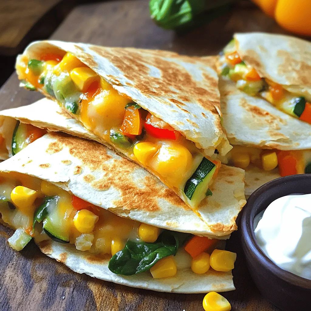 - Flour Tortillas: Use large flour tortillas. They should be soft and easy to fold. A size of 10 inches works best for a good filling. - Cheese Choices: I love using a mix of cheddar and mozzarella. Cheddar gives a sharp flavor, while mozzarella makes it gooey. Aim for one cup of each for the best taste. - Vegetables: Choose fresh veggies. Bell peppers add color and crunch. Zucchini brings a nice texture. Spinach gives a healthy boost. You can also use corn for sweetness. - Spices: Ground cumin adds warmth. Smoked paprika gives depth and a bit of smokiness. Use one teaspoon of each for a balanced flavor. - Optional Accompaniments: Serve with sour cream or salsa. Both add creaminess and zest. You can choose your favorite brand or make your own for an extra touch. For the full recipe, be sure to check out the detailed instructions to make these easy veggie quesadillas. How to Properly Dice and Prepare Vegetables Start by washing your vegetables. For the bell pepper, slice it in half and remove the seeds. Then, chop it into small pieces. For the zucchini, cut off the ends and slice it into rounds, then dice. This size helps them cook evenly in the skillet. Lastly, rinse the spinach and roughly chop it. This makes it easier to mix with the other veggies. Tips for Shredding Cheese Efficiently Use a box grater for quick shredding. Hold the cheese firmly and move it up and down the grater. This method gives you soft, fluffy cheese. Mix cheddar and mozzarella for a great blend of flavors. The cheddar adds sharpness, while mozzarella gives that gooey texture we all love. Detailed Cooking Instructions for Perfectly Sautéed Vegetables Heat a large skillet over medium heat. Add one tablespoon of olive oil. Once hot, toss in the diced bell pepper and zucchini. Stir them for about five minutes. You want them tender and slightly browned. Then, add the corn and spinach for another two to three minutes. The spinach should wilt, and the corn needs to be warmed. Season with cumin, smoked paprika, salt, and pepper. This mix gives your quesadillas a great flavor. Best Practices for Layering Ingredients in the Tortilla Wipe the skillet clean and add the rest of the olive oil. Place a tortilla in the skillet. Sprinkle half with cheese, then add the veggie mix on top. Top it off with more cheese. This helps hold everything together. Carefully fold the tortilla in half. Cook for about three to four minutes on each side. Press down gently with a spatula. You want a nice golden crust and melted cheese. Repeat this with the remaining tortillas. Once done, cut them into wedges and serve with salsa or sour cream. For the Full Recipe, check out the complete details. Achieving the Ideal Cheese Melt To get that perfect cheese melt, use a mix of cheddar and mozzarella. The cheddar adds sharpness, while mozzarella brings creaminess. Always sprinkle a bit more cheese on top of your filling. This helps bind the quesadilla and gives a gooey texture. Cook them on medium-low heat. This way, the cheese melts evenly without burning the tortilla. How to Avoid Soggy Quesadillas To keep your quesadillas crispy, avoid overloading them with veggies. Use just enough filling to cover half the tortilla. Sauté your vegetables until they are tender but not watery. Let them cool slightly before adding to the quesadilla. This prevents extra moisture from making the tortilla soggy. Presentation Ideas for an Attractive Platter Arrange your quesadilla wedges on a colorful plate. Use a variety of colors to make it pop. Garnish with fresh cilantro and lime wedges. This not only looks great but adds fresh flavor. You can even drizzle a little sauce over the top for a stylish touch. Side Dishes to Complement Veggie Quesadillas Pair your quesadillas with simple sides. A fresh salad with tomatoes and avocado works well. You can also serve them with a bowl of salsa or guacamole. These dips add great flavor and make your meal more fun. They also help balance the richness of the cheese. {{image_4}} Adding Proteins: Options for Meat Lovers If you enjoy meat, you can add cooked chicken, beef, or shrimp. These proteins work well in quesadillas. Just ensure to season the meat with spices like cumin or paprika for extra flavor. Add about 1 cup of your chosen protein to the veggie mix. This helps create a heartier meal that everyone will love. Creative Veggie Combinations for Flavor Boosts Feel free to get creative with your veggies. You can add mushrooms, onions, or black beans. These ingredients add great taste and texture. For a fresh twist, try adding fresh herbs like cilantro or basil. Experimenting with different combinations will keep your quesadillas exciting! Oven-Baked Veggie Quesadillas: Instructions and Tips To make oven-baked quesadillas, preheat your oven to 400°F (200°C). Line a baking sheet with parchment paper. Assemble the quesadillas as you would in a skillet. Place them on the sheet and brush the tops with olive oil. Bake for 15 minutes or until golden brown. This method allows multiple quesadillas to cook at once. Air Fryer Method for Crispier Texture Using an air fryer is another great option. Set your air fryer to 375°F (190°C). Place one or two quesadillas in the basket, ensuring they do not touch. Cook for about 8 minutes, flipping halfway through. This method gives you a crispy texture while keeping the inside gooey and delicious. To keep your leftover quesadillas fresh, follow these easy steps. First, let them cool completely. This prevents moisture buildup in the container. Place the quesadillas in an airtight container. You can also wrap them in plastic wrap. Store them in the fridge for up to three days. For long-term storage, freezing works great. Wrap each quesadilla in foil or plastic wrap. Then, place them in a freezer-safe bag. Squeeze out as much air as you can. This helps prevent freezer burn. You can freeze them for up to three months. When it’s time to enjoy your quesadillas again, reheating is key. The best method is to use a skillet. Heat it over medium heat. Add a little oil if needed. Place the quesadilla in the skillet. Cook for about three minutes on each side. This keeps the tortilla crispy and the cheese melty. Avoid using a microwave if you can. Microwaving makes quesadillas soggy. If you must, use a paper towel to cover them. This helps absorb excess moisture. Reheat in short bursts, checking often to prevent overcooking. For more details on making these tasty quesadillas, check out the Full Recipe. Can I make these quesadillas gluten-free? Yes, you can easily make these quesadillas gluten-free. Simply swap the flour tortillas for gluten-free ones. Look for brands that use brown rice or almond flour. These options work well and still taste great. What are some good substitutes for cheese? If you're looking to skip cheese, try using mashed avocado or a nut-based cheese. These options can add creaminess without dairy. You could also use thinly sliced tofu for a different texture. How long can I store cooked quesadillas in the fridge? You can store cooked quesadillas in the fridge for up to three days. Make sure to wrap them tightly in plastic wrap or foil. This keeps them fresh and prevents them from drying out. What are easy side dishes to serve with veggie quesadillas? Great side dishes include a fresh salad or guacamole. You can also serve salsa on the side. These options add flavor and texture to your meal. Are veggie quesadillas healthy? Yes, veggie quesadillas can be quite healthy. They offer fiber from the vegetables and protein from the cheese. This combination makes them a balanced meal. How can I make this recipe lower in calories? To cut calories, use less cheese or choose lower-fat cheese. You can also add more veggies to increase volume without adding many calories. This keeps your meal filling while reducing calorie intake. You learned about making easy veggie quesadillas, their key ingredients, and prep steps. Remember, choosing the right cheese and seasoning is vital for flavor. Pay attention to cooking methods for great texture and taste. You can customize your quesadillas and store leftovers well. With these tips, you can enjoy delicious meals anytime. Experiment with different veggies and proteins to find your favorite combo. Healthy, easy, and fun—veggie quesadillas can be a great dish for you!