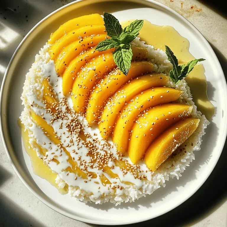 - 1 cup glutinous rice (sticky rice) - 1 1/2 cups coconut milk - 1/2 cup granulated sugar - 2 ripe mangoes, peeled and cut into thin slices - 1 tablespoon sesame seeds or shredded coconut - Fresh mint leaves Selecting Ripe Mangoes Pick mangoes that are slightly soft to the touch. They should smell sweet and fruity. Look for a vibrant color, as this indicates ripeness. Avoid mangoes with dark spots or wrinkles. Choosing the Best Coconut Milk Select a high-quality coconut milk for the best flavor. Look for brands with minimal additives. For a richer taste, choose full-fat coconut milk. Shake the can before opening to mix the cream and liquid well. For the full recipe, check out the details above. - Rinsing the Rice: Start by rinsing 1 cup of glutinous rice. Use cold, running water. Rinse until the water runs clear. This step removes excess starch and keeps the rice from being too sticky. - Soaking Recommendations: Next, soak the rinsed rice in water. Cover it completely and leave it for at least 3 hours. For the best texture, soak it overnight. - Steaming Process: After soaking, drain the rice well. Set up a steamer by lining it with cheesecloth or a clean kitchen towel. Place the soaked rice in the steamer. Steam over boiling water for about 30 to 40 minutes. The rice should be tender and sticky when done. - Combining Ingredients: While the rice steams, grab a saucepan. Mix 1 1/2 cups of coconut milk, 1/2 cup of granulated sugar, and 1/4 teaspoon of salt in it. - Heating and Dissolving Sugar: Heat the mixture over medium heat. Stir it often until the sugar dissolves completely. Don't let the mixture boil; keep it warm. - Mixing Rice and Sauce: Once the rice is ready, transfer it to a large bowl. Pour 1 cup of the warm coconut sauce over it. Fold the rice gently to mix. Let it rest for about 10 minutes. This helps the rice soak up the sauce. - Slicing the Mango: Take 2 ripe mangoes and peel them. Cut them into thin slices or wedges. Aim for nice, neat pieces to make the dish look great. - Plating the Dish: To serve, place a good portion of sticky rice on a plate. Add the sliced mango next to it. - Drizzling with Coconut Sauce: Drizzle the remaining coconut sauce over the rice and mango. This adds extra flavor and makes it look beautiful. Enjoy your Tropical Mango Sticky Rice! For the complete recipe, check the Full Recipe section. - Soaking Duration: Soak glutinous rice for at least 3 hours. For best results, soak it overnight. This helps soften the grains and enhances the sticky texture. - Steaming Tips: Use a steamer lined with cheesecloth. Make sure the water is boiling before placing the rice in. Steam for 30 to 40 minutes until the rice is tender and sticky. - Coconut Sauce Variations: You can add a splash of vanilla extract to the coconut sauce. This gives a warm flavor that pairs well with the mango. - Additional Dairy-Free Options: If you want a nutty twist, try using almond or cashew milk instead of coconut milk. This change adds a unique depth to the dish. - Arranging Mango Slices: Slice the mangoes thinly and fan them out on the plate. This makes the dish look more inviting and colorful. - Creative Garnishing Techniques: Sprinkle sesame seeds or shredded coconut on top for added texture. Fresh mint leaves not only look great but also add a fresh taste to each bite. For the full recipe, check out the Tropical Mango Sticky Rice instructions. {{image_4}} You can swap mangoes for other tropical fruits. Pineapple, papaya, or banana work well. Each fruit brings a unique taste. For seasonal options, try strawberries in summer or apples in fall. These fruits add a twist and keep the dish exciting. This recipe can fit many diets. For gluten-free needs, glutinous rice is naturally safe. If you want vegan options, use plant-based sugar and coconut milk. Both choices keep the dish rich and creamy without animal products. Get creative by mixing in different ingredients. Add a splash of lime juice for tang. You can also try a little ginger for warmth. Incorporating other Asian flavors like matcha or black sesame can elevate the dish. Each addition creates a new experience, making it fun to explore. When you have leftover Tropical Mango Sticky Rice, store it in the fridge. Place the rice in an airtight container. This keeps it fresh for about 2 to 3 days. Make sure to cover the mango slices. They can brown quickly. To enjoy the mango slices, eat them within a day. If you want to save your sticky rice for longer, freezing is a great option. Allow the rice to cool completely before freezing. Place it in a freezer-safe bag or container. Remove as much air as possible to prevent freezer burn. You can freeze it for up to a month. Just remember to label the bag with the date. To reheat sticky rice, use a steamer if possible. This method keeps the rice moist and fluffy. You can also microwave it. Add a splash of water to the rice and cover it. Heat for 30-second intervals until warm. Avoid heating too long to prevent it from drying out. Enjoy your Tropical Mango Sticky Rice just like fresh! To select ripe mangoes, look for a few key signs. Choose mangoes that are slightly soft when you gently squeeze them. They should have a sweet aroma near the stem. The skin color varies by type, but a golden hue often means ripeness. Avoid mangoes with dark spots or wrinkles. Using regular rice won’t give the same sticky texture. Glutinous rice, also known as sticky rice, is essential for this dish. It absorbs coconut milk well, creating a creamy finish. For the best results, stick with glutinous rice. Tropical Mango Sticky Rice can last up to three days in the fridge. Store it in an airtight container to keep it fresh. Make sure to separate the mangoes from the rice to avoid sogginess. Yes, you can make this dish ahead of time. Prepare the sticky rice and coconut sauce in advance. Just slice the mangoes right before serving to keep them fresh. This way, you save time and still impress your guests. If you need a substitute for coconut milk, use almond milk or cashew milk. These alternatives add creaminess but have different flavors. You can also make a blend of regular milk with a little coconut extract for a similar taste. Tropical Mango Sticky Rice is a delightful treat made from simple, fresh ingredients. We’ve looked at how to select ripe mangoes and the best coconut milk for flavor. I shared step-by-step cooking tips and creative ways to serve this dish. Remember, you can customize it with different fruits or clever garnishes. Enjoy making this recipe. It’s easy and fun, and it brings a taste of the tropics to your kitchen. Try it today!