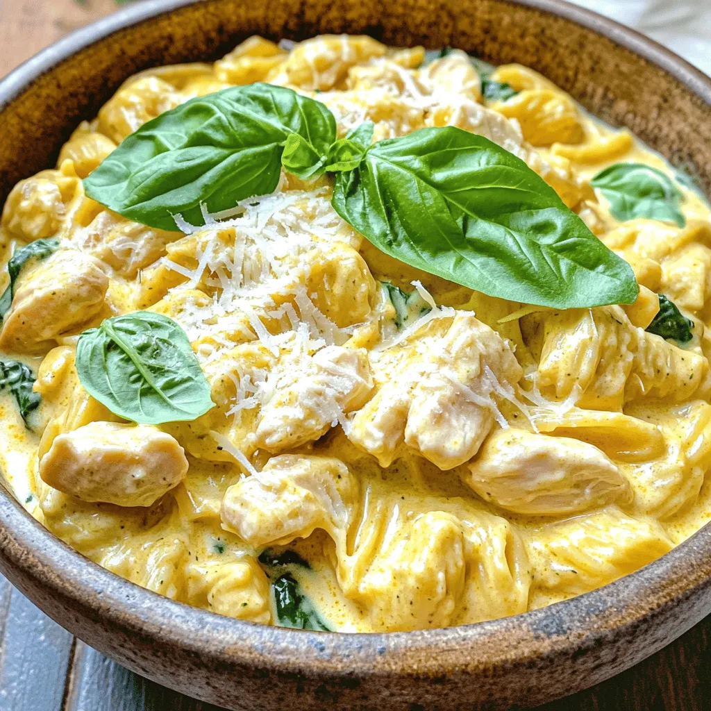 - 1 lb boneless, skinless chicken breasts, cut into bite-sized pieces - 1 tablespoon extra virgin olive oil - 4 cups low-sodium chicken broth - 2 cups pasta of your choice (farfalle or penne work beautifully) - 1 cup heavy cream - 1 cup freshly grated Parmesan cheese - 1 cup fresh baby spinach - 1 teaspoon garlic powder - 1 teaspoon onion powder - 1 teaspoon Italian seasoning - Sea salt and freshly ground black pepper to taste - Fresh basil leaves for garnish - Extra Parmesan cheese for serving - A splash of lemon juice for brightness When making Instant Pot creamy chicken pasta, you want the best ingredients. Fresh chicken adds flavor and texture. Olive oil gives a nice base for sautéing. Chicken broth is key for a rich sauce. Choose pasta shapes that hold sauce well, like farfalle or penne. Heavy cream and Parmesan cheese create that creamy texture we all love. Spinach adds color and nutrition. Seasonings are simple but vital. Garlic powder and onion powder add depth. Italian seasoning brings herbs together. Don't forget salt and pepper to enhance all these flavors. Optional add-ins can elevate your dish. Fresh basil leaves add a pop of freshness. Extra Parmesan cheese gives a richer taste. A splash of lemon juice brightens the dish, making it even more delightful. For the full recipe, check out the details above. 1. Start by cutting your chicken breasts into bite-sized pieces. This helps them cook evenly. 2. Gather your spices. You will need garlic powder, onion powder, and Italian seasoning. 3. Measure out the chicken broth, heavy cream, and Parmesan cheese for later use. 4. Rinse your fresh baby spinach. It adds great color and flavor to the dish. 5. Have your pasta ready. Farfalle or penne work best for this recipe. 1. Turn on your Instant Pot and select the sauté function. Wait until it heats up. 2. Pour in the olive oil. Once it shimmers, add the seasoned chicken pieces. 3. Sauté the chicken for about 3-4 minutes until it is golden brown. 4. Carefully add the chicken broth. Use a wooden spoon to scrape up any bits. 5. Add the pasta to the pot, making sure it is covered with broth. 6. Close the lid and set the Instant Pot to manual high pressure for 4 minutes. 7. When the timer beeps, perform a quick release. Turn the valve to venting slowly. 1. Once the steam has escaped, open the lid carefully. Stir the mixture gently. 2. Pour in the heavy cream and add the grated Parmesan cheese. Mix until creamy. 3. Fold in the fresh baby spinach. It will wilt quickly in the warm pasta. 4. Taste the dish and add more salt or pepper if needed. 5. Serve hot, garnishing with fresh basil leaves for a pop of color. For the full recipe, check out the Instant Pot Creamy Chicken Pasta Delight. Enjoy your meal! To get pasta just right, follow a few simple steps. First, choose the right type of pasta. I find farfalle or penne work best. They hold sauce well and cook evenly. When adding pasta to the Instant Pot, make sure it is fully submerged. This helps it cook without becoming mushy. For an extra flavor boost, think about adding fresh herbs. Chopped parsley or thyme can make a big difference. You can also squeeze a little lemon juice before serving. This brightens the dish and balances the creaminess. If you like heat, red pepper flakes add a nice kick. One common mistake is not scraping the bottom of the pot. This can lead to burnt bits and a less tasty dish. Always use a wooden spoon to deglaze the pot after browning the chicken. Another mistake is overcooking the pasta. Stick to the 4-minute cooking time for perfect pasta. Lastly, don’t forget to taste before serving. Adjust salt and pepper to your liking for a perfect finish. For the full recipe, check out Instant Pot Creamy Chicken Pasta Delight. {{image_4}} You can swap the chicken for other proteins. Try using shrimp or turkey instead. Both options work well and taste great. You can also use tofu if you want a lighter meal. Just remember to adjust cooking times. Shrimp cooks fast, while turkey may need a few extra minutes. If you need a gluten-free version, choose gluten-free pasta. Many brands offer great options that taste good. Make sure to check the cooking time on the package. You may need to adjust the liquid in your recipe. You can also use rice or quinoa for a unique twist. For a vegetarian dish, skip the chicken. Add more veggies like bell peppers or mushrooms. You could also add chickpeas for extra protein. Make sure to keep the rest of the recipe the same. The creamy sauce will still be rich and satisfying. Explore the [Full Recipe] for more details and tips! To keep your creamy chicken pasta fresh, place it in an airtight container. Make sure to let it cool to room temperature first. Store the leftovers in the fridge for up to three days. This way, you can enjoy it again without losing flavor. When you’re ready to eat, reheat the pasta in a pot over medium heat. Stir it gently to heat evenly. If it looks a bit dry, add a splash of chicken broth or cream to bring back the moisture. You can also microwave it in a bowl. Heat it for 1-2 minutes, stirring halfway through. If you want to freeze your creamy chicken pasta, portion it into freezer-safe containers. Leave a little space at the top for expansion. It can stay in the freezer for up to two months. To thaw, move it to the fridge for a night before reheating. This keeps the pasta tasty and smooth. For the full recipe, check out the details above. Cooking chicken in the Instant Pot takes about 4 minutes on high pressure. This time is perfect for boneless, skinless chicken breasts. Always ensure the chicken is cut into small pieces for even cooking. If the pieces are larger, increase the cooking time by a few minutes. The Instant Pot cooks the chicken quickly and keeps it juicy. Yes, you can use whole wheat pasta. It adds a nice nutty flavor and is healthier. Just keep in mind that whole wheat pasta may need a little more water. Check the package for the recommended cooking time. You might need to adjust the cooking time by one minute in the Instant Pot for the best results. This creamy chicken pasta pairs well with many sides. Here are some ideas: - A fresh garden salad - Steamed broccoli or green beans - Garlic bread or crusty rolls - Roasted vegetables like zucchini or bell peppers Each of these sides complements the rich flavors of the creamy chicken pasta. For even more flavor, sprinkle some extra Parmesan cheese on top of your dish. You can find the complete recipe in the [Full Recipe]. You learned about key ingredients and how to prepare creamy chicken pasta in an Instant Pot. We covered cooking steps, tips for perfect texture, and spices that boost flavor. You also discovered variations for different diets and how to store leftovers for later meals. Cooking doesn't need to be hard. With the right ingredients and steps, you can create delicious dishes. So, grab your Instant Pot and enjoy making this creamy pasta tonight!