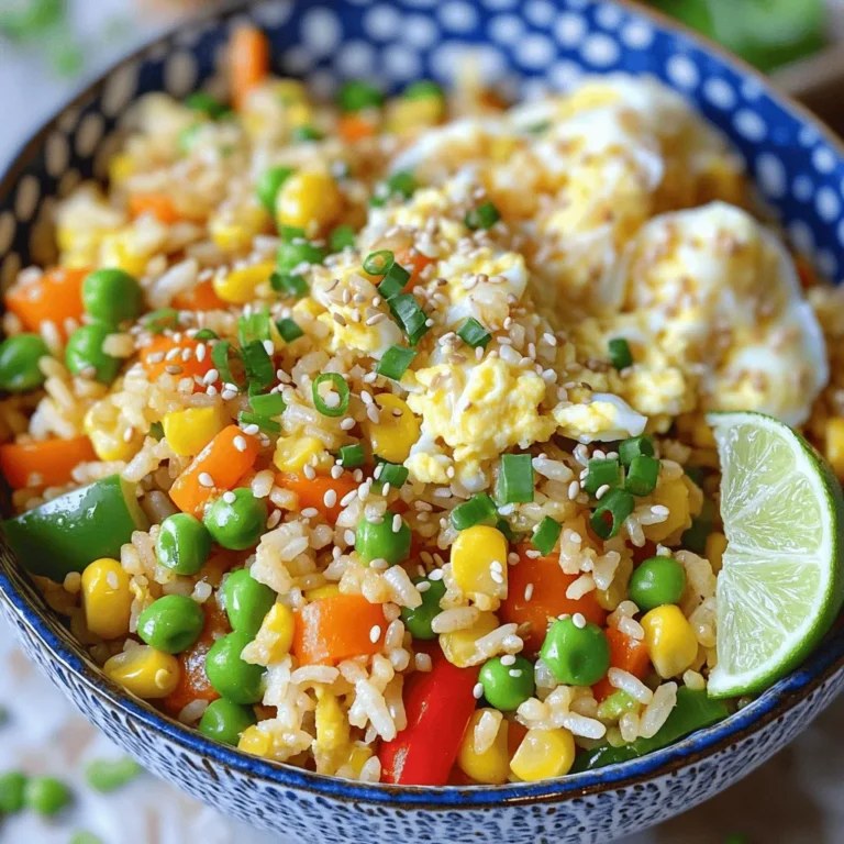 - 2 cups cooked jasmine rice (preferably day-old) - 1 cup mixed vegetables (carrots, peas, bell peppers, corn) - 1 small onion, diced - 2 cloves garlic, minced - 2 tablespoons soy sauce - 1 tablespoon sesame oil - 2 tablespoons vegetable oil - 2 green onions, chopped - 2 large eggs, lightly beaten (optional) - Salt and pepper to taste - Sesame seeds for garnish (optional) To make easy vegetable fried rice, gather these simple ingredients. Day-old jasmine rice works best. It helps achieve a great texture. Fresh rice can be used but it needs to cool first. Mixed vegetables give this dish color and nutrition. You can use frozen mixed veggies for ease. The onion and garlic add depth to the flavor. Soy sauce and sesame oil bring a savory taste. Green onions add a fresh crunch, while sesame seeds offer a nice finish. If you want protein, add eggs. They make the dish heartier. Feel free to adjust the salt and pepper to your taste. This fried rice is versatile, so use what you love. Check the full recipe to see how these ingredients come together. Using day-old rice is key for the best texture. It dries out a bit, helping to avoid clumps. If you cook fresh rice, spread it on a plate to cool first. This will keep it fluffy and separate. To scramble eggs, heat 1 tablespoon of vegetable oil in a pan. Pour in the beaten eggs and stir gently. Cook until they are set, then take them out and set aside. Onion and garlic add great flavor to fried rice. Heat oil in the same pan. Add diced onion and minced garlic. Cook for 2-3 minutes until the onions look clear and fragrant. For mixed veggies, use carrots, peas, bell peppers, and corn. Stir them into the pan after the onion and garlic. Cook for about 3-4 minutes until they are hot and slightly soft. Push the veggies to one side of the pan. Add your cold rice to the other side. Drizzle soy sauce and sesame oil over the rice. Mix everything well to coat the rice evenly. Now, fold in the scrambled eggs and chopped green onions. Stir gently to mix without breaking the eggs. Season with salt and pepper to fit your taste. For a nice look, sprinkle sesame seeds over the fried rice. Serve it in a bowl or on plates. Add extra green onions and a lime wedge for a zesty touch. Enjoy your vibrant veggie fried rice! For the [Full Recipe], refer to the ingredients and detailed steps provided above. To get great texture in your fried rice, use day-old rice. Freshly cooked rice can be too soft and sticky. Day-old rice dries out a bit and helps give you that perfect bite. If you must use fresh rice, cool it completely before cooking. Spread it out on a plate to cool faster. When cooking your vegetables, don't overdo it. Aim for tender but still crisp veggies. They should have a bright color and a fresh taste. Stir-fry them quickly over high heat, and remove them from the pan as soon as they soften. Adjust the soy sauce to your taste. If you love a stronger flavor, add more. If you want it lighter, use less. You can also mix in different spices or sauces. Try adding chili flakes for heat or ginger for warmth. Each change adds a unique twist that can make your dish special. Using frozen vegetables saves time. They are quick to cook and need no chopping. Just toss them into the pan, and they will heat up fast. For easy cleanup, use one pan. Cook everything in the same skillet or wok. This cuts down on dishes and makes cooking easier. Just remember to clean your pan well afterward for the next meal! {{image_4}} You can easily boost the protein in your vegetable fried rice. Here are some simple ideas: - Chicken: Use cooked, diced chicken for a hearty meal. - Tofu: Cube firm tofu and pan-fry until golden. This adds a nice texture. - Shrimp: Cook shrimp until pink and add them in for a seafood twist. These options make your meal filling and satisfying. Dietary needs vary, but it’s easy to adapt this dish. For a vegetarian version, skip the eggs or use plant-based eggs. For a vegan option, replace eggs with extra tofu or chickpeas. This keeps your fried rice delicious and friendly for all diets. Using seasonal veggies not only brightens your dish but also enhances flavor. Here are some great swaps: - Spring: Try snap peas, asparagus, or green beans. - Summer: Incorporate zucchini, bell peppers, or corn. - Fall: Use squash, carrots, or broccoli. - Winter: Opt for kale, Brussels sprouts, or cabbage. These swaps keep your fried rice fresh and exciting throughout the year. For the Full Recipe, refer back to the main sections. To store your vegetable fried rice, cool it down quickly. Spread it out on a baking sheet. Once cool, transfer it to an airtight container. This method helps prevent bacteria growth. Keep the rice in the fridge for up to three days. If you want to keep it longer, freezing is a great option. When reheating fried rice, avoid sogginess. Use a pan on medium heat. Add a splash of water or broth to help steam it. Stir it often so it heats evenly. You can also use the microwave, but place a damp paper towel over the rice. This keeps it from drying out. To freeze vegetable fried rice, cool it first. Use smaller containers or freezer bags for easy use later. Press out as much air as you can to prevent freezer burn. Label your containers with the date. It can stay fresh for about three months. When ready to eat, thaw it in the fridge overnight. Reheat on the stove for the best texture. Enjoy your flavorful dish without losing quality! Yes, you can use brown rice for this dish. Brown rice has more fiber and a nuttier taste. It may take longer to cook, so be sure to adjust the cooking time. Jasmine rice gives a softer texture, while brown rice will be chewier. Both options are tasty, so choose what you like best. Try using tamari or coconut aminos. Both work well in place of soy sauce. Tamari is made without wheat, while coconut aminos is a sweet, soy sauce alternative. Both will add great flavor to your fried rice. Add a dash of sriracha or chili flakes for heat. You can also mix in some diced jalapeños or spicy sesame oil. Start with a small amount and adjust to your taste. Spice levels can make your fried rice exciting and bold! Serve it with spring rolls or dumplings for a fun meal. A simple cucumber salad works well too. You can also try a light soup, like miso or hot and sour, to balance the fried rice. These sides add variety and flavor to your dinner. Vegetable fried rice lasts about 3 to 5 days in the fridge. Store it in an airtight container to keep it fresh. When reheating, add a splash of water to prevent it from drying out. This way, your meal stays tasty for days! Easy vegetable fried rice is a tasty and flexible dish. We explored ingredients, step-by-step preparation, and tips for the best results. You learned how to enhance flavor and customize this recipe. Remember, day-old rice helps keep the texture perfect. Use your favorite veggies for a fun twist. This dish is quick and easy, making it great for busy days. Enjoy making fried rice your way and don’t forget to share it with others!