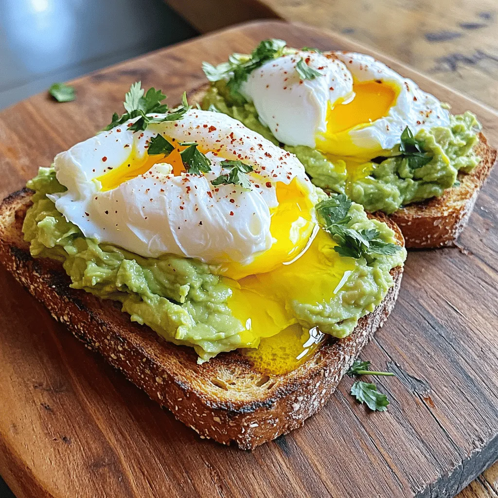 - 2 slices of whole-grain bread - 1 ripe avocado - 2 large eggs - 1 tablespoon fresh lemon juice - Salt and freshly cracked black pepper to taste - 1/2 teaspoon red pepper flakes (optional, for added heat) - Fresh herbs (such as cilantro, chives, or parsley) for garnishing - Extra virgin olive oil for drizzling For this avocado toast with poached egg, you want to focus on fresh and simple ingredients. Whole-grain bread gives a nice crunch and adds fiber. Ripe avocado offers creaminess and healthy fats. Eggs provide protein and richness. Lemon juice brightens up the flavors. Feel free to adjust seasonings to your taste. Add salt and pepper for basic flavor, or spice it up with red pepper flakes if you like heat. Fresh herbs add a nice touch and extra flavor. Use what you have on hand, but I recommend cilantro or chives for their fresh taste. This recipe is easy to follow, and you can find the full recipe if you want all the details. Enjoy making this fun dish! To start, you need to toast your bread. I recommend using whole-grain bread for a healthy option. Set your toaster to a medium setting. If you use a skillet, heat it over medium heat. Toast the bread for about 3 to 5 minutes. Look for a nice golden brown color. This gives the toast a great crunch. Next, it’s time to poach your eggs. Fill a medium pot with water. Heat it over medium heat until it simmers gently. Add a splash of vinegar. This helps keep the egg whites together. Crack each egg into a small bowl. Then slide the eggs into the simmering water. Let them cook for about 3 to 4 minutes. You want the whites set, but the yolks should be runny and soft. Now, let’s prepare the avocado. Cut your ripe avocado in half and remove the pit. Use a fork to mash it in a bowl. You want it to be smooth but still chunky. Add fresh lemon juice to keep it bright. Don’t forget to season it with salt and cracked black pepper. If you like some heat, mix in red pepper flakes for a kick. With everything ready, let’s assemble your toast. Start by spreading the creamy avocado over each slice of toasted bread. Make it a thick layer for the best taste. Then, gently lift the poached eggs from the water with a slotted spoon. Place one egg on top of each avocado toast. Drizzle a bit of extra virgin olive oil over the top. Finish with fresh herbs for a pop of color and flavor. A sprinkle of salt and pepper adds the final touch. For the full recipe, check out the details above. Enjoy your delicious avocado toast with poached egg! To make great poached eggs, avoid common mistakes. One mistake is cooking in boiling water. Instead, use a gentle simmer. This helps keep the egg whites from breaking apart. Another mistake is adding too much vinegar. Use just a splash to help the eggs hold shape. If you want a quicker method, try the microwave. Crack an egg into a bowl and cover it with water. Microwave it for about one minute. The result is a quick, soft poached egg. Choosing ripe avocados is key for your toast. Look for avocados that yield slightly when you press them. If they feel hard, they need more time to ripen. Store avocados at room temperature until they ripen. Once ripe, place them in the fridge to slow down ripening. This keeps them fresh a bit longer. To make your dish shine, think about how you serve it. A rustic wooden board or colorful plate adds charm. You can garnish with fresh herbs for a pop of color. Consider adding a side of cherry tomatoes or a light salad. This makes your meal more vibrant and appealing. {{image_4}} You can boost the taste of your avocado toast with simple spices and herbs. Here are some ideas: - Adding spices or herbs: Sprinkle some garlic powder or smoked paprika for depth. Fresh herbs like cilantro, chives, or parsley add freshness. You can also try a pinch of cumin for a warm touch. - Suggestions for toppings: Try sliced radishes for crunch or cherry tomatoes for sweetness. You can also add crumbled feta or goat cheese for creaminess. For protein, consider adding crispy bacon or smoked salmon. If you need to make this dish fit specific diets, here are some options: - Gluten-free alternatives: Use gluten-free bread or even sliced sweet potatoes as a base. Toast them until they are crispy for a different texture. - Vegan adaptations: Swap the eggs for tofu or chickpeas. Mash firm tofu with spices for a scramble effect. For chickpeas, smash them lightly and mix with avocado for a hearty topping. Great drinks and sides can elevate your meal. Here are some ideas: - Beverage pairings for breakfast: A refreshing orange juice or a hot cup of coffee works well. You can also enjoy a smoothie with greens or fruits for added nutrition. - Side dishes that complement the meal: Serve with a light mixed salad or fresh fruit for balance. Crispy potato wedges or a small bowl of yogurt can round out your breakfast beautifully. For the complete recipe, check out the Full Recipe for Avocado Toast Delight with Poached Egg. To store leftover avocado, start by covering it tightly with plastic wrap. Press the wrap onto the flesh to limit air exposure. You can also sprinkle lemon juice on it to slow browning. Keep it in the fridge and use it within a day or two for the best taste. For eggs, store any unused raw eggs in their shells in the fridge. Cooked poached eggs should go in an airtight container. Store them in the fridge and use them within 2-3 days. Whole-grain bread should stay in a cool, dry place. If you won't use it soon, put it in the freezer to keep it fresh longer. To safely reheat toast, pop it back into the toaster. This keeps the texture crisp. You can also use an oven set to low heat. For poached eggs, gently reheat them in hot water for a minute. This warms them without cooking further. Avoid using the microwave, as it can make the eggs rubbery. To maintain the texture, cover your toast with a paper towel when reheating. This helps keep it from getting too dry. You can freeze avocado toast, but it's best to freeze the components separately. Avocado does not freeze well, as it changes texture. Instead, freeze the bread and keep the poached eggs in their container. Use freezer-safe bags for the bread. Squeeze out the air to prevent freezer burn. For the eggs, store them in a container filled with a little water to keep them moist. When you're ready to eat, toast the bread and reheat the eggs. For the full recipe, click [Full Recipe]. To keep your avocado fresh, use lemon juice. The acid in lemon juice slows down browning. You can also store the avocado with the pit in it. This helps keep the flesh green. If you have leftovers, wrap them tightly in plastic. Try to remove as much air as possible. Whole-grain bread is my favorite for avocado toast. It adds a nutty flavor and great texture. Sourdough is also a good choice. It has a nice tang and a crisp crust. If you prefer gluten-free bread, that works too. Just make sure it’s thick enough to hold the toppings. Yes, you can prep some parts ahead of time. You can mash the avocado and store it in the fridge. Just add lemon juice to prevent browning. You can also toast the bread in advance. Keep it in an airtight container to stay fresh. Poach the eggs right before serving for the best taste. For a runny yolk, poach the eggs for 3-4 minutes. The whites should be set, but the yolks will stay soft. If you prefer a firmer yolk, cook them a minute longer. Keep an eye on the eggs while they cook. Timing is key for that perfect runny yolk. In this post, we covered the essentials for making delicious avocado toast. We discussed the best ingredients, simple steps for toasting and poaching, and tips to perfect your dish. Remember, fresh avocados and poached eggs make all the difference. Don’t forget to explore variations and storage tips too. Enjoy your meals with unique flavors and ideas. Making avocado toast at home is easy and fun! With these steps, you're set to impress yourself and others. Happy cooking!