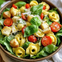- 1 package (9 oz) cheese tortellini - 4 cups fresh romaine lettuce, thoroughly chopped - 1 cup cherry tomatoes, halved - ½ cup freshly shredded Parmesan cheese - ¼ cup Caesar dressing (store-bought or homemade) - ¼ teaspoon garlic powder - ¼ teaspoon freshly ground black pepper - 1 cup crispy croutons - Fresh basil leaves for garnish (optional) In this Cheese Tortellini Caesar Salad, the main ingredients bring vibrant flavors. The cheese tortellini adds a rich, creamy texture that pairs well with the crunchy romaine. I prefer using fresh romaine for the best crispness. Cherry tomatoes brighten the dish with their sweet burst. Finally, freshly shredded Parmesan cheese adds a salty depth that rounds out the flavor. For the dressing, you can choose store-bought Caesar dressing or make your own at home. I often recommend homemade for fresh flavor. Garlic powder and black pepper enhance the taste, giving it that classic Caesar kick. You can also add crispy croutons for a delightful crunch. Fresh basil leaves are an optional garnish that adds a pop of color and a hint of freshness. Overall, these ingredients make the salad easy to prepare and full of taste. For the full recipe, check out the details above. First, bring a large pot of salted water to a boil. Once the water boils, add the cheese tortellini. Cook them according to the package instructions. This usually takes about 3 to 5 minutes. You want them to be al dente, which means they should be firm yet tender. After cooking, drain the tortellini. Rinse them under cold water. This will stop them from cooking further and cool them down. Next, grab a large mixing bowl. Combine 4 cups of chopped romaine lettuce, 1 cup of halved cherry tomatoes, and ½ cup of freshly shredded Parmesan cheese. Toss them gently to mix. This creates a fresh and colorful base for your salad. Now, it's time to add the cooled tortellini to the salad base. Carefully mix everything together without breaking the tortellini. Drizzle ¼ cup of Caesar dressing over the salad. Then, sprinkle ¼ teaspoon of garlic powder and ¼ teaspoon of black pepper on top. Toss the salad lightly to coat all the ingredients with the dressing. Before you serve, add 1 cup of crispy croutons to the salad. Toss gently again to keep them crunchy. Finally, for a lovely finish, garnish with fresh basil leaves. This adds a nice touch of color and flavor to your Cheese Tortellini Caesar Salad. Enjoy this delightful and easy dish! For the full recipe, check out the earlier section. Selecting fresh produce matters a lot. Look for crisp romaine lettuce. It should be bright green and firm. Cherry tomatoes should be plump and vibrant. Freshness boosts the taste of your salad. For cheese tortellini, choose a brand known for quality. Fresh tortellini often tastes best. It has a soft texture and rich flavor. If using dried tortellini, ensure it cooks to al dente. This keeps it from becoming mushy in the salad. You can use store-bought or homemade dressing. Homemade Caesar dressing often tastes fresher. It allows you to control the flavors. If you’re short on time, store-bought is a great option. Just pick one that has simple ingredients. Adjust the seasoning to your liking. Add more garlic powder for a bolder taste. If you prefer less spice, reduce the black pepper. Always taste as you go. This way, you ensure the flavors blend well. Pair your Cheese Tortellini Caesar Salad with grilled chicken or shrimp. This adds protein and makes it a full meal. You can also serve it with crusty bread for a heartier option. This salad shines at gatherings or casual dinners. It is perfect for lunch or a quick weeknight meal. The bright colors and mix of flavors make it a crowd-pleaser. {{image_4}} You can change up your Cheese Tortellini Caesar Salad by swapping ingredients. For the greens, try using spinach or kale instead of romaine. Both add a nice flavor and nutrition. If you want more protein, add grilled chicken or shrimp. These options make the salad more filling. Need gluten-free options? Look for gluten-free tortellini made from rice or corn. Many stores carry these. For a vegan twist, use plant-based Caesar dressing. You can make it with cashews, nutritional yeast, and lemon juice. This keeps the creamy texture without dairy. Seasonal swaps can keep your salad fresh. In summer, add diced cucumbers or bell peppers. In fall, toss in roasted squash or apples. For the holidays, sprinkle in cranberries or nuts for a festive touch. These changes keep your Cheese Tortellini Caesar Salad exciting all year round. To keep your Cheese Tortellini Caesar Salad fresh, place it in an airtight container. This helps to lock in flavors and keeps your salad from drying out. Store it in the fridge. The salad stays good for about 2 to 3 days. If you store the croutons separately, they will stay crispy longer. You can reheat the tortellini if you like it warm. To do this, put it in a pot with a splash of water. Heat on low until warmed through, stirring gently. This way, the tortellini keeps its good taste and texture. You can serve the salad cold or warm, based on your liking. Many prefer it cold for a refreshing bite. For easy meal prep, you can prepare the salad components ahead of time. Cook the tortellini and chop the lettuce and tomatoes in advance. You can store these items separately for up to 3 days. When ready to eat, mix everything together. This makes serving simple and quick. You can also pack individual servings for lunch. For a fun twist, add extra toppings like grilled chicken or nuts for added flavor. Yes, you can use other pasta. Some great options include: - Penne - Fusilli - Farfalle These pastas add unique shapes and textures. Just make sure they cook to a nice al dente. This keeps your salad crunchy and fresh. Absolutely! Making Caesar dressing is easy. You will need: - 1 cup mayonnaise - 2 tablespoons lemon juice - 2 teaspoons Dijon mustard - 1 clove garlic, minced - ¼ cup grated Parmesan cheese - Salt and pepper to taste Mix all these ingredients well. This gives you a rich and creamy dressing. It tastes amazing on your salad! To keep croutons crispy, add them right before serving. Here are some tips: - Use day-old bread for croutons. - Bake them until golden brown. - Store them in an airtight container. This way, they stay crunchy and delicious! To store the salad, follow these steps: - Keep the tortellini and dressing separate. - Store the salad in a sealed container. - Use it within two days for best taste. This keeps your salad fresh and tasty for longer! You now have all you need to create a tasty tortellini salad. We covered key ingredients, step-by-step instructions, and useful tips. Remember to choose fresh produce and quality tortellini for the best flavor. Feel free to mix in different greens or proteins to make it your own. This salad is easy to store and perfect for any occasion. Enjoy making it your own, and share it with friends or family for a delightful meal. Happy cooking!