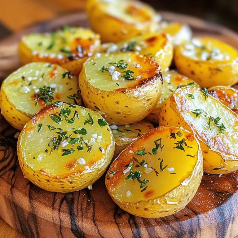 - 2 lbs baby potatoes, halved - 4 cloves garlic, minced - 3 tablespoons extra virgin olive oil - 1 teaspoon dried rosemary - 1 teaspoon dried thyme - 1 teaspoon smoked paprika - Salt and freshly ground black pepper, to taste - Fresh parsley, finely chopped (for garnish) - Different herbs (e.g., oregano, basil) - Other spices (e.g., cumin, cayenne pepper) Each serving of Garlic Herb Roasted Potatoes has about 180 calories. The breakdown includes: - 4 grams of protein - 25 grams of carbohydrates - 8 grams of fat When I make these roasted potatoes, I love the mix of flavors. The garlic gives a strong taste, while the herbs add depth. You can also switch up the herbs. Try oregano or basil for a fresh twist. Adding spices like cumin or cayenne makes them spicy if you like heat. These potatoes are not just tasty; they are also nutritious. They provide energy and fiber, making them a great side dish. If you want to know the full details, check out the Full Recipe for more insights. - Preheat the oven to 425°F (220°C). - Prepare the potatoes and garlic. Start by washing 2 lbs of baby potatoes. Then, cut them in half. Peel and mince 4 cloves of garlic. - Mix the ingredients in a bowl. In a large bowl, combine the halved potatoes and minced garlic. - Ensure even coating of oil and spices. Drizzle 3 tablespoons of extra virgin olive oil over the mix. Add 1 teaspoon each of dried rosemary, dried thyme, and smoked paprika. Season with salt and freshly ground black pepper. Toss well until all potatoes are coated. - Space out the potatoes on a baking sheet. Transfer the seasoned potatoes to a parchment-lined baking sheet. Arrange them in a single layer. - Flip halfway through for even browning. Roast for about 25-30 minutes. Halfway through, flip the potatoes for uniform browning. They should be golden and tender when done. For the full recipe, visit the main article. To make the best Garlic Herb Roasted Potatoes, start with a high oven temperature. Preheating your oven to 425°F (220°C) ensures a crispy outside. This heat helps the potatoes brown nicely and get that golden crunch we all love. When you roast, spread the potatoes in a single layer on the baking sheet. This allows hot air to circulate around them. Halfway through cooking, flip the potatoes using a spatula. This helps them cook evenly and promotes that perfect crisp. For optimal results, roast the potatoes for about 25-30 minutes. You’ll know they are done when they turn golden brown and a fork goes in easily. If your potato pieces are larger, you might need to add a few extra minutes. Always check for doneness to avoid serving undercooked potatoes. Once your potatoes are roasted, add a fresh touch by sprinkling chopped parsley on top. This not only adds color but also brightens the flavor. For added enjoyment, serve them with sauces like garlic aioli or tangy yogurt dip. These sauces enhance the flavors and make every bite delightful. For the full recipe, check out the instructions above and get cooking! {{image_4}} You can switch up the herbs for great taste. Using fresh herbs adds a bright flavor. Try fresh rosemary or thyme instead of dried. Fresh herbs offer a stronger aroma. You can also mix different herbs together. Combining basil and parsley creates a fresh twist. Experiment with your favorite herbs to find your best mix. If you like heat, add chili powder or red pepper flakes. This gives your potatoes a spicy kick. Mix these spices into your oil and garlic blend. You can also create a spicy marinade for the potatoes. Just mix the chili powder with the oil and garlic. Let the potatoes soak up these flavors before roasting. For a cheesy twist, add grated parmesan or feta cheese. Sprinkle the cheese over the potatoes before they finish roasting. This will melt and add a rich flavor. You can also melt cheese right before serving. It creates a delicious, gooey topping. Cheese adds depth to the dish and a nice finish. For the full recipe, check out the [Full Recipe]. To keep leftover Garlic Herb Roasted Potatoes fresh, store them in the fridge. Use an airtight container for best results. Make sure the potatoes cool completely before sealing. This helps prevent sogginess. If you want to save roasted potatoes for a longer time, freezing is a great option. Start by letting the potatoes cool. Then, place them in a single layer on a baking sheet. Freeze them for about an hour. This helps keep their shape. After freezing, transfer them to a freezer-safe bag or container. Label the bag with the date for easy tracking. When you want to eat them, thaw in the fridge overnight for the best texture. For re-crisping roasted potatoes, the oven is your best friend. Preheat it to 400°F (200°C). Spread the potatoes on a baking sheet. Bake for about 10-15 minutes until they are hot and crispy. The microwave works, but may not give the same crispy finish. If you use the microwave, heat them in short bursts. Check every 30 seconds to avoid overcooking. For roasting, I love using baby potatoes. Their small size cooks evenly and they get crispy. Other great options are Yukon Gold and red potatoes. They have creamy textures and hold up well in the oven. Yes, you can prep these potatoes ahead of time! Just cut and season them. Store them in a sealed container in the fridge for up to 24 hours. This way, you save time on cooking day. Make sure to toss them again with oil and spices before roasting. To make this recipe vegan, you simply need to use plant-based oil. Extra virgin olive oil works great! The rest of the ingredients are already vegan-friendly. You can also add a splash of lemon juice for extra zest if you like. These potatoes pair well with many dishes. Try serving them with grilled chicken or fish. They also go great with roasted veggies or a fresh salad. This makes a lovely, colorful meal. If you need to serve more people, just double or triple the ingredient amounts. Keep the same cooking time, but check the potatoes for doneness. They may need a bit longer if the pan is crowded. In this blog post, we explored how to make Garlic Herb Roasted Potatoes. You learned about key ingredients, cooking steps, and tips for perfect crispiness. There are fun variations to try, like adding cheese or spices for extra flavor. Proper storage ensures your leftovers stay tasty. This simple dish works well with many meals, making it a great choice for any occasion. Enjoy your cooking and share your delicious results!