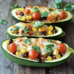 - 4 medium zucchinis - 1 cup cooked quinoa - 1 cup cherry tomatoes, halved - 1 bell pepper, diced (choose either red or yellow for sweetness) - 1/2 cup corn kernels (use fresh or frozen based on availability) - 1 cup black beans, drained and rinsed Zucchini is the star of this dish. It serves as a perfect vessel. Quinoa adds protein and a nice texture. The cherry tomatoes and bell pepper bring sweetness. Corn kernels add a pop of color and crunch. Black beans provide a hearty feel. Together, they create a colorful and tasty filling. - 1 teaspoon ground cumin - 1 teaspoon smoked paprika - 1/2 teaspoon garlic powder - 1/2 teaspoon onion powder Spices make the stuffing sing. Ground cumin adds warmth and earthiness. Smoked paprika gives a hint of smoke. Garlic powder and onion powder add depth. These simple spices transform the dish into something special. - 1 cup shredded cheese (you can choose cheddar, mozzarella, or a blend) - Fresh cilantro or parsley, chopped (for garnish, optional) Toppings bring everything together. Shredded cheese melts into a gooey delight. Fresh herbs add a burst of brightness. You can use any cheese you love. It all depends on your taste. For the full recipe, check out the details above! 1. Preheat your oven to 375°F (190°C). This helps the zucchini cook evenly. 2. Slice the zucchinis in half lengthwise. Use a spoon to scoop out the center. Leave about 1/4 inch of flesh along the sides. Save the scooped flesh for the stuffing. 1. In a large bowl, combine the cooked quinoa, halved cherry tomatoes, diced bell pepper, corn kernels, black beans, and the chopped zucchini flesh. Mix everything together well. 2. Season the mixture with ground cumin, smoked paprika, garlic powder, onion powder, salt, and pepper. Stir until all ingredients are coated in the spices. 1. Once the zucchinis are ready, fill each half with the quinoa mixture. Press down gently to pack it in. 2. Sprinkle shredded cheese over the top of each filled zucchini. Make sure it covers them evenly. 3. Return the baking sheet to the oven. Bake for an additional 15-20 minutes. Look for the cheese to melt and bubble, and the zucchini to be cooked through. Enjoy the vibrant flavors and colors of your Vegetarian Stuffed Zucchini Boats! For a complete recipe, check out the Full Recipe. To ensure even cooking, cut the zucchinis in half lengthwise. Scoop out the center gently. This creates a boat shape. Leave about 1/4 inch of flesh inside. This keeps the shape and adds flavor. Ovens can vary. If yours runs hot, check the zucchini sooner. You want them tender but not mushy. Keep an eye on the cheese too. You want it melted and bubbly, not burnt. Add different spices to elevate your dish. Try chili powder for heat or oregano for depth. You can also use fresh herbs like basil or thyme. They add a bright taste. Incorporate nuts or seeds for crunch. Chopped walnuts or sunflower seeds work well. They add texture and flavor. Mix them into the stuffing for a fun twist. Serve the stuffed zucchini boats on a colorful platter. This makes for an inviting meal. Place a few sprigs of fresh herbs around the edges. It adds a touch of green and freshness. For garnishing, drizzle a bit of olive oil on top. You can also sprinkle some extra cheese. This creates a mouth-watering look. Enjoy serving these tasty boats to your family and friends! {{image_4}} You can boost the protein in your stuffed zucchini boats. Lentils and chickpeas work great here. They add texture and a hearty feel. Just cook them first, then mix them in with your stuffing. Cheese adds flavor and richness. You can use any cheese you like. Cheddar gives a sharp taste, while mozzarella melts beautifully. Mixing cheeses can also create a fun flavor mix. Don’t be afraid to switch up the veggies! You can try bell peppers, spinach, or mushrooms. Each will change the flavor and texture. Seasonal swaps are also a fun way to keep it fresh. In summer, add fresh zucchini or corn. In fall, think about using roasted squash or kale. If you enjoy heat, add hot peppers to your stuffing. Jalapeños or serranos can really kick things up. You can also drizzle spicy sauce on top before baking. These simple changes help you create new tastes each time. Enjoy making your zucchini boats your way! For the full recipe, check out the Veggie Delight Stuffed Zucchini Boats. To store leftovers of your vegetarian stuffed zucchini boats, let them cool first. Place them in an airtight container. This helps keep them fresh and tasty. You can store them in the fridge for up to three days. If you want to enjoy them later, just reheat them in the oven or microwave. Freezing stuffed zucchini boats is a great option for meal prep. First, let them cool completely. Wrap each boat in plastic wrap or foil. Then, place them in a freezer-safe bag or container. This keeps them safe from freezer burn. They can last up to three months in the freezer. When you're ready to eat, thaw them in the fridge overnight. To reheat, place them in the oven at 350°F (175°C) for about 20 minutes or until hot. This method helps keep the texture just right. Enjoy your veggie delight again anytime! For the full recipe, check out our delicious guide. Yes, you can prepare these boats ahead of time. To do this, cook the filling and stuff the zucchini. Store the stuffed zucchini in an airtight container in the fridge. They will last for about 2-3 days. When you're ready to eat, simply bake them at 375°F (190°C) until hot and bubbly. This saves time on busy nights and makes for easy meals. To keep zucchini firm, here are some tips: - Bake them slightly before stuffing. This helps them hold their shape. - Avoid overcooking. Check them often to ensure they are tender but not mushy. - Drain the filling well. Excess moisture can lead to soggy boats. - Use a blend of grains and beans that absorb moisture well, like quinoa and black beans. If you want to try a different grain, here are some great options: - Brown rice: It adds a nice chew and nutty flavor. - Farro: This grain has a great texture and is very filling. - Barley: It offers a hearty bite and works well in stuffing. - Couscous: This option cooks quickly and is light. Experiment with these to find your favorite! For the full recipe, check out the detailed instructions above. Stuffed zucchini boats are a tasty and healthy meal option. We explored the key ingredients, like quinoa and various vegetables. You learned how to prepare, stuff, and bake your zucchini boats to perfection. I shared tips for flavor, cooking, and presentation, along with creative variations. Remember, these boats are versatile and easy to customize. Enjoy them fresh or store leftovers for later. Making stuffed zucchini can be a fun, healthy twist on your meals. You now have all the tools to create your own delicious version!