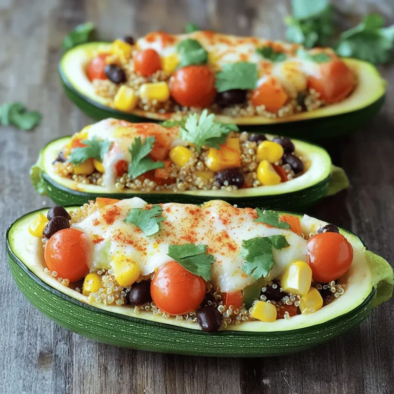 - 4 medium zucchinis - 1 cup cooked quinoa - 1 cup cherry tomatoes, halved - 1 bell pepper, diced (choose either red or yellow for sweetness) - 1/2 cup corn kernels (use fresh or frozen based on availability) - 1 cup black beans, drained and rinsed Zucchini is the star of this dish. It serves as a perfect vessel. Quinoa adds protein and a nice texture. The cherry tomatoes and bell pepper bring sweetness. Corn kernels add a pop of color and crunch. Black beans provide a hearty feel. Together, they create a colorful and tasty filling. - 1 teaspoon ground cumin - 1 teaspoon smoked paprika - 1/2 teaspoon garlic powder - 1/2 teaspoon onion powder Spices make the stuffing sing. Ground cumin adds warmth and earthiness. Smoked paprika gives a hint of smoke. Garlic powder and onion powder add depth. These simple spices transform the dish into something special. - 1 cup shredded cheese (you can choose cheddar, mozzarella, or a blend) - Fresh cilantro or parsley, chopped (for garnish, optional) Toppings bring everything together. Shredded cheese melts into a gooey delight. Fresh herbs add a burst of brightness. You can use any cheese you love. It all depends on your taste. For the full recipe, check out the details above! 1. Preheat your oven to 375°F (190°C). This helps the zucchini cook evenly. 2. Slice the zucchinis in half lengthwise. Use a spoon to scoop out the center. Leave about 1/4 inch of flesh along the sides. Save the scooped flesh for the stuffing. 1. In a large bowl, combine the cooked quinoa, halved cherry tomatoes, diced bell pepper, corn kernels, black beans, and the chopped zucchini flesh. Mix everything together well. 2. Season the mixture with ground cumin, smoked paprika, garlic powder, onion powder, salt, and pepper. Stir until all ingredients are coated in the spices. 1. Once the zucchinis are ready, fill each half with the quinoa mixture. Press down gently to pack it in. 2. Sprinkle shredded cheese over the top of each filled zucchini. Make sure it covers them evenly. 3. Return the baking sheet to the oven. Bake for an additional 15-20 minutes. Look for the cheese to melt and bubble, and the zucchini to be cooked through. Enjoy the vibrant flavors and colors of your Vegetarian Stuffed Zucchini Boats! For a complete recipe, check out the Full Recipe. To ensure even cooking, cut the zucchinis in half lengthwise. Scoop out the center gently. This creates a boat shape. Leave about 1/4 inch of flesh inside. This keeps the shape and adds flavor. Ovens can vary. If yours runs hot, check the zucchini sooner. You want them tender but not mushy. Keep an eye on the cheese too. You want it melted and bubbly, not burnt. Add different spices to elevate your dish. Try chili powder for heat or oregano for depth. You can also use fresh herbs like basil or thyme. They add a bright taste. Incorporate nuts or seeds for crunch. Chopped walnuts or sunflower seeds work well. They add texture and flavor. Mix them into the stuffing for a fun twist. Serve the stuffed zucchini boats on a colorful platter. This makes for an inviting meal. Place a few sprigs of fresh herbs around the edges. It adds a touch of green and freshness. For garnishing, drizzle a bit of olive oil on top. You can also sprinkle some extra cheese. This creates a mouth-watering look. Enjoy serving these tasty boats to your family and friends! {{image_4}} You can boost the protein in your stuffed zucchini boats. Lentils and chickpeas work great here. They add texture and a hearty feel. Just cook them first, then mix them in with your stuffing. Cheese adds flavor and richness. You can use any cheese you like. Cheddar gives a sharp taste, while mozzarella melts beautifully. Mixing cheeses can also create a fun flavor mix. Don’t be afraid to switch up the veggies! You can try bell peppers, spinach, or mushrooms. Each will change the flavor and texture. Seasonal swaps are also a fun way to keep it fresh. In summer, add fresh zucchini or corn. In fall, think about using roasted squash or kale. If you enjoy heat, add hot peppers to your stuffing. Jalapeños or serranos can really kick things up. You can also drizzle spicy sauce on top before baking. These simple changes help you create new tastes each time. Enjoy making your zucchini boats your way! For the full recipe, check out the Veggie Delight Stuffed Zucchini Boats. To store leftovers of your vegetarian stuffed zucchini boats, let them cool first. Place them in an airtight container. This helps keep them fresh and tasty. You can store them in the fridge for up to three days. If you want to enjoy them later, just reheat them in the oven or microwave. Freezing stuffed zucchini boats is a great option for meal prep. First, let them cool completely. Wrap each boat in plastic wrap or foil. Then, place them in a freezer-safe bag or container. This keeps them safe from freezer burn. They can last up to three months in the freezer. When you're ready to eat, thaw them in the fridge overnight. To reheat, place them in the oven at 350°F (175°C) for about 20 minutes or until hot. This method helps keep the texture just right. Enjoy your veggie delight again anytime! For the full recipe, check out our delicious guide. Yes, you can prepare these boats ahead of time. To do this, cook the filling and stuff the zucchini. Store the stuffed zucchini in an airtight container in the fridge. They will last for about 2-3 days. When you're ready to eat, simply bake them at 375°F (190°C) until hot and bubbly. This saves time on busy nights and makes for easy meals. To keep zucchini firm, here are some tips: - Bake them slightly before stuffing. This helps them hold their shape. - Avoid overcooking. Check them often to ensure they are tender but not mushy. - Drain the filling well. Excess moisture can lead to soggy boats. - Use a blend of grains and beans that absorb moisture well, like quinoa and black beans. If you want to try a different grain, here are some great options: - Brown rice: It adds a nice chew and nutty flavor. - Farro: This grain has a great texture and is very filling. - Barley: It offers a hearty bite and works well in stuffing. - Couscous: This option cooks quickly and is light. Experiment with these to find your favorite! For the full recipe, check out the detailed instructions above. Stuffed zucchini boats are a tasty and healthy meal option. We explored the key ingredients, like quinoa and various vegetables. You learned how to prepare, stuff, and bake your zucchini boats to perfection. I shared tips for flavor, cooking, and presentation, along with creative variations. Remember, these boats are versatile and easy to customize. Enjoy them fresh or store leftovers for later. Making stuffed zucchini can be a fun, healthy twist on your meals. You now have all the tools to create your own delicious version!