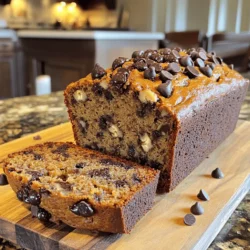 To make a delightful chocolate chip banana bread, you need the following ingredients: - 3 ripe bananas, thoroughly mashed - 1/3 cup coconut oil, melted - 1 teaspoon pure vanilla extract - 1 teaspoon baking soda - Pinch of sea salt - 3/4 cup packed brown sugar - 1 large egg, lightly beaten - 1 teaspoon ground cinnamon - 1 1/2 cups all-purpose flour - 1 cup dark chocolate chips - 1/2 cup chopped walnuts (optional) Using ripe bananas is key. They add natural sweetness and moisture. The coconut oil gives a rich flavor while keeping the bread moist. Pure vanilla extract enhances the overall taste, making each bite more enjoyable. Baking soda helps the bread rise, while a pinch of sea salt balances the sweetness. Brown sugar adds a nice depth of flavor. The egg provides structure and helps bind the ingredients together. Ground cinnamon gives a warm note that pairs perfectly with chocolate. All-purpose flour forms the base of the bread. Dark chocolate chips add a rich, melty texture. If you like, add walnuts for a crunchy texture contrast. This combination of ingredients creates a balance of flavors and a moist texture. You can find the full recipe above, and I promise it will be a hit! - Set to 350°F (175°C) - Grease the 9x5-inch loaf pan Start by preheating your oven to 350°F (175°C). This is key for even baking. While the oven heats, grab a 9x5-inch loaf pan. Use cooking spray or coconut oil to grease it well. This step helps the bread slide out easily later. - Combine bananas and coconut oil - Add vanilla extract and egg In a large bowl, mash the ripe bananas until smooth. You can use a fork for this. Next, pour in the melted coconut oil. Mix them well until they blend into a creamy texture. Now, add the vanilla extract and the lightly beaten egg. Stir gently to combine everything. - Sprinkle in baking soda and sea salt - Mix in brown sugar and ground cinnamon - Gradually add all-purpose flour Now it’s time for the dry ingredients. Sprinkle the baking soda and a pinch of sea salt over the banana mix. Stir briefly to blend them in. Next, add the packed brown sugar and ground cinnamon. Mix until the sugar dissolves. Gradually sift in the all-purpose flour, folding it gently with a spatula. Remember, don’t overmix! The batter should have a few lumps. - Include dark chocolate chips and walnuts (if using) Now, fold in the dark chocolate chips. If you like a nutty crunch, add chopped walnuts too. Gently mix until the chips and nuts are evenly distributed throughout the batter. - Pour batter into the prepared pan - Bake for 55-60 minutes and check for doneness Pour the batter into your prepared loaf pan. Smooth the top with a spatula. Bake in the oven for 55-60 minutes. To check if it’s done, insert a toothpick into the center. It should come out clean. - Let cool in the pan for 10 minutes - Transfer to a wire rack to cool completely Once baked, let the banana bread cool in the pan for 10 minutes. Then, carefully transfer it to a wire rack to cool completely. This cooling step is important for the best texture. Enjoy this delicious treat with your favorite beverage! For the full recipe, check out the details above. - Choose ripe bananas for optimal sweetness. Ripe bananas make the bread moist and flavorful. - Avoid overmixing for a light texture. Mixing too much can lead to a dense loaf. - Serve warm with whipped cream or ice cream. This adds a creamy touch to each slice. - Add extra chocolate chips on top for visual appeal. It makes the bread look even more tempting. - How to fix a dense texture? If your bread is dense, try mashing the bananas smoother next time. - Tips for preventing a domed top: Ensure your oven is at the right temperature. Use a toothpick to check for doneness without opening the door too soon. For more details on making this tasty treat, check out the Full Recipe. {{image_4}} If you have nut allergies, you can still enjoy banana bread. Use sunflower seed butter as a great egg substitute. This option works well and keeps the bread moist. You can also swap regular chocolate chips for nut-free chocolate chips. This way, you can enjoy the same rich flavor without the worry. To make your banana bread even tastier, consider adding spices. A hint of nutmeg or allspice can brighten the flavor. You can also mix in dried fruits like cranberries or raisins. These additions give a nice twist to the classic recipe and add a bit of chewy texture. If you need a gluten-free option, it’s easy to modify the recipe. Just replace the all-purpose flour with a gluten-free blend. Many blends work well and give the same light texture. This way, everyone can enjoy a slice of this delightful banana bread. For the complete recipe, check out the [Full Recipe]. To store banana bread at room temperature, wrap it well in plastic wrap. Place it in a cool, dry place. This keeps it fresh and moist. The shelf life is about 3 to 4 days. After this, it may start to dry out. For long-term storage, freezing is best. Slice the banana bread into pieces. Wrap each slice in plastic wrap and then place them in a freezer bag. You can freeze banana bread for up to 3 months. When you're ready to enjoy it, take out a slice and let it thaw in the fridge overnight. This method helps keep the texture great. To reheat banana bread, use the oven for best results. Preheat the oven to 350°F (175°C). Place the slices on a baking sheet and heat for about 10 minutes. You can also use the microwave. Heat each slice for about 15-20 seconds. To keep it moist, place a damp paper towel on top of the slice. Enjoy your warm, delicious banana bread! Yes, you can use frozen bananas. They work well for banana bread. Just thaw them first. Frozen bananas may be softer than fresh ones. This helps to make your bread even more moist. When you mash them, they blend easily. If you have ripe bananas, use them. They will give your bread a sweeter taste. Yes, you can easily make this recipe vegan. Replace the egg with a flax egg or applesauce. For a flax egg, mix 1 tablespoon of ground flaxseed with 2.5 tablespoons of water. Let it sit for five minutes. For milk, use almond, soy, or oat milk. Both options keep your banana bread moist and tasty. You’ll know your banana bread is done when a toothpick comes out clean. Insert it into the center of the bread. If it has batter on it, bake a little longer. The top should be golden brown. You can also gently press the top. If it springs back, it's ready. Yes, you can double the recipe. Use a larger pan, like a 9x13-inch one. Cooking times may change, so check for doneness sooner. A larger batch may need a few extra minutes. Keep an eye on it as it bakes. Always use a toothpick to check for doneness. You can create delicious banana bread with simple, healthy ingredients. We walked through the steps, from mixing to baking. Remember to use ripe bananas for sweetness and avoid overmixing for a light texture. You can also explore fun variations, like gluten-free options or adding nuts and spices. With proper storage, this banana bread stays fresh and tasty. Now, you can enjoy your homemade treat and impress friends and family! Happy baking!