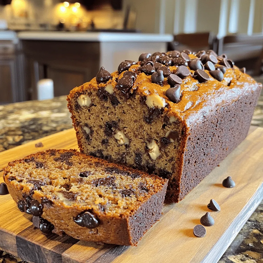 To make a delightful chocolate chip banana bread, you need the following ingredients: - 3 ripe bananas, thoroughly mashed - 1/3 cup coconut oil, melted - 1 teaspoon pure vanilla extract - 1 teaspoon baking soda - Pinch of sea salt - 3/4 cup packed brown sugar - 1 large egg, lightly beaten - 1 teaspoon ground cinnamon - 1 1/2 cups all-purpose flour - 1 cup dark chocolate chips - 1/2 cup chopped walnuts (optional) Using ripe bananas is key. They add natural sweetness and moisture. The coconut oil gives a rich flavor while keeping the bread moist. Pure vanilla extract enhances the overall taste, making each bite more enjoyable. Baking soda helps the bread rise, while a pinch of sea salt balances the sweetness. Brown sugar adds a nice depth of flavor. The egg provides structure and helps bind the ingredients together. Ground cinnamon gives a warm note that pairs perfectly with chocolate. All-purpose flour forms the base of the bread. Dark chocolate chips add a rich, melty texture. If you like, add walnuts for a crunchy texture contrast. This combination of ingredients creates a balance of flavors and a moist texture. You can find the full recipe above, and I promise it will be a hit! - Set to 350°F (175°C) - Grease the 9x5-inch loaf pan Start by preheating your oven to 350°F (175°C). This is key for even baking. While the oven heats, grab a 9x5-inch loaf pan. Use cooking spray or coconut oil to grease it well. This step helps the bread slide out easily later. - Combine bananas and coconut oil - Add vanilla extract and egg In a large bowl, mash the ripe bananas until smooth. You can use a fork for this. Next, pour in the melted coconut oil. Mix them well until they blend into a creamy texture. Now, add the vanilla extract and the lightly beaten egg. Stir gently to combine everything. - Sprinkle in baking soda and sea salt - Mix in brown sugar and ground cinnamon - Gradually add all-purpose flour Now it’s time for the dry ingredients. Sprinkle the baking soda and a pinch of sea salt over the banana mix. Stir briefly to blend them in. Next, add the packed brown sugar and ground cinnamon. Mix until the sugar dissolves. Gradually sift in the all-purpose flour, folding it gently with a spatula. Remember, don’t overmix! The batter should have a few lumps. - Include dark chocolate chips and walnuts (if using) Now, fold in the dark chocolate chips. If you like a nutty crunch, add chopped walnuts too. Gently mix until the chips and nuts are evenly distributed throughout the batter. - Pour batter into the prepared pan - Bake for 55-60 minutes and check for doneness Pour the batter into your prepared loaf pan. Smooth the top with a spatula. Bake in the oven for 55-60 minutes. To check if it’s done, insert a toothpick into the center. It should come out clean. - Let cool in the pan for 10 minutes - Transfer to a wire rack to cool completely Once baked, let the banana bread cool in the pan for 10 minutes. Then, carefully transfer it to a wire rack to cool completely. This cooling step is important for the best texture. Enjoy this delicious treat with your favorite beverage! For the full recipe, check out the details above. - Choose ripe bananas for optimal sweetness. Ripe bananas make the bread moist and flavorful. - Avoid overmixing for a light texture. Mixing too much can lead to a dense loaf. - Serve warm with whipped cream or ice cream. This adds a creamy touch to each slice. - Add extra chocolate chips on top for visual appeal. It makes the bread look even more tempting. - How to fix a dense texture? If your bread is dense, try mashing the bananas smoother next time. - Tips for preventing a domed top: Ensure your oven is at the right temperature. Use a toothpick to check for doneness without opening the door too soon. For more details on making this tasty treat, check out the Full Recipe. {{image_4}} If you have nut allergies, you can still enjoy banana bread. Use sunflower seed butter as a great egg substitute. This option works well and keeps the bread moist. You can also swap regular chocolate chips for nut-free chocolate chips. This way, you can enjoy the same rich flavor without the worry. To make your banana bread even tastier, consider adding spices. A hint of nutmeg or allspice can brighten the flavor. You can also mix in dried fruits like cranberries or raisins. These additions give a nice twist to the classic recipe and add a bit of chewy texture. If you need a gluten-free option, it’s easy to modify the recipe. Just replace the all-purpose flour with a gluten-free blend. Many blends work well and give the same light texture. This way, everyone can enjoy a slice of this delightful banana bread. For the complete recipe, check out the [Full Recipe]. To store banana bread at room temperature, wrap it well in plastic wrap. Place it in a cool, dry place. This keeps it fresh and moist. The shelf life is about 3 to 4 days. After this, it may start to dry out. For long-term storage, freezing is best. Slice the banana bread into pieces. Wrap each slice in plastic wrap and then place them in a freezer bag. You can freeze banana bread for up to 3 months. When you're ready to enjoy it, take out a slice and let it thaw in the fridge overnight. This method helps keep the texture great. To reheat banana bread, use the oven for best results. Preheat the oven to 350°F (175°C). Place the slices on a baking sheet and heat for about 10 minutes. You can also use the microwave. Heat each slice for about 15-20 seconds. To keep it moist, place a damp paper towel on top of the slice. Enjoy your warm, delicious banana bread! Yes, you can use frozen bananas. They work well for banana bread. Just thaw them first. Frozen bananas may be softer than fresh ones. This helps to make your bread even more moist. When you mash them, they blend easily. If you have ripe bananas, use them. They will give your bread a sweeter taste. Yes, you can easily make this recipe vegan. Replace the egg with a flax egg or applesauce. For a flax egg, mix 1 tablespoon of ground flaxseed with 2.5 tablespoons of water. Let it sit for five minutes. For milk, use almond, soy, or oat milk. Both options keep your banana bread moist and tasty. You’ll know your banana bread is done when a toothpick comes out clean. Insert it into the center of the bread. If it has batter on it, bake a little longer. The top should be golden brown. You can also gently press the top. If it springs back, it's ready. Yes, you can double the recipe. Use a larger pan, like a 9x13-inch one. Cooking times may change, so check for doneness sooner. A larger batch may need a few extra minutes. Keep an eye on it as it bakes. Always use a toothpick to check for doneness. You can create delicious banana bread with simple, healthy ingredients. We walked through the steps, from mixing to baking. Remember to use ripe bananas for sweetness and avoid overmixing for a light texture. You can also explore fun variations, like gluten-free options or adding nuts and spices. With proper storage, this banana bread stays fresh and tasty. Now, you can enjoy your homemade treat and impress friends and family! Happy baking!