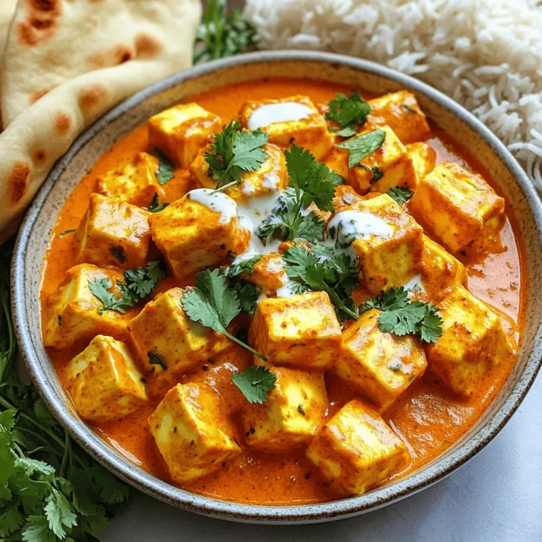 To make Butter Paneer, gather these fresh ingredients: - 250g paneer, cut into bite-sized cubes - 2 tablespoons unsalted butter - 1 tablespoon vegetable oil - 1 medium onion, finely chopped - 2 ripe tomatoes, pureed until smooth - 1 tablespoon ginger-garlic paste - 1 teaspoon cumin seeds - 1 teaspoon garam masala - 1 teaspoon red chili powder - ½ teaspoon turmeric powder - 100ml heavy cream - 1 tablespoon kasuri methi (dried fenugreek leaves) - Salt, to taste - Fresh coriander leaves, chopped, for garnish Each ingredient plays a key role in the dish. The paneer gives a soft texture. Butter and cream create a rich, smooth sauce. The spices add warmth and depth. Use fresh ingredients for the best flavor. You can find the full recipe [Full Recipe]. Enjoy cooking! Preparing the base sauce Start with a large non-stick pan. Add 2 tablespoons of unsalted butter and 1 tablespoon of vegetable oil. Heat them on medium until hot. Add 1 teaspoon of cumin seeds. Let them sizzle for about 30 seconds. This brings out their flavor. Cooking the onions and tomatoes Next, add 1 medium onion, finely chopped. Sauté the onion until it turns golden brown. This takes about 7-10 minutes. Then, add 1 tablespoon of ginger-garlic paste. Cook for 2-3 minutes, stirring to remove the raw smell. Now, pour in 2 ripe tomatoes, pureed until smooth. Cook this mixture for 5-7 minutes. Stir until it thickens and the oil separates. Incorporating spices and paneer Once your sauce is ready, sprinkle in 1 teaspoon of red chili powder, ½ teaspoon of turmeric powder, and 1 teaspoon of garam masala. Mix well to spread the spices. Gently fold in 250g of cubed paneer, ensuring each piece gets coated. Slowly pour in 100ml of heavy cream while stirring. Let the dish simmer for 5 minutes. This helps the paneer absorb all those rich flavors. Finally, add 1 tablespoon of kasuri methi, crumbled, and salt to taste. Stir gently one last time before removing it from heat. You can find the full recipe [here](#). To get the best taste in butter paneer, adjust the spices to your liking. If you prefer more heat, add extra red chili powder. For a milder dish, reduce it. Your taste buds guide the spice level. Balancing creaminess with acidity is key. The heavy cream brings richness, but ripe tomatoes add a tangy kick. This balance makes each bite delightful. If it feels too creamy, add a splash of lemon juice for a bright contrast. Simmering is very important for flavor. After adding the heavy cream, let the dish cook for five more minutes. This allows the paneer to soak up the spices. The longer you simmer, the better the taste becomes. For a complete experience, check out the Full Recipe. {{image_4}} You can change Butter Paneer in many ways. This makes it fun to cook and taste new flavors. - Using tofu for a vegan version: Tofu works great if you want a vegan dish. It soaks up the sauce and gives a nice texture. Cut the tofu into cubes like paneer. Cook it gently to avoid breaking. Use the same cooking steps as for paneer. - Incorporating different vegetables: You can add veggies for more color and taste. Peas, bell peppers, or spinach are great choices. Add them after the onions are soft. This keeps them bright and fresh. - Substituting spices for unique twists: Change up the spices to create new flavors. Try adding curry powder for a different kick. A bit of smoked paprika can give a nice depth. Mix and match spices to find what you love. These variations can transform your Butter Paneer into something new every time you cook. Explore and enjoy! For the complete experience, check out the Full Recipe. Storing Butter Paneer is easy and helps keep it fresh. - Storing in the refrigerator: Place leftover Butter Paneer in an airtight container. It stays good for up to three days. Keep it in the fridge to maintain its creamy texture. - Freezing tips for longer storage: If you want to keep it longer, you can freeze it. Use a freezer-safe container. It can last for about one month. When you're ready to eat, let it thaw in the fridge overnight before reheating. - Reheating instructions: To warm up Butter Paneer, use a non-stick pan. Heat it gently on low heat. Stir occasionally to prevent sticking. You can add a splash of water or cream if it feels too thick while reheating. Do you want to try making this dish? Check out the Full Recipe! Enjoy your cooking! Can I make Butter Paneer in advance? Yes, you can make Butter Paneer ahead of time. Prepare the dish and let it cool. Store it in an airtight container in the fridge. It stays fresh for up to three days. Reheat it gently on the stove before serving. What can I serve with Butter Paneer? Butter Paneer pairs well with many sides. You can serve it with: - Warm naan or roti - Steamed basmati rice - Jeera rice for added flavor - A fresh salad for crunch These options balance the rich flavors of the dish. Is Butter Paneer spicy? Butter Paneer is not very spicy. It has a mild heat. You can adjust the spice level easily. Add less red chili powder for a milder version. The creamy sauce helps tone down the heat. How can I make Butter Paneer less rich? To make Butter Paneer lighter, you can: - Use less butter and cream - Substitute half-and-half for heavy cream - Add more tomato puree for a thinner sauce These changes will help reduce the richness while keeping the flavor. For the full recipe, check out Creamy Butter Paneer Delight. This blog post covered everything you need to make Butter Paneer. We talked about key ingredients, step-by-step cooking, and helpful tips. I shared ways to change the dish and store it well. Remember, balance flavors and have fun experimenting with your meal. Whether you choose paneer or tofu, you can create a tasty dish. Enjoy your cooking and the delicious Butter Paneer you make!