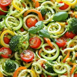 - 4 medium zucchinis, spiralized into noodles - 1 bell pepper (your choice of color), sliced into strips - 1 cup cherry tomatoes, halved - 1 cup broccoli florets, cut into bite-sized pieces - 1 medium carrot, julienned - 1 small red onion, thinly sliced - 3 cloves garlic, minced - 3 tablespoons olive oil, divided - 1 teaspoon dried oregano - 1 teaspoon dried basil - Salt and freshly cracked pepper to taste I love using fresh, colorful veggies. They make this dish pop. The zucchini noodles serve as a light base. They soak up the flavor without overwhelming the dish. The bell pepper adds crunch, while cherry tomatoes bring sweetness. Broccoli gives it a nice texture, and carrots add a touch of earthiness. - Grated Parmesan cheese - Fresh basil leaves, for garnish For a finishing touch, I sprinkle grated Parmesan cheese on top. It adds a savory note that complements the veggies. Fresh basil leaves elevate the dish with a burst of flavor. Feel free to adjust these toppings based on your taste. You can find the full recipe in the article for more detailed steps and tips. Spiralizing Zucchini To start, take 4 medium zucchinis. Use a spiralizer to create long, noodle-like strands. This tool turns the zucchinis into perfect noodles for your dish. If you don’t have a spiralizer, a vegetable peeler can work in a pinch. Draining Excess Moisture Once spiralized, place the noodles in a colander. Let them drain for about 10 minutes. This step is key to avoid sogginess in your final dish. You can even sprinkle a bit of salt to help draw out more water. Heating the Olive Oil In a large skillet, heat 2 tablespoons of olive oil over medium heat. A good pan is crucial for even cooking. You want the oil to shimmer but not smoke. Cooking the Red Onion and Garlic Next, add the sliced red onion. Sauté for about 3 minutes until soft. Then, add 3 minced garlic cloves. Cook these for 1 minute until fragrant. Stir often to prevent burning. Adding Bell Pepper, Carrot, and Broccoli Now, toss in the sliced bell pepper, julienned carrot, and broccoli florets. Stir everything together and sauté for about 5-7 minutes. You want them tender but still crisp. Incorporating Cherry Tomatoes and Herbs Add 1 cup of halved cherry tomatoes next. Sprinkle in 1 teaspoon of dried oregano and 1 teaspoon of dried basil. Cook for another 3 minutes, stirring gently. The tomatoes should soften and release their juices. Sautéing Zucchini Noodles In another pan, heat the last tablespoon of olive oil over medium heat. Add the drained zucchini noodles and sauté for 2-3 minutes. They should be warm but not mushy. Season with salt and freshly cracked pepper to taste. Combining All Ingredients Now, combine the vegetable mix with the zucchini noodles. Gently toss everything together for about 1 minute. This helps all the flavors meld together. You’ll see the vibrant colors blend beautifully. For the full recipe, check out the details provided earlier. Enjoy your colorful Zucchini Noodle Primavera! Avoiding Sogginess To keep your zucchini noodles from getting soggy, always drain them after spiralizing. Place the noodles in a colander. Let them sit for about 20 minutes. This will help remove excess moisture. You can also sprinkle them with salt to draw out more water. Pat them dry with a paper towel before cooking. Cooking Technique Tips Cook the zucchini noodles quickly. Use medium heat to sauté them for just 2 to 3 minutes. You want them warm but still firm. Overcooking makes them mushy, which isn't ideal for this dish. Alternative Seasonings If you want to switch up the flavor, try different herbs. Fresh thyme and parsley work well. You can also add a pinch of red pepper flakes for some heat. Experiment with your favorite spices to find the perfect blend. Adding Protein Options To make your dish heartier, add protein. Grilled chicken or shrimp pairs nicely with the veggies. Tofu is a great option for a vegan version. Cook the protein separately and toss it in at the end. Creative Plating Ideas For a lovely presentation, use a large platter. Arrange the zucchini noodles in a nest in the center. Surround them with the colorful sautéed vegetables. This adds a nice pop of color. Garnishing for Visual Appeal Finish your dish with fresh basil leaves on top. A sprinkle of grated Parmesan cheese can add a finishing touch. This not only looks nice but enhances the flavor too. For the complete recipe, check out the [Full Recipe]. {{image_4}} Gluten-Free Substitutions Zucchini noodles are naturally gluten-free. This dish fits well into a gluten-free diet. You can swap traditional pasta for zucchini noodles without losing flavor. Vegan Options To make this dish vegan, skip the Parmesan cheese. You can use nutritional yeast for a cheesy flavor. Fresh herbs add a nice touch, too. Spicy or Herby Adjustments To spice things up, add red pepper flakes while cooking. This gives the dish a nice kick. You can also try fresh herbs like thyme or rosemary for a twist. Adding Seasonal Vegetables Feel free to mix in seasonal veggies. Asparagus, spinach, or peas work great in spring. In the fall, add roasted squash for a hearty bite. Cold Pasta Salad Version For a refreshing cold dish, let the cooked noodles cool. Toss them with olive oil and lemon juice. Add cherry tomatoes and herbs for a vibrant pasta salad. Casserole Variation To create a casserole, layer the sautéed veggies and zucchini noodles in a baking dish. Top with breadcrumbs and bake until golden. This adds a comforting twist to the classic dish. For the full recipe, check out Zucchini Noodle Primavera Delight! To keep your Zucchini Noodle Primavera fresh, use proper storage containers. Glass or BPA-free plastic containers work well. Make sure the lid seals tightly to avoid air exposure. You can store it in the fridge for about 3 days. After that, the noodles might get soggy. If you notice any signs of spoilage, like an off smell or discoloration, throw it away. Freezing zucchini noodles is easy. First, blanch them in boiling water for about one minute. This step helps preserve their color and texture. Once blanched, place the noodles in a single layer on a baking sheet. Freeze them for a few hours until solid. Then, transfer the noodles to a freezer bag. Remove as much air as possible before sealing. When you’re ready to use them, defrost in the fridge overnight. To reheat, sauté them in a pan over medium heat for 3-5 minutes. This will warm them up without making them mushy. If you have leftovers, don’t worry! You can easily make a new dish. Try mixing them into an omelet for breakfast. This adds great flavor and nutrition. Another idea is to toss them into a soup. They add texture and make the soup heartier. You can also use unused ingredients like bell pepper or broccoli in stir-fries or salads. For more tasty ideas, check out the Full Recipe for Zucchini Noodle Primavera. Zucchini Noodle Primavera is a fresh, light dish that uses zucchini instead of pasta. It is packed with colorful vegetables, making it healthy and fun. The dish combines sautéed zucchini noodles with bell peppers, tomatoes, broccoli, and herbs. Nutritional Benefits: - Zucchini is low in calories and high in fiber. - Bell peppers provide vitamin C and antioxidants. - Tomatoes add lycopene, great for heart health. - This dish is full of vitamins and minerals, supporting overall well-being. You can still enjoy zucchini noodles without a spiralizer. Here are some methods: - Vegetable Peeler: Use a peeler to make long strips of zucchini. - Box Grater: Grate the zucchini for smaller noodle-like pieces. - Knife: Cut thin slices, then stack them and slice into noodles. Tools You Can Use: - A sharp knife for cutting. - A box grater for grating. - A vegetable peeler for long strips. Yes, you can meal prep Zucchini Noodle Primavera. It’s a great dish to make ahead of time. Best Practices for Meal Prep: - Cook the veggies and store them separately from the noodles. - Keep each ingredient in airtight containers. Storing and Reheating Tips: - Refrigerate for up to three days. - Reheat on the stove for best results. - Avoid microwaving, as it can make the noodles soggy. Adding protein can make Zucchini Noodle Primavera a complete meal. Here are some great options: - Grilled Chicken: Add slices for a hearty boost. - Shrimp: Sauté shrimp for a seafood twist. - Tofu: Use cubed tofu for a vegetarian option. - Chickpeas: Add for plant-based protein. Pairing Ideas for a Complete Meal: - Serve with a side salad for extra greens. - Pair with garlic bread for a filling dinner. For the full recipe, check out the detailed instructions above! In this post, I explored how to make Zucchini Noodle Primavera. You learned about key ingredients, like zucchini and colorful veggies. I walked you through each step, from spiralizing to sautéing. I also shared tips to boost flavor and ways to store leftovers. Zucchini Noodle Primavera is fun and easy to customize. So, feel free to try new ingredients or serve it in different styles. Enjoy your cooking adventure and make this dish your own!