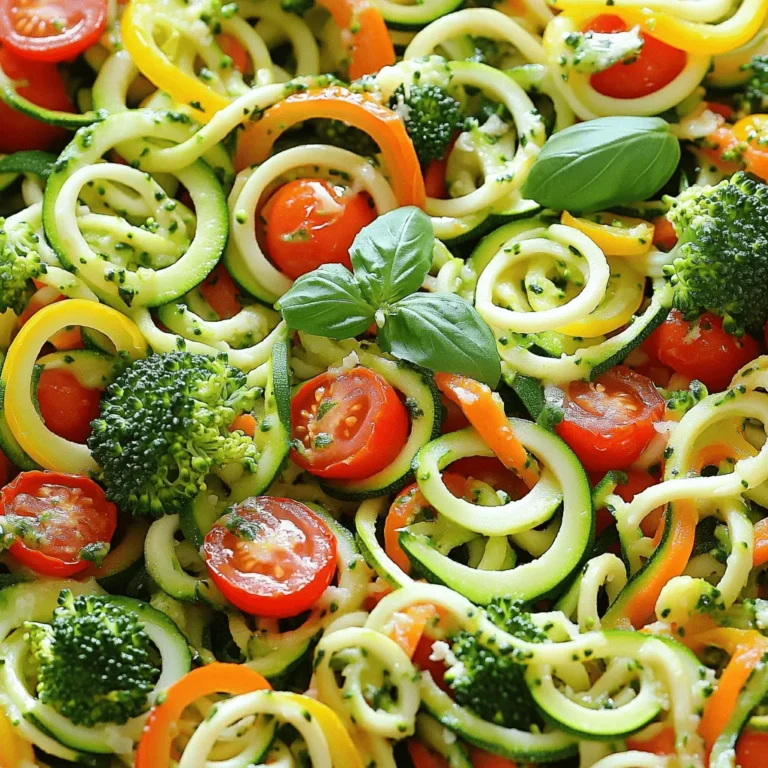 - 4 medium zucchinis, spiralized into noodles - 1 bell pepper (your choice of color), sliced into strips - 1 cup cherry tomatoes, halved - 1 cup broccoli florets, cut into bite-sized pieces - 1 medium carrot, julienned - 1 small red onion, thinly sliced - 3 cloves garlic, minced - 3 tablespoons olive oil, divided - 1 teaspoon dried oregano - 1 teaspoon dried basil - Salt and freshly cracked pepper to taste I love using fresh, colorful veggies. They make this dish pop. The zucchini noodles serve as a light base. They soak up the flavor without overwhelming the dish. The bell pepper adds crunch, while cherry tomatoes bring sweetness. Broccoli gives it a nice texture, and carrots add a touch of earthiness. - Grated Parmesan cheese - Fresh basil leaves, for garnish For a finishing touch, I sprinkle grated Parmesan cheese on top. It adds a savory note that complements the veggies. Fresh basil leaves elevate the dish with a burst of flavor. Feel free to adjust these toppings based on your taste. You can find the full recipe in the article for more detailed steps and tips. Spiralizing Zucchini To start, take 4 medium zucchinis. Use a spiralizer to create long, noodle-like strands. This tool turns the zucchinis into perfect noodles for your dish. If you don’t have a spiralizer, a vegetable peeler can work in a pinch. Draining Excess Moisture Once spiralized, place the noodles in a colander. Let them drain for about 10 minutes. This step is key to avoid sogginess in your final dish. You can even sprinkle a bit of salt to help draw out more water. Heating the Olive Oil In a large skillet, heat 2 tablespoons of olive oil over medium heat. A good pan is crucial for even cooking. You want the oil to shimmer but not smoke. Cooking the Red Onion and Garlic Next, add the sliced red onion. Sauté for about 3 minutes until soft. Then, add 3 minced garlic cloves. Cook these for 1 minute until fragrant. Stir often to prevent burning. Adding Bell Pepper, Carrot, and Broccoli Now, toss in the sliced bell pepper, julienned carrot, and broccoli florets. Stir everything together and sauté for about 5-7 minutes. You want them tender but still crisp. Incorporating Cherry Tomatoes and Herbs Add 1 cup of halved cherry tomatoes next. Sprinkle in 1 teaspoon of dried oregano and 1 teaspoon of dried basil. Cook for another 3 minutes, stirring gently. The tomatoes should soften and release their juices. Sautéing Zucchini Noodles In another pan, heat the last tablespoon of olive oil over medium heat. Add the drained zucchini noodles and sauté for 2-3 minutes. They should be warm but not mushy. Season with salt and freshly cracked pepper to taste. Combining All Ingredients Now, combine the vegetable mix with the zucchini noodles. Gently toss everything together for about 1 minute. This helps all the flavors meld together. You’ll see the vibrant colors blend beautifully. For the full recipe, check out the details provided earlier. Enjoy your colorful Zucchini Noodle Primavera! Avoiding Sogginess To keep your zucchini noodles from getting soggy, always drain them after spiralizing. Place the noodles in a colander. Let them sit for about 20 minutes. This will help remove excess moisture. You can also sprinkle them with salt to draw out more water. Pat them dry with a paper towel before cooking. Cooking Technique Tips Cook the zucchini noodles quickly. Use medium heat to sauté them for just 2 to 3 minutes. You want them warm but still firm. Overcooking makes them mushy, which isn't ideal for this dish. Alternative Seasonings If you want to switch up the flavor, try different herbs. Fresh thyme and parsley work well. You can also add a pinch of red pepper flakes for some heat. Experiment with your favorite spices to find the perfect blend. Adding Protein Options To make your dish heartier, add protein. Grilled chicken or shrimp pairs nicely with the veggies. Tofu is a great option for a vegan version. Cook the protein separately and toss it in at the end. Creative Plating Ideas For a lovely presentation, use a large platter. Arrange the zucchini noodles in a nest in the center. Surround them with the colorful sautéed vegetables. This adds a nice pop of color. Garnishing for Visual Appeal Finish your dish with fresh basil leaves on top. A sprinkle of grated Parmesan cheese can add a finishing touch. This not only looks nice but enhances the flavor too. For the complete recipe, check out the [Full Recipe]. {{image_4}} Gluten-Free Substitutions Zucchini noodles are naturally gluten-free. This dish fits well into a gluten-free diet. You can swap traditional pasta for zucchini noodles without losing flavor. Vegan Options To make this dish vegan, skip the Parmesan cheese. You can use nutritional yeast for a cheesy flavor. Fresh herbs add a nice touch, too. Spicy or Herby Adjustments To spice things up, add red pepper flakes while cooking. This gives the dish a nice kick. You can also try fresh herbs like thyme or rosemary for a twist. Adding Seasonal Vegetables Feel free to mix in seasonal veggies. Asparagus, spinach, or peas work great in spring. In the fall, add roasted squash for a hearty bite. Cold Pasta Salad Version For a refreshing cold dish, let the cooked noodles cool. Toss them with olive oil and lemon juice. Add cherry tomatoes and herbs for a vibrant pasta salad. Casserole Variation To create a casserole, layer the sautéed veggies and zucchini noodles in a baking dish. Top with breadcrumbs and bake until golden. This adds a comforting twist to the classic dish. For the full recipe, check out Zucchini Noodle Primavera Delight! To keep your Zucchini Noodle Primavera fresh, use proper storage containers. Glass or BPA-free plastic containers work well. Make sure the lid seals tightly to avoid air exposure. You can store it in the fridge for about 3 days. After that, the noodles might get soggy. If you notice any signs of spoilage, like an off smell or discoloration, throw it away. Freezing zucchini noodles is easy. First, blanch them in boiling water for about one minute. This step helps preserve their color and texture. Once blanched, place the noodles in a single layer on a baking sheet. Freeze them for a few hours until solid. Then, transfer the noodles to a freezer bag. Remove as much air as possible before sealing. When you’re ready to use them, defrost in the fridge overnight. To reheat, sauté them in a pan over medium heat for 3-5 minutes. This will warm them up without making them mushy. If you have leftovers, don’t worry! You can easily make a new dish. Try mixing them into an omelet for breakfast. This adds great flavor and nutrition. Another idea is to toss them into a soup. They add texture and make the soup heartier. You can also use unused ingredients like bell pepper or broccoli in stir-fries or salads. For more tasty ideas, check out the Full Recipe for Zucchini Noodle Primavera. Zucchini Noodle Primavera is a fresh, light dish that uses zucchini instead of pasta. It is packed with colorful vegetables, making it healthy and fun. The dish combines sautéed zucchini noodles with bell peppers, tomatoes, broccoli, and herbs. Nutritional Benefits: - Zucchini is low in calories and high in fiber. - Bell peppers provide vitamin C and antioxidants. - Tomatoes add lycopene, great for heart health. - This dish is full of vitamins and minerals, supporting overall well-being. You can still enjoy zucchini noodles without a spiralizer. Here are some methods: - Vegetable Peeler: Use a peeler to make long strips of zucchini. - Box Grater: Grate the zucchini for smaller noodle-like pieces. - Knife: Cut thin slices, then stack them and slice into noodles. Tools You Can Use: - A sharp knife for cutting. - A box grater for grating. - A vegetable peeler for long strips. Yes, you can meal prep Zucchini Noodle Primavera. It’s a great dish to make ahead of time. Best Practices for Meal Prep: - Cook the veggies and store them separately from the noodles. - Keep each ingredient in airtight containers. Storing and Reheating Tips: - Refrigerate for up to three days. - Reheat on the stove for best results. - Avoid microwaving, as it can make the noodles soggy. Adding protein can make Zucchini Noodle Primavera a complete meal. Here are some great options: - Grilled Chicken: Add slices for a hearty boost. - Shrimp: Sauté shrimp for a seafood twist. - Tofu: Use cubed tofu for a vegetarian option. - Chickpeas: Add for plant-based protein. Pairing Ideas for a Complete Meal: - Serve with a side salad for extra greens. - Pair with garlic bread for a filling dinner. For the full recipe, check out the detailed instructions above! In this post, I explored how to make Zucchini Noodle Primavera. You learned about key ingredients, like zucchini and colorful veggies. I walked you through each step, from spiralizing to sautéing. I also shared tips to boost flavor and ways to store leftovers. Zucchini Noodle Primavera is fun and easy to customize. So, feel free to try new ingredients or serve it in different styles. Enjoy your cooking adventure and make this dish your own!