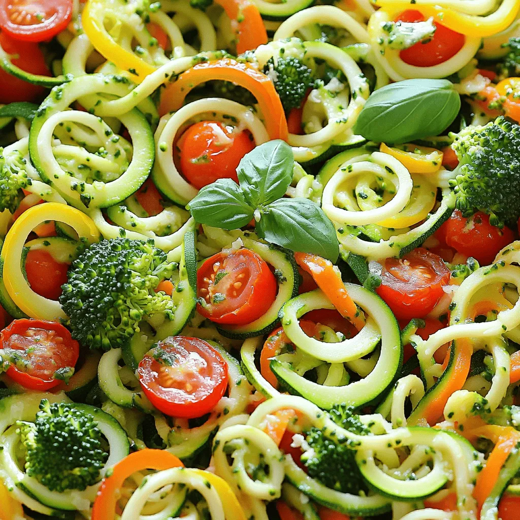 - 4 medium zucchinis, spiralized into noodles - 1 bell pepper (your choice of color), sliced into strips - 1 cup cherry tomatoes, halved - 1 cup broccoli florets, cut into bite-sized pieces - 1 medium carrot, julienned - 1 small red onion, thinly sliced - 3 cloves garlic, minced - 3 tablespoons olive oil, divided - 1 teaspoon dried oregano - 1 teaspoon dried basil - Salt and freshly cracked pepper to taste I love using fresh, colorful veggies. They make this dish pop. The zucchini noodles serve as a light base. They soak up the flavor without overwhelming the dish. The bell pepper adds crunch, while cherry tomatoes bring sweetness. Broccoli gives it a nice texture, and carrots add a touch of earthiness. - Grated Parmesan cheese - Fresh basil leaves, for garnish For a finishing touch, I sprinkle grated Parmesan cheese on top. It adds a savory note that complements the veggies. Fresh basil leaves elevate the dish with a burst of flavor. Feel free to adjust these toppings based on your taste. You can find the full recipe in the article for more detailed steps and tips. Spiralizing Zucchini To start, take 4 medium zucchinis. Use a spiralizer to create long, noodle-like strands. This tool turns the zucchinis into perfect noodles for your dish. If you don’t have a spiralizer, a vegetable peeler can work in a pinch. Draining Excess Moisture Once spiralized, place the noodles in a colander. Let them drain for about 10 minutes. This step is key to avoid sogginess in your final dish. You can even sprinkle a bit of salt to help draw out more water. Heating the Olive Oil In a large skillet, heat 2 tablespoons of olive oil over medium heat. A good pan is crucial for even cooking. You want the oil to shimmer but not smoke. Cooking the Red Onion and Garlic Next, add the sliced red onion. Sauté for about 3 minutes until soft. Then, add 3 minced garlic cloves. Cook these for 1 minute until fragrant. Stir often to prevent burning. Adding Bell Pepper, Carrot, and Broccoli Now, toss in the sliced bell pepper, julienned carrot, and broccoli florets. Stir everything together and sauté for about 5-7 minutes. You want them tender but still crisp. Incorporating Cherry Tomatoes and Herbs Add 1 cup of halved cherry tomatoes next. Sprinkle in 1 teaspoon of dried oregano and 1 teaspoon of dried basil. Cook for another 3 minutes, stirring gently. The tomatoes should soften and release their juices. Sautéing Zucchini Noodles In another pan, heat the last tablespoon of olive oil over medium heat. Add the drained zucchini noodles and sauté for 2-3 minutes. They should be warm but not mushy. Season with salt and freshly cracked pepper to taste. Combining All Ingredients Now, combine the vegetable mix with the zucchini noodles. Gently toss everything together for about 1 minute. This helps all the flavors meld together. You’ll see the vibrant colors blend beautifully. For the full recipe, check out the details provided earlier. Enjoy your colorful Zucchini Noodle Primavera! Avoiding Sogginess To keep your zucchini noodles from getting soggy, always drain them after spiralizing. Place the noodles in a colander. Let them sit for about 20 minutes. This will help remove excess moisture. You can also sprinkle them with salt to draw out more water. Pat them dry with a paper towel before cooking. Cooking Technique Tips Cook the zucchini noodles quickly. Use medium heat to sauté them for just 2 to 3 minutes. You want them warm but still firm. Overcooking makes them mushy, which isn't ideal for this dish. Alternative Seasonings If you want to switch up the flavor, try different herbs. Fresh thyme and parsley work well. You can also add a pinch of red pepper flakes for some heat. Experiment with your favorite spices to find the perfect blend. Adding Protein Options To make your dish heartier, add protein. Grilled chicken or shrimp pairs nicely with the veggies. Tofu is a great option for a vegan version. Cook the protein separately and toss it in at the end. Creative Plating Ideas For a lovely presentation, use a large platter. Arrange the zucchini noodles in a nest in the center. Surround them with the colorful sautéed vegetables. This adds a nice pop of color. Garnishing for Visual Appeal Finish your dish with fresh basil leaves on top. A sprinkle of grated Parmesan cheese can add a finishing touch. This not only looks nice but enhances the flavor too. For the complete recipe, check out the [Full Recipe]. {{image_4}} Gluten-Free Substitutions Zucchini noodles are naturally gluten-free. This dish fits well into a gluten-free diet. You can swap traditional pasta for zucchini noodles without losing flavor. Vegan Options To make this dish vegan, skip the Parmesan cheese. You can use nutritional yeast for a cheesy flavor. Fresh herbs add a nice touch, too. Spicy or Herby Adjustments To spice things up, add red pepper flakes while cooking. This gives the dish a nice kick. You can also try fresh herbs like thyme or rosemary for a twist. Adding Seasonal Vegetables Feel free to mix in seasonal veggies. Asparagus, spinach, or peas work great in spring. In the fall, add roasted squash for a hearty bite. Cold Pasta Salad Version For a refreshing cold dish, let the cooked noodles cool. Toss them with olive oil and lemon juice. Add cherry tomatoes and herbs for a vibrant pasta salad. Casserole Variation To create a casserole, layer the sautéed veggies and zucchini noodles in a baking dish. Top with breadcrumbs and bake until golden. This adds a comforting twist to the classic dish. For the full recipe, check out Zucchini Noodle Primavera Delight! To keep your Zucchini Noodle Primavera fresh, use proper storage containers. Glass or BPA-free plastic containers work well. Make sure the lid seals tightly to avoid air exposure. You can store it in the fridge for about 3 days. After that, the noodles might get soggy. If you notice any signs of spoilage, like an off smell or discoloration, throw it away. Freezing zucchini noodles is easy. First, blanch them in boiling water for about one minute. This step helps preserve their color and texture. Once blanched, place the noodles in a single layer on a baking sheet. Freeze them for a few hours until solid. Then, transfer the noodles to a freezer bag. Remove as much air as possible before sealing. When you’re ready to use them, defrost in the fridge overnight. To reheat, sauté them in a pan over medium heat for 3-5 minutes. This will warm them up without making them mushy. If you have leftovers, don’t worry! You can easily make a new dish. Try mixing them into an omelet for breakfast. This adds great flavor and nutrition. Another idea is to toss them into a soup. They add texture and make the soup heartier. You can also use unused ingredients like bell pepper or broccoli in stir-fries or salads. For more tasty ideas, check out the Full Recipe for Zucchini Noodle Primavera. Zucchini Noodle Primavera is a fresh, light dish that uses zucchini instead of pasta. It is packed with colorful vegetables, making it healthy and fun. The dish combines sautéed zucchini noodles with bell peppers, tomatoes, broccoli, and herbs. Nutritional Benefits: - Zucchini is low in calories and high in fiber. - Bell peppers provide vitamin C and antioxidants. - Tomatoes add lycopene, great for heart health. - This dish is full of vitamins and minerals, supporting overall well-being. You can still enjoy zucchini noodles without a spiralizer. Here are some methods: - Vegetable Peeler: Use a peeler to make long strips of zucchini. - Box Grater: Grate the zucchini for smaller noodle-like pieces. - Knife: Cut thin slices, then stack them and slice into noodles. Tools You Can Use: - A sharp knife for cutting. - A box grater for grating. - A vegetable peeler for long strips. Yes, you can meal prep Zucchini Noodle Primavera. It’s a great dish to make ahead of time. Best Practices for Meal Prep: - Cook the veggies and store them separately from the noodles. - Keep each ingredient in airtight containers. Storing and Reheating Tips: - Refrigerate for up to three days. - Reheat on the stove for best results. - Avoid microwaving, as it can make the noodles soggy. Adding protein can make Zucchini Noodle Primavera a complete meal. Here are some great options: - Grilled Chicken: Add slices for a hearty boost. - Shrimp: Sauté shrimp for a seafood twist. - Tofu: Use cubed tofu for a vegetarian option. - Chickpeas: Add for plant-based protein. Pairing Ideas for a Complete Meal: - Serve with a side salad for extra greens. - Pair with garlic bread for a filling dinner. For the full recipe, check out the detailed instructions above! In this post, I explored how to make Zucchini Noodle Primavera. You learned about key ingredients, like zucchini and colorful veggies. I walked you through each step, from spiralizing to sautéing. I also shared tips to boost flavor and ways to store leftovers. Zucchini Noodle Primavera is fun and easy to customize. So, feel free to try new ingredients or serve it in different styles. Enjoy your cooking adventure and make this dish your own!