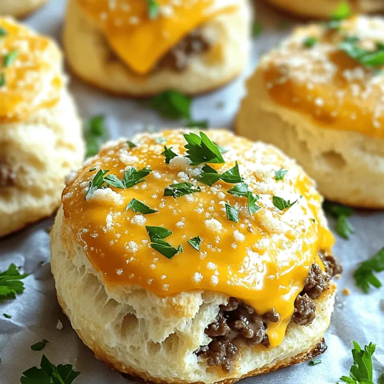 - 1 pound ground beef - 1 tube of refrigerated biscuit dough (about 8 biscuits) - 1 teaspoon garlic powder - 1 teaspoon onion powder - 1 tablespoon Worcestershire sauce - Salt and pepper, to taste - 1 cup shredded sharp cheddar cheese - 1/4 cup finely grated Parmesan cheese To make Garlic Parmesan Cheeseburger Bombs, gather these key ingredients. The ground beef forms the heart of the dish. It brings rich flavor and juiciness. The biscuit dough wraps around the filling, creating a delightful outer layer. Next, flavor enhancers like garlic powder and onion powder boost the taste. Worcestershire sauce adds depth and umami. Don't forget salt and pepper for seasoning. Cheese is vital in this recipe. The sharp cheddar adds a creamy texture and bold flavor. The finely grated Parmesan cheese on top gives a nice crust and an extra kick. With these ingredients, you are set to create a fun and tasty snack. For a full recipe, check the complete details. To start, mix the ground beef with spices. In a large bowl, combine: - 1 pound ground beef - 1 teaspoon garlic powder - 1 teaspoon onion powder - Salt and pepper, to taste Use your hands or a spoon to mix until everything blends well. This step enhances the flavor of the beef. Next, add in the cheese and Worcestershire sauce. Stir in: - 1 cup shredded sharp cheddar cheese - 1 tablespoon Worcestershire sauce Mix again until the cheese is evenly distributed. This combination gives your filling a rich and savory taste. Now it’s time to assemble. Open the tube of biscuit dough and separate it into individual biscuits. Flatten each biscuit into a small circle, about 4 inches wide. You can use your hands or a rolling pin for this. Scoop a tablespoon-sized portion of the beef mixture and place it in the center of each biscuit. Gently fold the edges over the filling, pinching them tightly to seal. This keeps the filling from leaking out during baking. Arrange the bombs seam side down on a baking sheet, leaving about 2 inches between each. Preheat your oven to 375°F (190°C). This temperature is key for a perfect bake. Bake the bombs for 15-20 minutes until they puff up and turn golden brown. Once baked, remove them from the oven and let them cool on the sheet for a few minutes. Finally, sprinkle with chopped fresh parsley for a pop of color and freshness. You can find the full recipe details at [Full Recipe]. Enjoy your tasty snack! To achieve the perfect dough texture, handle the biscuit dough gently. Do not overwork it. When you flatten the dough, aim for about 4 inches wide. This size helps wrap the filling well. If the dough is too thick, it may not cook evenly. To avoid leakage during baking, ensure the edges of each bomb are pinched tightly. Seal them well to keep the filling inside. Also, place the bombs seam side down on the baking sheet. This will help them stay closed in the oven. For serving ideas, place the bombs on a rustic wooden board. This adds a nice touch to your table. Offer dips like ketchup, mustard, or a spicy aioli. They make eating these bombs even more fun. Garnishing with fresh parsley makes a big difference. It adds color and freshness. Sprinkle finely chopped parsley on top just before serving. This makes your dish pop. You can add optional spices or ingredients for a twist. Try adding a pinch of smoked paprika or cayenne pepper for heat. If you love extra cheese, include mozzarella or pepper jack in the filling. To make it spicier or cheesier, mix in some jalapeños or crushed red pepper flakes. You could also use a blend of cheeses for more depth. Experiment with your favorite flavors for a unique spin on these bombs. For the full recipe, check out [Full Recipe]. {{image_4}} You can easily swap out the ground beef for turkey. Turkey makes a lighter option. You can also use plant-based meat if you want a vegetarian choice. This way, everyone can enjoy these tasty bombs. For cheese, think beyond cheddar. Try mozzarella for a gooey texture. You could also use pepper jack if you want a spicy kick. Mixing cheeses can create unique flavors. You have options for cooking these bombs. Air frying is a great choice for a crispy outside. Set your air fryer to 375°F and cook for about 10-12 minutes. Grilling is another fun way to cook them. Just wrap the bombs in foil and place them on the grill. This method adds a smoky flavor that is hard to resist. Making mini versions of these bombs is a fun idea. Use smaller biscuit dough pieces to create bite-sized treats. They’re perfect for parties or game days. Pair these bombs with sides like fresh salads or crispy fries. A side of ranch or spicy ketchup makes a great dip. You can also serve them with a cool coleslaw for a refreshing crunch. For the full recipe, check out the Garlic Parmesan Cheeseburger Bombs. Enjoy cooking! To keep your Garlic Parmesan Cheeseburger Bombs fresh, follow these tips: - Refrigeration: Place leftover bombs in an airtight container. They stay fresh for up to 3 days. - Freezing: For longer storage, wrap each bomb in plastic wrap. Store them in a freezer bag. They can last up to 3 months in the freezer. When it's time to enjoy leftovers, use these methods: - Oven: Preheat your oven to 350°F (175°C). Place the bombs on a baking sheet. Heat for about 10-15 minutes until warm. - Microwave: Use a microwave-safe plate. Heat for 30 seconds at a time until heated through. This method may soften the dough. For the best taste, enjoy your bombs within these time frames: - Refrigerated: Consume within 3 days for optimal flavor and texture. - Frozen: For the best quality, eat them within 3 months. - Signs of spoilage: Look for off smells, changes in color, or visible mold. If you notice any, it's best to discard them. For the full recipe, check out the detailed instructions above. To make Garlic Parmesan Cheeseburger Bombs gluten-free, you can use gluten-free biscuit dough. Many brands offer ready-made options in stores. Always check labels to ensure the dough is certified gluten-free. You can also try making your own dough with gluten-free flour blends. Yes, you can make the meat mixture ahead of time. After mixing the ground beef and spices, store it in an airtight container in the fridge. It will stay fresh for up to two days. Just remember to let it come to room temperature before filling the biscuits. These tasty bombs pair great with various sides. Some popular choices include: - French fries - Onion rings - Salad - Veggie sticks with dip You can also serve them with sauces like ketchup, mustard, or ranch for added flavor. For the full recipe, check out the details provided. In this post, we explored how to make tasty Garlic Parmesan Cheeseburger Bombs. We covered main ingredients like ground beef and biscuit dough, plus flavor boosts from spices and cheese options. You learned step-by-step instructions for preparing, assembling, and baking these treats. I shared tips for perfect texture and presentation, noted substitutions, and offered storage tips. These bombs are fun, easy, and great for sharing. Enjoy making them your own!