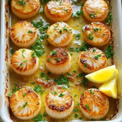 - 1 pound sea scallops, cleaned and thoroughly patted dry - 4 tablespoons unsalted butter, melted - 4 cloves garlic, minced finely - 2 tablespoons fresh parsley, finely chopped - 1 tablespoon fresh lemon juice - 1 teaspoon paprika - Salt and black pepper to taste - Lemon wedges, for serving These ingredients create a tasty dish. The scallops bring a sweet, ocean flavor. The garlic and butter add richness, while lemon gives a bright touch. - Red pepper flakes for heat - Fresh thyme or dill for herbs - Grated Parmesan for a cheesy crust Adding these can make the dish even better. You can customize it to fit your taste. A bit of heat or cheese can make a big difference. When choosing scallops, look for these signs: - They should smell like the ocean, not fishy. - Their flesh should be firm and slightly glossy. - Avoid scallops that are dry or have brown spots. Fresh scallops make a big difference in taste. They should look and smell fresh. Remember, quality matters for the best results. If you want to make this dish, check the [Full Recipe] for all the steps. First, preheat your oven to 400°F (200°C). This temperature helps the scallops cook evenly. While the oven heats, lightly grease a medium baking dish. You can use butter or a cooking spray. This step prevents sticking and makes serving easier. In a small bowl, melt 4 tablespoons of unsalted butter. Add 4 cloves of finely minced garlic to the butter. Next, mix in 2 tablespoons of finely chopped parsley and 1 tablespoon of fresh lemon juice. For flavor, add 1 teaspoon of paprika and a pinch of salt and black pepper. Whisk everything together until it’s well mixed and colorful. This garlic butter will give your scallops a rich taste. Take 1 pound of cleaned sea scallops and pat them dry. Arrange the scallops in a single layer in your greased baking dish. Make sure not to overcrowd them; this helps them cook well. Drizzle your garlic butter mixture over the scallops. Ensure each scallop gets a nice coating for great flavor. Put the baking dish in the preheated oven and bake for 12-15 minutes. The scallops will look opaque and feel slightly firm when done. For a golden top, switch your oven to broil for the last 2 minutes. Keep an eye on them to avoid burning. Once done, take the dish out and let it cool for a minute. Serve warm with lemon wedges on the side. Enjoy this quick and savory delight! For the full recipe, check out the section above. To get the best texture for your garlic butter baked scallops, start with fresh scallops. They should be moist and firm. Make sure to pat them dry with paper towels. This step helps them brown nicely in the oven. When you bake them, don’t crowd the scallops. Space them out in the dish. This ensures even cooking and lets the heat circulate well. For a crispy top, broil them for a couple of minutes at the end. Keep an eye on them; they can burn quickly. A common mistake is using frozen scallops. If you must, thaw them slowly in the fridge. Another pitfall is overcooking. Scallops cook fast, usually in about 12 to 15 minutes. If they turn too firm, you've cooked them too long. Remember to season generously. A lack of seasoning can dull the flavor. Lastly, don't skip the lemon juice. It brightens the dish and enhances the overall taste. When serving garlic butter baked scallops, pair them with fresh lemon wedges. The zest adds a nice touch. You can also serve them over a bed of creamy risotto or pasta. This adds a filling element to your meal. For a light option, try them on a fresh salad. A green salad with a tangy vinaigrette complements the scallops well. If you want something heartier, serve with crusty bread to soak up the garlic butter. For more tips, check the Full Recipe. {{image_4}} You can change the flavor by adding herbs. Try thyme or dill for a fresh taste. A pinch of chili flakes adds heat. Mix in tarragon for a sweet, anise-like flavor. Each herb gives a unique twist to your garlic butter baked scallops. Scallops are great, but don’t stop there! Shrimp or lobster work well too. Both seafood options bake nicely in garlic butter. They offer a different texture and taste. You can even mix scallops with these seafood types for a delightful medley. To make this dish gluten-free, check labels on your butter. Use a dairy-free butter or olive oil instead. This keeps your dish rich without dairy. You can still enjoy the same great flavor while meeting dietary needs. After you enjoy your Garlic Butter Baked Scallops, store any leftovers right away. Place them in an airtight container. Make sure to cool them to room temperature first. This helps keep them fresh. Store them in the fridge for up to three days. When you’re ready to eat the leftovers, reheat them gently. The best way is to use your oven. Preheat it to 350°F (175°C). Place the scallops in a baking dish and cover it with foil. This keeps them moist while reheating. Heat for about 10 minutes. Check if they are warm enough before serving. If you want to save your scallops for later, freezing is a great option. First, let them cool completely. Then, wrap each scallop in plastic wrap. Place the wrapped scallops in a freezer-safe bag or container. They can stay frozen for up to two months. When you’re ready to enjoy them, thaw them overnight in the fridge before reheating. For a full recipe, check out the details in the main article. For baking, sea scallops are the best choice. They have a sweet, tender texture. Look for fresh, plump scallops that smell clean and ocean-like. Avoid scallops that appear dry or smell fishy. If you can get dry-packed scallops, they are even better. These have no added chemicals and offer a great taste. Yes, you can prepare the garlic butter mixture and clean the scallops in advance. Store the mixture in the fridge for up to 24 hours. Keep the scallops covered in the fridge, too. When you're ready to bake, just combine them and follow the steps from the Full Recipe. This will save you time on busy days. To check if scallops are done, look for a bright white color. They should feel firm and opaque. A simple test is to poke one gently with a fork. If it flakes easily, it is done. Be careful not to overcook them. Overcooked scallops can become tough and rubbery. Garlic butter baked scallops go well with many sides. Here are a few options: - Creamy mashed potatoes - Lemon garlic asparagus - Fresh green salad - Steamed rice or quinoa - Garlic bread for a tasty dip These dishes complement the rich flavor of the scallops and enhance your meal experience. To sum up, we covered key tips for making garlic butter baked scallops. You learned about essential ingredients, cooking steps, and helpful tricks. Remember to choose fresh scallops for the best taste. Explore variations to keep it exciting. Store leftovers properly to enjoy later. With these tips, you can impress friends and family with a delicious meal. Enjoy cooking and taste the difference!