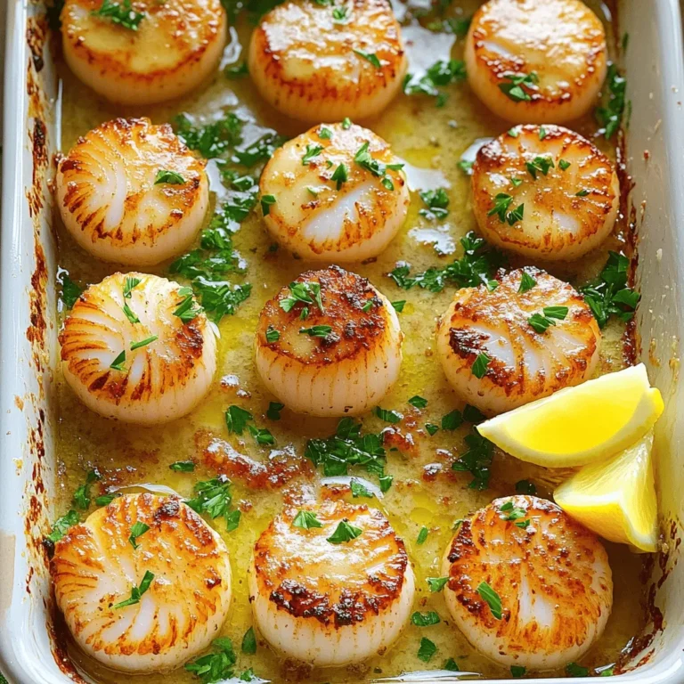 - 1 pound sea scallops, cleaned and thoroughly patted dry - 4 tablespoons unsalted butter, melted - 4 cloves garlic, minced finely - 2 tablespoons fresh parsley, finely chopped - 1 tablespoon fresh lemon juice - 1 teaspoon paprika - Salt and black pepper to taste - Lemon wedges, for serving These ingredients create a tasty dish. The scallops bring a sweet, ocean flavor. The garlic and butter add richness, while lemon gives a bright touch. - Red pepper flakes for heat - Fresh thyme or dill for herbs - Grated Parmesan for a cheesy crust Adding these can make the dish even better. You can customize it to fit your taste. A bit of heat or cheese can make a big difference. When choosing scallops, look for these signs: - They should smell like the ocean, not fishy. - Their flesh should be firm and slightly glossy. - Avoid scallops that are dry or have brown spots. Fresh scallops make a big difference in taste. They should look and smell fresh. Remember, quality matters for the best results. If you want to make this dish, check the [Full Recipe] for all the steps. First, preheat your oven to 400°F (200°C). This temperature helps the scallops cook evenly. While the oven heats, lightly grease a medium baking dish. You can use butter or a cooking spray. This step prevents sticking and makes serving easier. In a small bowl, melt 4 tablespoons of unsalted butter. Add 4 cloves of finely minced garlic to the butter. Next, mix in 2 tablespoons of finely chopped parsley and 1 tablespoon of fresh lemon juice. For flavor, add 1 teaspoon of paprika and a pinch of salt and black pepper. Whisk everything together until it’s well mixed and colorful. This garlic butter will give your scallops a rich taste. Take 1 pound of cleaned sea scallops and pat them dry. Arrange the scallops in a single layer in your greased baking dish. Make sure not to overcrowd them; this helps them cook well. Drizzle your garlic butter mixture over the scallops. Ensure each scallop gets a nice coating for great flavor. Put the baking dish in the preheated oven and bake for 12-15 minutes. The scallops will look opaque and feel slightly firm when done. For a golden top, switch your oven to broil for the last 2 minutes. Keep an eye on them to avoid burning. Once done, take the dish out and let it cool for a minute. Serve warm with lemon wedges on the side. Enjoy this quick and savory delight! For the full recipe, check out the section above. To get the best texture for your garlic butter baked scallops, start with fresh scallops. They should be moist and firm. Make sure to pat them dry with paper towels. This step helps them brown nicely in the oven. When you bake them, don’t crowd the scallops. Space them out in the dish. This ensures even cooking and lets the heat circulate well. For a crispy top, broil them for a couple of minutes at the end. Keep an eye on them; they can burn quickly. A common mistake is using frozen scallops. If you must, thaw them slowly in the fridge. Another pitfall is overcooking. Scallops cook fast, usually in about 12 to 15 minutes. If they turn too firm, you've cooked them too long. Remember to season generously. A lack of seasoning can dull the flavor. Lastly, don't skip the lemon juice. It brightens the dish and enhances the overall taste. When serving garlic butter baked scallops, pair them with fresh lemon wedges. The zest adds a nice touch. You can also serve them over a bed of creamy risotto or pasta. This adds a filling element to your meal. For a light option, try them on a fresh salad. A green salad with a tangy vinaigrette complements the scallops well. If you want something heartier, serve with crusty bread to soak up the garlic butter. For more tips, check the Full Recipe. {{image_4}} You can change the flavor by adding herbs. Try thyme or dill for a fresh taste. A pinch of chili flakes adds heat. Mix in tarragon for a sweet, anise-like flavor. Each herb gives a unique twist to your garlic butter baked scallops. Scallops are great, but don’t stop there! Shrimp or lobster work well too. Both seafood options bake nicely in garlic butter. They offer a different texture and taste. You can even mix scallops with these seafood types for a delightful medley. To make this dish gluten-free, check labels on your butter. Use a dairy-free butter or olive oil instead. This keeps your dish rich without dairy. You can still enjoy the same great flavor while meeting dietary needs. After you enjoy your Garlic Butter Baked Scallops, store any leftovers right away. Place them in an airtight container. Make sure to cool them to room temperature first. This helps keep them fresh. Store them in the fridge for up to three days. When you’re ready to eat the leftovers, reheat them gently. The best way is to use your oven. Preheat it to 350°F (175°C). Place the scallops in a baking dish and cover it with foil. This keeps them moist while reheating. Heat for about 10 minutes. Check if they are warm enough before serving. If you want to save your scallops for later, freezing is a great option. First, let them cool completely. Then, wrap each scallop in plastic wrap. Place the wrapped scallops in a freezer-safe bag or container. They can stay frozen for up to two months. When you’re ready to enjoy them, thaw them overnight in the fridge before reheating. For a full recipe, check out the details in the main article. For baking, sea scallops are the best choice. They have a sweet, tender texture. Look for fresh, plump scallops that smell clean and ocean-like. Avoid scallops that appear dry or smell fishy. If you can get dry-packed scallops, they are even better. These have no added chemicals and offer a great taste. Yes, you can prepare the garlic butter mixture and clean the scallops in advance. Store the mixture in the fridge for up to 24 hours. Keep the scallops covered in the fridge, too. When you're ready to bake, just combine them and follow the steps from the Full Recipe. This will save you time on busy days. To check if scallops are done, look for a bright white color. They should feel firm and opaque. A simple test is to poke one gently with a fork. If it flakes easily, it is done. Be careful not to overcook them. Overcooked scallops can become tough and rubbery. Garlic butter baked scallops go well with many sides. Here are a few options: - Creamy mashed potatoes - Lemon garlic asparagus - Fresh green salad - Steamed rice or quinoa - Garlic bread for a tasty dip These dishes complement the rich flavor of the scallops and enhance your meal experience. To sum up, we covered key tips for making garlic butter baked scallops. You learned about essential ingredients, cooking steps, and helpful tricks. Remember to choose fresh scallops for the best taste. Explore variations to keep it exciting. Store leftovers properly to enjoy later. With these tips, you can impress friends and family with a delicious meal. Enjoy cooking and taste the difference!