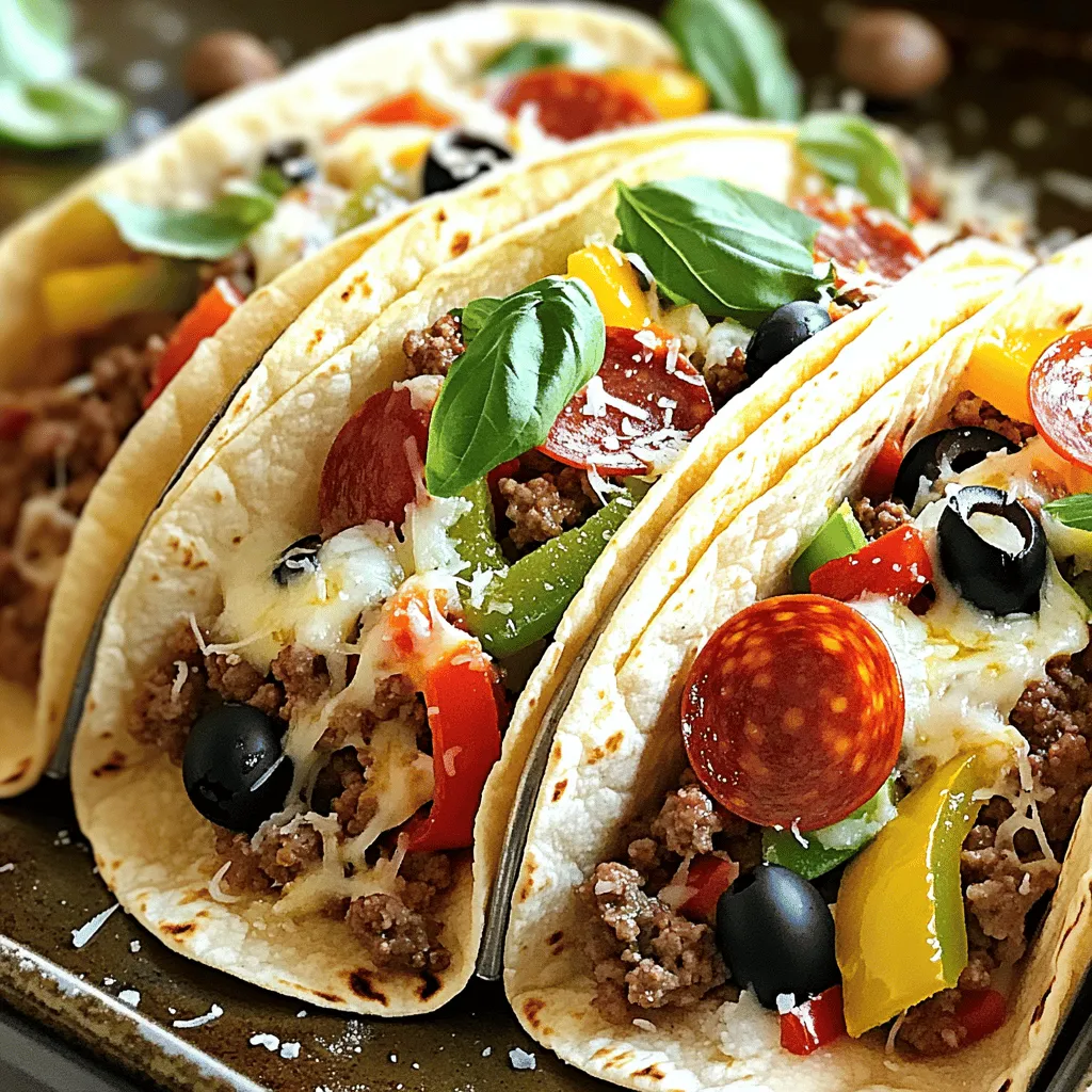 To make Meat Lovers Pizza Tacos, you need these key items: - 1 lb ground beef - 1/2 lb Italian sausage, casing removed - 1/2 lb pepperoni slices - 1 cup shredded mozzarella cheese - 1 cup pizza sauce - 8 small flour tortillas - 1/2 cup chopped bell peppers (red and green) - 1/2 cup sliced black olives - 1/4 cup grated Parmesan cheese - Fresh basil leaves for garnish - Olive oil for cooking - Salt and pepper to taste These ingredients create a rich, savory taco that bursts with flavor. You can add extra ingredients for more flavor: - Sliced jalapeños for heat - Fresh spinach for a healthy touch - Diced onions for extra crunch - Avocado for creaminess - A sprinkle of red pepper flakes for spice Feel free to mix and match to suit your taste. Having the right tools makes cooking easier: - Large skillet for browning meat - Shallow pan for warming tortillas - Spatula for stirring and flipping - Measuring cups and spoons for accuracy - Baking sheet for broiling tacos These tools help ensure a smooth cooking process and great results. For the full recipe, check the details above. Start by heating a large skillet over medium heat. Add a drizzle of olive oil to the pan. Once the oil is hot, add the ground beef and Italian sausage. Season them with salt and pepper. Cook the meat, stirring often, until it’s browned and cooked through. This should take about 7 to 10 minutes. After cooking, drain any extra fat from the skillet. Next, stir in half of the pepperoni slices. Let them cook for another 2 minutes. This helps blend the flavors together very well. While the meat mixture cooks, take a shallow pan and warm the tortillas. Heat them over low heat for about 30 seconds on each side. This makes them soft and easy to fold. After warming, cover the tortillas with a clean kitchen towel. This keeps them warm and pliable until you are ready to assemble. Now it’s time to build your tacos! Spread about one tablespoon of pizza sauce on each tortilla. Next, add a generous scoop of the meat mixture on top of the sauce. Sprinkle a hearty amount of shredded mozzarella cheese over the meat. Then, evenly add the remaining pepperoni slices, chopped bell peppers, and sliced black olives on top of the cheese. Place these assembled tacos under a broiler for 2 to 3 minutes. Watch them closely! You want the cheese to melt and bubble, not burn. Once the cheese is melted to your liking, take the tacos out of the oven. Sprinkle them with grated Parmesan cheese and fresh basil leaves for a burst of flavor. Serve the tacos warm and enjoy the tasty blend of flavors in your Meat Lovers Pizza Tacos! For the complete recipe, check out the Full Recipe section. To make perfect tacos, start with high-quality ingredients. Use fresh ground beef and sausage for the best flavor. Always cook meats in a hot skillet. This helps brown the meat evenly. Don't forget to drain excess fat after cooking. Add half of the pepperoni to the meat mix for extra flavor. When warming tortillas, be gentle. Heat them just enough to make them soft and pliable. For a great presentation, use a large platter. Arrange the tacos neatly and garnish with fresh basil leaves. You can add a bowl of marinara sauce for dipping. A side salad brings freshness to your meal. Try adding colorful veggies to brighten up the plate. This makes your dish look more inviting and appetizing. A common mistake is overcooking the meat. It should be browned but not dry. Keep an eye on the cheese under the broiler. You want it bubbly, not burnt. When assembling, don’t overload the tortillas. Less is more! If you stuff them too much, they may tear. Lastly, serve the tacos right away. They taste best when warm and fresh. For the complete recipe, check out the Full Recipe link. {{image_4}} You can make Meat Lovers Pizza Tacos vegetarian by swapping out the meat. Use a mix of mushrooms, zucchini, and bell peppers. These veggies add a great texture and flavor. You can also try plant-based sausage or ground meat. Use your favorite cheese and keep the pizza sauce. This way, you still get that delicious pizza taste without the meat. For a gluten-free version, use corn tortillas instead of flour. Corn tortillas have a nice flavor and hold up well. Check labels for gluten-free pizza sauce and cheese. You can use gluten-free sausage or ground beef as well. This keeps the dish safe for those with gluten sensitivities while still being tasty. Feel free to mix and match different meats in your tacos. You can use chicken or turkey for a lighter option. For a spicy kick, add chorizo or spicy sausage. Bacon bits can also add a crispy, rich flavor. The key is to find meats you enjoy. Each combination offers a new flavor profile while keeping that classic pizza taste. After a fun meal, you might have some tacos left. To store them, place the tacos in an airtight container. Keep them in the fridge. They will stay fresh for up to three days. If you have extra toppings, store them separately. This helps keep everything fresh. When you want to eat your leftover tacos, you can reheat them easily. The best way is to use an oven. Preheat the oven to 350°F (175°C). Place the tacos on a baking sheet. Heat for about 10 minutes. This method keeps them crispy. You can also microwave them. Just place them on a microwave-safe plate. Heat for 30 seconds to 1 minute, checking often. If you want to save the tacos for a longer time, you can freeze them. First, let them cool completely. Then, wrap each taco in plastic wrap. Place wrapped tacos in a freezer bag. Squeeze out the air and seal it tightly. You can freeze them for up to three months. To eat, thaw them in the fridge overnight and reheat as mentioned above. This way, you can enjoy your Meat Lovers Pizza Tacos anytime! For the full recipe, check out the main section. Yes, you can switch the cheese. Try cheddar, provolone, or even gouda. Each cheese adds a unique flavor. Cheddar gives a sharp taste, while gouda adds a creamy texture. Feel free to mix cheeses for extra flavor too! You have many options for toppings! Add fresh veggies like spinach, mushrooms, or onions. You can also try jalapeños for heat. If you like more meat, add cooked bacon or ham. Don’t forget about sauces! BBQ or ranch can give a fun twist. To reheat tacos, use an oven or a skillet. Preheat your oven to 350°F (175°C). Place tacos on a baking sheet and heat for about 10 minutes. If using a skillet, warm them on low heat for about 5 minutes. This keeps them crispy and delicious. For a quick fix, use the microwave but wrap them in a damp paper towel to avoid sogginess. For the full recipe, check out the complete instructions and enjoy your cooking! Meat lovers pizza tacos are a fun twist on two classics. We covered essential ingredients, cooking tips, and ways to store leftovers. You can even make veggie or gluten-free versions. Remember, with a few simple steps, you can create a tasty meal. Experiment with flavors and share your tacos with friends and family. Enjoy the process and make it your own!