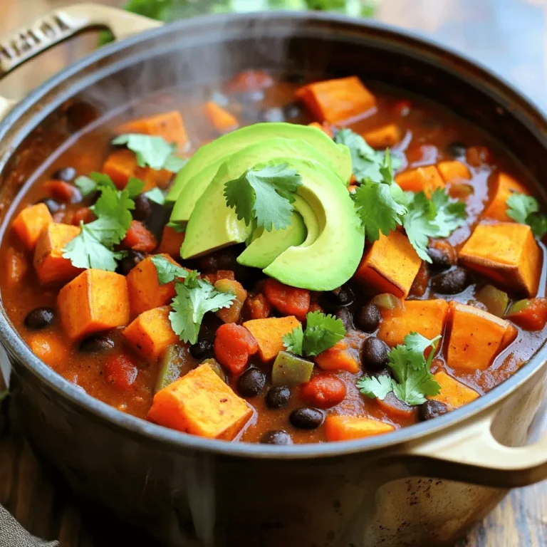 - 2 medium sweet potatoes, peeled and diced into 1/2-inch cubes - 1 can (15 oz) black beans, rinsed and drained - 1 can (15 oz) diced tomatoes with green chilies - 1 medium onion, finely chopped - 3 cloves garlic, minced - 1 bell pepper (choose red or green), diced - 2 cups vegetable broth - 1 tablespoon olive oil - 2 teaspoons chili powder - 1 teaspoon ground cumin - 1 teaspoon smoked paprika - 1/2 teaspoon cayenne pepper (optional, for extra heat) - Salt and pepper to taste - Fresh cilantro, chopped (for garnish) - Slices of avocado (for serving) Sweet Potato Black Bean Chili is full of flavor and nutrients. Sweet potatoes bring a natural sweetness and creaminess to this dish. Black beans add protein and fiber, making it hearty. Diced tomatoes give the chili a nice tang. Aromatics like onion, garlic, and bell pepper create a great base full of flavor. Don't forget the spices! Chili powder, cumin, and smoked paprika elevate the taste. If you love heat, cayenne pepper adds a kick. You can adjust the spices based on your taste. For a fresh finish, top your chili with cilantro and creamy avocado slices. Each ingredient plays a role in making this dish vibrant and satisfying. You can find the full recipe for Sweet Potato Black Bean Chili to get started on this delicious meal. 1. Sauté Aromatics: Start by heating the olive oil in a large pot over medium heat. Add the finely chopped onion and diced bell pepper. Sauté them for about 5 minutes until the onion turns soft and clear. 2. Add Spices: Next, stir in the minced garlic along with chili powder, ground cumin, smoked paprika, and cayenne pepper if you want some heat. Cook this mix for another minute. The spices will smell great as they heat up. 3. Incorporate Sweet Potatoes: Now, add the diced sweet potatoes to the pot. Mix them well with the other ingredients. Let them cook for another 5 minutes, stirring occasionally. 4. Combine Rest of Ingredients: Pour in the vegetable broth, and then add the diced tomatoes with green chilies and the black beans. Use a wooden spoon to stir everything until it blends well. 5. Simmer the Chili: Raise the heat to bring the mixture to a boil. Once boiling, lower the heat and cover the pot. Let the chili simmer for 25 to 30 minutes. The sweet potatoes should become fork-tender. 6. Season to Taste: After simmering, taste your chili. Add salt and pepper to your liking. For a heartier texture, mash some sweet potatoes against the pot with a fork. 7. Serve: Ladle the chili into bowls while it’s hot. Top each bowl with fresh cilantro and slices of avocado for a creamy touch. This Sweet Potato Black Bean Chili is full of flavor and very satisfying. You can find the Full Recipe above to guide you through each step! To achieve the perfect texture in your chili, cook the sweet potatoes until they are fork-tender. This means they should be soft but not mushy. Stir them gently while cooking. If you want to adjust the spice levels, start with the suggested amount of cayenne pepper. You can always add more later if you like more heat. Remember, it’s easier to add than to take away! To enhance the flavors, let your chili simmer longer. This allows the spices to blend with the sweet potatoes and black beans. A splash of lime juice at the end adds brightness too. For garnishing, fresh cilantro and avocado work wonders. Just chop the cilantro finely and sprinkle it on top. Slices of avocado add a creamy touch that contrasts well with the chili's heat. You can pair this chili with warm cornbread or tortilla chips. Both add a nice crunch. If you want to keep it light, serve it with a simple green salad on the side. Try out these tips to make your Sweet Potato Black Bean Chili even better! For more detailed steps, check the Full Recipe. {{image_4}} You can change a few ingredients in this chili to suit your taste. - Alternative beans: If you want, you can swap black beans for pinto or kidney beans. Each type brings its own flavor. - Vegan options: This recipe is already vegan! You can keep it simple and tasty. - Adding protein: For extra protein, add cooked quinoa or lentils. You can also use shredded chicken or turkey if you like meat. To boost the taste of your chili, try these tips. - Experimenting with spices: You can add more spices like oregano or coriander. A pinch of cinnamon can give a warm flavor. - Adding vegetables: Feel free to toss in chopped carrots, zucchini, or corn. These veggies add color and nutrients. Remember, cooking is all about having fun and trying new things. Check the Full Recipe for more ideas! To keep your Sweet Potato Black Bean Chili fresh, store it properly. - Refrigeration tips: Place your chili in an airtight container. It will stay good for up to 5 days in the fridge. Make sure it cools down before sealing. - Freezing instructions: For longer storage, freeze the chili. Use freezer-safe containers or bags. It will last for about 3 months. Label the containers with the date so you can track freshness. When it comes to reheating, you want to keep the flavor intact. - Best methods for reheating chili: The stovetop works best. Pour the chili into a pot and heat on medium until warm. Stir often to avoid sticking. You can also use the microwave. Heat in a microwave-safe bowl, covering it loosely. Stir halfway through. - Storage duration for freshness: If stored properly, the chili stays tasty for about 5 days in the fridge and three months in the freezer. After that, the flavor may fade. Always check for any off smells before serving again. For the full recipe, refer to the Sweet Potato Black Bean Chili section. Yes, Sweet Potato Black Bean Chili is vegan. It contains no meat or animal products. The main ingredients are sweet potatoes, black beans, and vegetables. This makes it a healthy choice for everyone. It takes about 40 minutes to cook this chili. You will spend 10 minutes on prep and 30 minutes simmering. This timing gives the flavors time to blend well. Yes, you can make this chili in a slow cooker. Just sauté the aromatics first. Then, add everything to the slow cooker. Cook on low for 6–8 hours or on high for 3–4 hours. This helps the flavors develop nicely. You can use many toppings for this chili. Some great options are: - Fresh cilantro - Slices of avocado - Lime wedges - Shredded cheese (if not vegan) - Sour cream (if not vegan) These toppings add flavor and texture to the dish. To serve more people, simply double the ingredients. You can use a larger pot to cook it all. Remember to adjust the cooking time if needed. Check the chili for doneness after the usual 30 minutes. Enjoy the Full Recipe for more details! This blog explored making Sweet Potato Black Bean Chili. We covered its key ingredients, like sweet potatoes and black beans, and offered step-by-step instructions for preparation. You learned tips for perfect texture and flavor, plus fun serving ideas. We also discussed variations and shared storage and reheating advice. In conclusion, this dish is simple, tasty, and flexible. With a few adjustments, you can make it your own. I hope you enjoy creating this chili as much as I do.