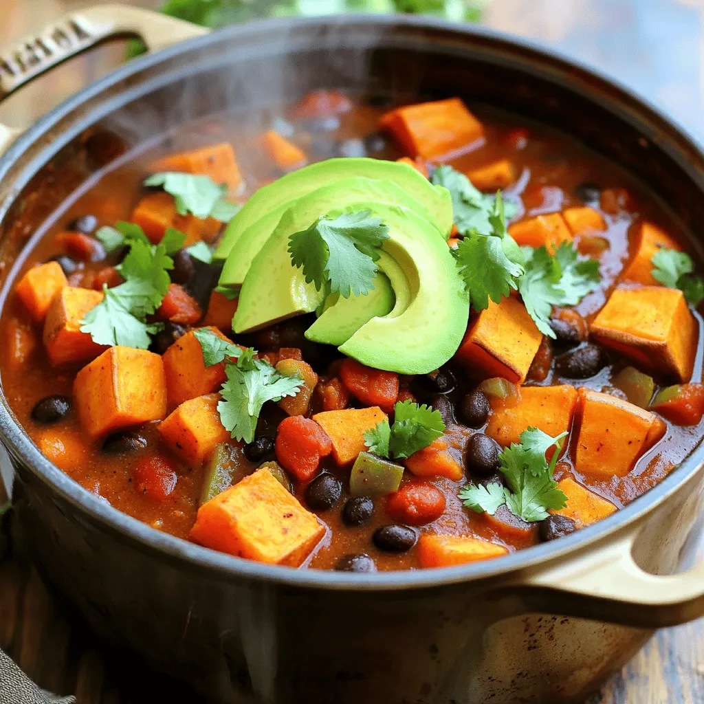 - 2 medium sweet potatoes, peeled and diced into 1/2-inch cubes - 1 can (15 oz) black beans, rinsed and drained - 1 can (15 oz) diced tomatoes with green chilies - 1 medium onion, finely chopped - 3 cloves garlic, minced - 1 bell pepper (choose red or green), diced - 2 cups vegetable broth - 1 tablespoon olive oil - 2 teaspoons chili powder - 1 teaspoon ground cumin - 1 teaspoon smoked paprika - 1/2 teaspoon cayenne pepper (optional, for extra heat) - Salt and pepper to taste - Fresh cilantro, chopped (for garnish) - Slices of avocado (for serving) Sweet Potato Black Bean Chili is full of flavor and nutrients. Sweet potatoes bring a natural sweetness and creaminess to this dish. Black beans add protein and fiber, making it hearty. Diced tomatoes give the chili a nice tang. Aromatics like onion, garlic, and bell pepper create a great base full of flavor. Don't forget the spices! Chili powder, cumin, and smoked paprika elevate the taste. If you love heat, cayenne pepper adds a kick. You can adjust the spices based on your taste. For a fresh finish, top your chili with cilantro and creamy avocado slices. Each ingredient plays a role in making this dish vibrant and satisfying. You can find the full recipe for Sweet Potato Black Bean Chili to get started on this delicious meal. 1. Sauté Aromatics: Start by heating the olive oil in a large pot over medium heat. Add the finely chopped onion and diced bell pepper. Sauté them for about 5 minutes until the onion turns soft and clear. 2. Add Spices: Next, stir in the minced garlic along with chili powder, ground cumin, smoked paprika, and cayenne pepper if you want some heat. Cook this mix for another minute. The spices will smell great as they heat up. 3. Incorporate Sweet Potatoes: Now, add the diced sweet potatoes to the pot. Mix them well with the other ingredients. Let them cook for another 5 minutes, stirring occasionally. 4. Combine Rest of Ingredients: Pour in the vegetable broth, and then add the diced tomatoes with green chilies and the black beans. Use a wooden spoon to stir everything until it blends well. 5. Simmer the Chili: Raise the heat to bring the mixture to a boil. Once boiling, lower the heat and cover the pot. Let the chili simmer for 25 to 30 minutes. The sweet potatoes should become fork-tender. 6. Season to Taste: After simmering, taste your chili. Add salt and pepper to your liking. For a heartier texture, mash some sweet potatoes against the pot with a fork. 7. Serve: Ladle the chili into bowls while it’s hot. Top each bowl with fresh cilantro and slices of avocado for a creamy touch. This Sweet Potato Black Bean Chili is full of flavor and very satisfying. You can find the Full Recipe above to guide you through each step! To achieve the perfect texture in your chili, cook the sweet potatoes until they are fork-tender. This means they should be soft but not mushy. Stir them gently while cooking. If you want to adjust the spice levels, start with the suggested amount of cayenne pepper. You can always add more later if you like more heat. Remember, it’s easier to add than to take away! To enhance the flavors, let your chili simmer longer. This allows the spices to blend with the sweet potatoes and black beans. A splash of lime juice at the end adds brightness too. For garnishing, fresh cilantro and avocado work wonders. Just chop the cilantro finely and sprinkle it on top. Slices of avocado add a creamy touch that contrasts well with the chili's heat. You can pair this chili with warm cornbread or tortilla chips. Both add a nice crunch. If you want to keep it light, serve it with a simple green salad on the side. Try out these tips to make your Sweet Potato Black Bean Chili even better! For more detailed steps, check the Full Recipe. {{image_4}} You can change a few ingredients in this chili to suit your taste. - Alternative beans: If you want, you can swap black beans for pinto or kidney beans. Each type brings its own flavor. - Vegan options: This recipe is already vegan! You can keep it simple and tasty. - Adding protein: For extra protein, add cooked quinoa or lentils. You can also use shredded chicken or turkey if you like meat. To boost the taste of your chili, try these tips. - Experimenting with spices: You can add more spices like oregano or coriander. A pinch of cinnamon can give a warm flavor. - Adding vegetables: Feel free to toss in chopped carrots, zucchini, or corn. These veggies add color and nutrients. Remember, cooking is all about having fun and trying new things. Check the Full Recipe for more ideas! To keep your Sweet Potato Black Bean Chili fresh, store it properly. - Refrigeration tips: Place your chili in an airtight container. It will stay good for up to 5 days in the fridge. Make sure it cools down before sealing. - Freezing instructions: For longer storage, freeze the chili. Use freezer-safe containers or bags. It will last for about 3 months. Label the containers with the date so you can track freshness. When it comes to reheating, you want to keep the flavor intact. - Best methods for reheating chili: The stovetop works best. Pour the chili into a pot and heat on medium until warm. Stir often to avoid sticking. You can also use the microwave. Heat in a microwave-safe bowl, covering it loosely. Stir halfway through. - Storage duration for freshness: If stored properly, the chili stays tasty for about 5 days in the fridge and three months in the freezer. After that, the flavor may fade. Always check for any off smells before serving again. For the full recipe, refer to the Sweet Potato Black Bean Chili section. Yes, Sweet Potato Black Bean Chili is vegan. It contains no meat or animal products. The main ingredients are sweet potatoes, black beans, and vegetables. This makes it a healthy choice for everyone. It takes about 40 minutes to cook this chili. You will spend 10 minutes on prep and 30 minutes simmering. This timing gives the flavors time to blend well. Yes, you can make this chili in a slow cooker. Just sauté the aromatics first. Then, add everything to the slow cooker. Cook on low for 6–8 hours or on high for 3–4 hours. This helps the flavors develop nicely. You can use many toppings for this chili. Some great options are: - Fresh cilantro - Slices of avocado - Lime wedges - Shredded cheese (if not vegan) - Sour cream (if not vegan) These toppings add flavor and texture to the dish. To serve more people, simply double the ingredients. You can use a larger pot to cook it all. Remember to adjust the cooking time if needed. Check the chili for doneness after the usual 30 minutes. Enjoy the Full Recipe for more details! This blog explored making Sweet Potato Black Bean Chili. We covered its key ingredients, like sweet potatoes and black beans, and offered step-by-step instructions for preparation. You learned tips for perfect texture and flavor, plus fun serving ideas. We also discussed variations and shared storage and reheating advice. In conclusion, this dish is simple, tasty, and flexible. With a few adjustments, you can make it your own. I hope you enjoy creating this chili as much as I do.