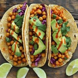 - 2 cans (15 oz each) chickpeas, thoroughly drained and rinsed - 1 tablespoon olive oil - 2 teaspoons smoked paprika - 1 teaspoon ground cumin - 1 teaspoon chili powder - 1/2 teaspoon cayenne pepper - Salt and freshly ground black pepper to taste - 8 small corn or flour tortillas - 1 ripe avocado, sliced into wedges - 1 cup red cabbage, finely shredded - 1/2 cup fresh cilantro, chopped - 1 lime, cut into wedges for serving - Optional: your favorite hot sauce Gathering these ingredients sets you up for taco success. Chickpeas bring protein and texture, while spices like paprika and cumin add warmth. The cayenne pepper heat can be adjusted to your taste. Fresh toppings like avocado and cilantro enhance the flavor and color. Using small corn or flour tortillas makes each taco easy to hold. The lime adds a refreshing zing, perfect for balancing the spices. For those who love heat, a drizzle of hot sauce makes these tacos pop. For the complete recipe, check out the Full Recipe. 1. Heat olive oil in a skillet and add chickpeas. Start by pouring olive oil into a large skillet. Place it over medium heat. Wait until the oil shimmers. Then, add the drained chickpeas. 2. Season chickpeas with spices and sauté. Sprinkle the chickpeas with smoked paprika, cumin, chili powder, cayenne, salt, and pepper. Stir well to coat the chickpeas evenly. Sauté them for about 5 to 7 minutes. You want them heated through and slightly crispy. 3. Warm tortillas in a separate skillet. While the chickpeas cook, grab another skillet. Heat it over medium heat, then warm each tortilla for about 30 seconds. Flip them to make both sides soft and pliable. 4. Assemble the tacos with fillings. Take a warm tortilla and place a good spoonful of the chickpea mixture in the center. Add some avocado slices, shredded red cabbage, and chopped cilantro on top. - Prep Time: 10 minutes - Total Cook Time: 10 minutes Present your tacos with lime wedges and a side of hot sauce. This adds a zesty kick and enhances the flavor. For a fun touch, arrange the tacos on a platter with lime wedges and small bowls of hot sauce. It makes serving easy and inviting. You can find the full recipe in the earlier sections of this article. To make the perfect crispy chickpeas, start by draining and rinsing them well. Then, heat olive oil in a skillet. Once the oil is hot, add the chickpeas. Sprinkle them with smoked paprika, cumin, chili powder, and cayenne. Cook them for about 5-7 minutes. Stir often to ensure they crisp up nicely. This method gives you that crunchy texture everyone loves. For warming tortillas effectively, use a dry skillet over medium heat. Place each tortilla in the skillet for about 30 seconds per side. This method keeps them soft and pliable. Warm tortillas make a big difference in your taco experience. The best accompaniments for spicy chickpea tacos include fresh avocado, shredded red cabbage, and chopped cilantro. These toppings add color and taste. Lime wedges add a zesty touch that brightens the dish. For garnishing, arrange the tacos on a platter. Use lime wedges and small bowls of hot sauce to enhance the look. You can also sprinkle extra cilantro on top for a pop of green. One common mistake is overcooking the chickpeas. Keep an eye on them while cooking. They should be crispy but not burnt. Another mistake is using cold tortillas. Cold tortillas can break and spoil your tacos. Always warm them up for the best texture. For the full recipe, check out the [Full Recipe]. {{image_4}} For a vegan twist, you have many choices. Use corn tortillas instead of flour. Always check labels to ensure they're gluten-free. You can switch out the olive oil with avocado oil. This will give a nice flavor. If you want a different taste, try adding smoked chipotle peppers. They add a great smoky heat. You can also swap chickpeas for black beans. This changes the flavor but keeps it hearty. Toppings make your tacos fun and tasty. Consider adding pickled red onions for a tangy kick. You can also try crumbled feta or vegan cheese for creaminess. For sauces, think about a zesty lime crema. Just mix yogurt, lime juice, and a bit of garlic. Another great option is a spicy salsa. It adds a fresh kick that pairs well with the chickpeas. Explore these ideas to customize your Spicy Chickpea Tacos. Enjoy the full recipe that brings all these flavors together! To keep your spicy chickpea tacos fresh, store them properly. Place the cooked chickpeas in an airtight container. Keep the tortillas in a separate bag to avoid sogginess. You can store both in the fridge for up to three days. If you want to keep them longer, consider freezing the chickpeas. They can last up to three months in the freezer. When it's time to enjoy your leftovers, reheat with care. Use a skillet over medium heat for the chickpeas. Stir them occasionally until they are hot. For tortillas, warm them in a dry skillet too. This helps keep them soft and pliable. Avoid using the microwave, as it can make them chewy. For the best taste, enjoy your tacos fresh with the toppings added just before serving. To boost the heat, you can add more cayenne pepper. Increase it to one teaspoon or more, depending on your taste. You can also use a hotter chili powder. Consider adding fresh jalapeños or serrano peppers for a fresh kick. If you love sauces, try a spicy salsa or hot sauce on top. Yes, canned chickpeas are great for this recipe. They are quick and easy to use. Canned chickpeas save time since they are already cooked. They have a soft texture, which works well for tacos. Drain and rinse them to remove salt and canning liquid. You can also use dried chickpeas, but they take longer to cook. Some popular sides include Mexican rice and refried beans. You can also serve a fresh salad with lime dressing. Guacamole is a tasty option, too. Chips and salsa add a nice crunch. For a refreshing touch, consider sweet corn salad or grilled veggies. You can find great Spicy Chickpea Tacos at local vegan or vegetarian spots. Some food trucks specialize in creative tacos. Many restaurants that focus on Mexican food may have their unique twist on this dish. Ask friends for recommendations, or check online reviews for the best places in your area. Spicy Chickpea Tacos are quick and tasty. You learned how to make them using simple ingredients like chickpeas and spices. We covered tips to avoid mistakes and enhance your dish. You can also create variations to meet dietary needs. Remember to store and reheat leftovers properly. These tacos are a satisfying meal for anyone. Enjoy making them your own with new flavors!