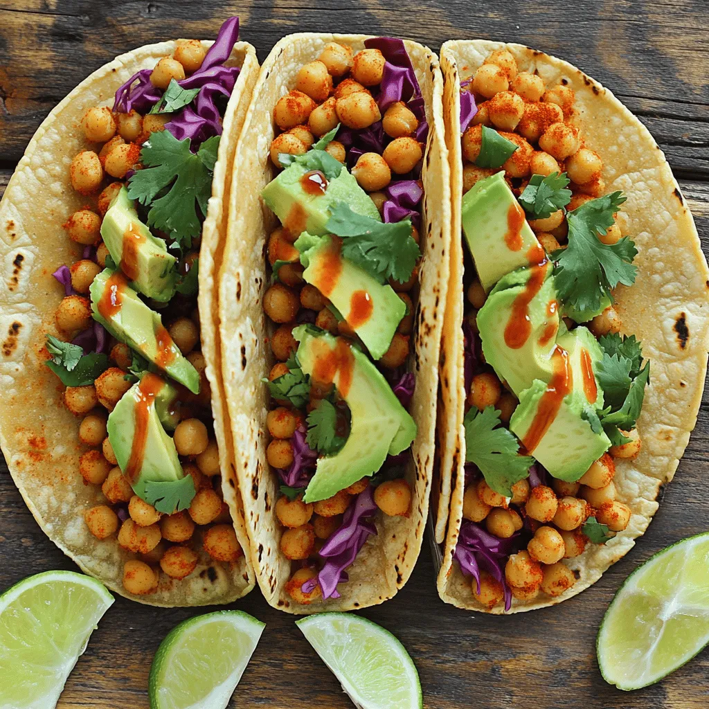 - 2 cans (15 oz each) chickpeas, thoroughly drained and rinsed - 1 tablespoon olive oil - 2 teaspoons smoked paprika - 1 teaspoon ground cumin - 1 teaspoon chili powder - 1/2 teaspoon cayenne pepper - Salt and freshly ground black pepper to taste - 8 small corn or flour tortillas - 1 ripe avocado, sliced into wedges - 1 cup red cabbage, finely shredded - 1/2 cup fresh cilantro, chopped - 1 lime, cut into wedges for serving - Optional: your favorite hot sauce Gathering these ingredients sets you up for taco success. Chickpeas bring protein and texture, while spices like paprika and cumin add warmth. The cayenne pepper heat can be adjusted to your taste. Fresh toppings like avocado and cilantro enhance the flavor and color. Using small corn or flour tortillas makes each taco easy to hold. The lime adds a refreshing zing, perfect for balancing the spices. For those who love heat, a drizzle of hot sauce makes these tacos pop. For the complete recipe, check out the Full Recipe. 1. Heat olive oil in a skillet and add chickpeas. Start by pouring olive oil into a large skillet. Place it over medium heat. Wait until the oil shimmers. Then, add the drained chickpeas. 2. Season chickpeas with spices and sauté. Sprinkle the chickpeas with smoked paprika, cumin, chili powder, cayenne, salt, and pepper. Stir well to coat the chickpeas evenly. Sauté them for about 5 to 7 minutes. You want them heated through and slightly crispy. 3. Warm tortillas in a separate skillet. While the chickpeas cook, grab another skillet. Heat it over medium heat, then warm each tortilla for about 30 seconds. Flip them to make both sides soft and pliable. 4. Assemble the tacos with fillings. Take a warm tortilla and place a good spoonful of the chickpea mixture in the center. Add some avocado slices, shredded red cabbage, and chopped cilantro on top. - Prep Time: 10 minutes - Total Cook Time: 10 minutes Present your tacos with lime wedges and a side of hot sauce. This adds a zesty kick and enhances the flavor. For a fun touch, arrange the tacos on a platter with lime wedges and small bowls of hot sauce. It makes serving easy and inviting. You can find the full recipe in the earlier sections of this article. To make the perfect crispy chickpeas, start by draining and rinsing them well. Then, heat olive oil in a skillet. Once the oil is hot, add the chickpeas. Sprinkle them with smoked paprika, cumin, chili powder, and cayenne. Cook them for about 5-7 minutes. Stir often to ensure they crisp up nicely. This method gives you that crunchy texture everyone loves. For warming tortillas effectively, use a dry skillet over medium heat. Place each tortilla in the skillet for about 30 seconds per side. This method keeps them soft and pliable. Warm tortillas make a big difference in your taco experience. The best accompaniments for spicy chickpea tacos include fresh avocado, shredded red cabbage, and chopped cilantro. These toppings add color and taste. Lime wedges add a zesty touch that brightens the dish. For garnishing, arrange the tacos on a platter. Use lime wedges and small bowls of hot sauce to enhance the look. You can also sprinkle extra cilantro on top for a pop of green. One common mistake is overcooking the chickpeas. Keep an eye on them while cooking. They should be crispy but not burnt. Another mistake is using cold tortillas. Cold tortillas can break and spoil your tacos. Always warm them up for the best texture. For the full recipe, check out the [Full Recipe]. {{image_4}} For a vegan twist, you have many choices. Use corn tortillas instead of flour. Always check labels to ensure they're gluten-free. You can switch out the olive oil with avocado oil. This will give a nice flavor. If you want a different taste, try adding smoked chipotle peppers. They add a great smoky heat. You can also swap chickpeas for black beans. This changes the flavor but keeps it hearty. Toppings make your tacos fun and tasty. Consider adding pickled red onions for a tangy kick. You can also try crumbled feta or vegan cheese for creaminess. For sauces, think about a zesty lime crema. Just mix yogurt, lime juice, and a bit of garlic. Another great option is a spicy salsa. It adds a fresh kick that pairs well with the chickpeas. Explore these ideas to customize your Spicy Chickpea Tacos. Enjoy the full recipe that brings all these flavors together! To keep your spicy chickpea tacos fresh, store them properly. Place the cooked chickpeas in an airtight container. Keep the tortillas in a separate bag to avoid sogginess. You can store both in the fridge for up to three days. If you want to keep them longer, consider freezing the chickpeas. They can last up to three months in the freezer. When it's time to enjoy your leftovers, reheat with care. Use a skillet over medium heat for the chickpeas. Stir them occasionally until they are hot. For tortillas, warm them in a dry skillet too. This helps keep them soft and pliable. Avoid using the microwave, as it can make them chewy. For the best taste, enjoy your tacos fresh with the toppings added just before serving. To boost the heat, you can add more cayenne pepper. Increase it to one teaspoon or more, depending on your taste. You can also use a hotter chili powder. Consider adding fresh jalapeños or serrano peppers for a fresh kick. If you love sauces, try a spicy salsa or hot sauce on top. Yes, canned chickpeas are great for this recipe. They are quick and easy to use. Canned chickpeas save time since they are already cooked. They have a soft texture, which works well for tacos. Drain and rinse them to remove salt and canning liquid. You can also use dried chickpeas, but they take longer to cook. Some popular sides include Mexican rice and refried beans. You can also serve a fresh salad with lime dressing. Guacamole is a tasty option, too. Chips and salsa add a nice crunch. For a refreshing touch, consider sweet corn salad or grilled veggies. You can find great Spicy Chickpea Tacos at local vegan or vegetarian spots. Some food trucks specialize in creative tacos. Many restaurants that focus on Mexican food may have their unique twist on this dish. Ask friends for recommendations, or check online reviews for the best places in your area. Spicy Chickpea Tacos are quick and tasty. You learned how to make them using simple ingredients like chickpeas and spices. We covered tips to avoid mistakes and enhance your dish. You can also create variations to meet dietary needs. Remember to store and reheat leftovers properly. These tacos are a satisfying meal for anyone. Enjoy making them your own with new flavors!