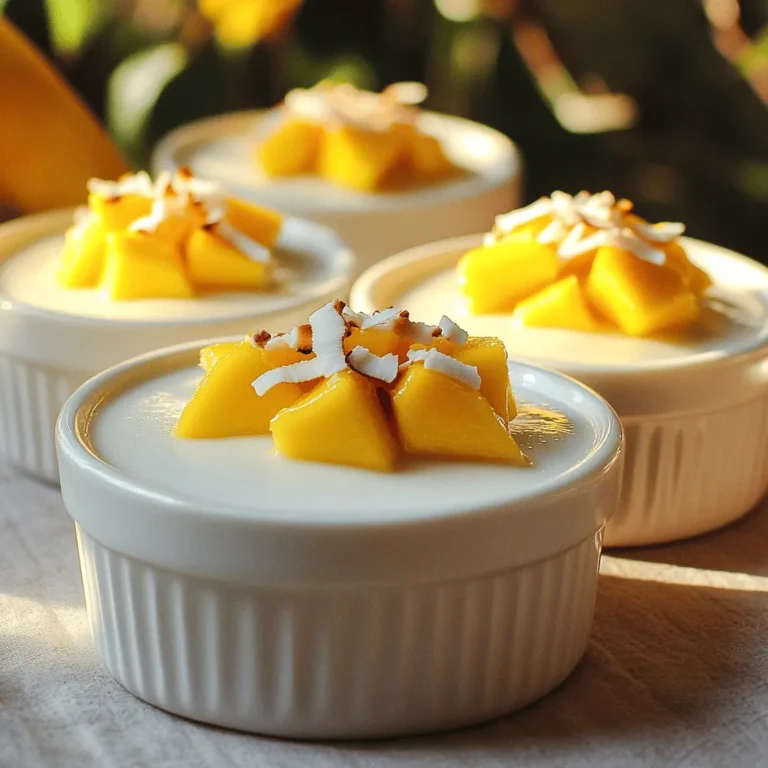 For a rich Coconut Panna Cotta, you need just a few key items: - 2 cups creamy coconut milk - 1 cup rich heavy cream - 1/2 cup granulated sugar - 2 teaspoons powdered gelatin - 3 tablespoons cold water - 1 teaspoon pure vanilla extract - A pinch of fine salt These ingredients come together to create a smooth and creamy dessert. The coconut milk gives a tropical flavor. The heavy cream adds richness. Sugar sweetens it all perfectly. You can enhance your Coconut Panna Cotta with some fun toppings: - Fresh mango slices - Toasted coconut flakes These garnishes add color and texture. They also bring a burst of flavor. Feel free to mix and match! If you have dietary needs, you can make some easy swaps: - Use almond milk for a nutty taste. - Substitute heavy cream with coconut cream for a dairy-free option. - For a vegan version, try agar-agar instead of gelatin. These substitutions keep your Coconut Panna Cotta tasty while fitting your diet. You can enjoy this dessert no matter your needs! Check the Full Recipe for more details. Start by blooming the gelatin. Take a small bowl and sprinkle the powdered gelatin over the cold water. Let it soak for about 5 minutes. You will see it form a gel-like texture. This step is key for a smooth panna cotta. Next, prepare the coconut mixture. In a medium saucepan, mix together the coconut milk, heavy cream, granulated sugar, pure vanilla extract, and a pinch of fine salt. Heat this over medium heat. Stir gently and often until the sugar dissolves completely. Make sure it is warm but do not let it boil. Once the coconut mixture is warm, add the bloomed gelatin. Stir this mix well for a few minutes. You want it to be smooth and fully combined. After that, take the saucepan off the heat. Let it cool a bit at room temperature. Now, pour the mixture into individual ramekins or cups. Cover them with plastic wrap and refrigerate for at least 4 hours. When ready to serve, run a sharp knife along the edge for easy removal. You can invert them onto plates or serve them in the ramekins. Top each with fresh mango slices and toasted coconut flakes for a lovely touch. For the full recipe, you can refer back to the ingredients listed above. To make the best coconut panna cotta, focus on texture. Use full-fat coconut milk for creaminess. It gives a rich taste and smooth mouthfeel. Heat the mixture gently to avoid boiling. Boiling can make the panna cotta grainy. After adding gelatin, stir until fully dissolved. This ensures a silky finish. Watch for a few common pitfalls. First, don’t skip blooming the gelatin. This step helps it dissolve properly. If you add it directly to the hot mix, it may clump. Second, keep an eye on the temperature. Too much heat will ruin the panna cotta. Lastly, don’t rush the setting time. Let it chill for at least four hours. This helps it firm up nicely. For the best taste, serve panna cotta chilled. The coolness enhances the coconut flavor. If it’s too cold, the taste might dull. Aim for a temperature just above refrigerator cold. Before serving, let it sit for a few minutes at room temperature. This small trick brings out all the lovely flavors. For a full recipe, check out the Dreamy Coconut Panna Cotta section. {{image_4}} You can make a vegan version of coconut panna cotta. Simply swap out the heavy cream with more coconut milk or use a plant-based cream. Look for vegan gelatin or agar-agar as a thickener. This way, you keep the creamy texture without using animal products. It still tastes great and is perfect for everyone! Want to switch up the flavor? You can add coffee, citrus, or even chocolate to the mixture. For coffee, mix in a strong brewed coffee while heating the coconut mixture. If you love citrus, add the zest of an orange or lemon for a burst of freshness. These flavors blend well with coconut and create a unique twist. Layering coconut panna cotta with fruit purees is a fun idea. You can make a mango or raspberry puree by blending the fruit with a bit of sugar. Pour a layer of the puree in the bottom of your serving cups before adding the coconut mixture. This creates a beautiful look and adds a refreshing taste to each bite. For the full recipe, check out the details above! To keep your coconut panna cotta fresh, store it in the fridge. Use airtight containers or cover each ramekin with plastic wrap. This helps prevent any odors from mixing in. Keep the panna cotta away from foods with strong smells. You can keep coconut panna cotta in the fridge for up to five days. After that, the texture may change. It’s best to enjoy it fresh for the best taste. If you plan to serve it later, make it ahead of time and chill. Coconut panna cotta is best served cold. If you need to reheat it, do so gently. Place the ramekin in warm water for a few minutes. Avoid using the microwave, as it can ruin the texture. For the full recipe, check out the dreamy coconut panna cotta! Yes, you can make Coconut Panna Cotta ahead of time. This dessert actually tastes better when it sits in the fridge. You can prepare it a day or two before your event. Just make sure to cover it well with plastic wrap. This helps keep it fresh and prevents any odors from the fridge. If you want a vegan option, use agar-agar instead of gelatin. Agar-agar comes from seaweed and works well in desserts. You can find it in health food stores or online. Use the same amount as gelatin in the recipe. Just remember, agar-agar needs to boil to activate, unlike gelatin. To check if the panna cotta has set, gently shake the ramekin. If it jiggles slightly in the middle and looks firm around the edges, it’s ready. The panna cotta should not be liquid but a soft, smooth texture. After chilling for at least four hours, it should hold its shape when served. Coconut panna cotta is easy and fun to make. We covered the main ingredients, preparation steps, and helpful tips to ensure a smooth texture. You can customize it with flavors or garnishes to match your tastes. Remember, storing it right will keep it fresh. Enjoy making this treat for yourself or others. Use what you learned here to wow your friends and family!
