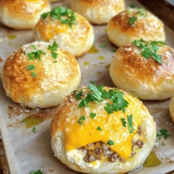 - 1 lb ground beef - 1 cup shredded cheddar cheese - 1/2 cup cream cheese, softened - 1/4 cup grated Parmesan cheese - 1 clove garlic, finely minced - 1 teaspoon onion powder - 1 teaspoon garlic powder - 1 teaspoon dried oregano - 1 packet of refrigerated pizza dough (or crescent roll dough) - Olive oil, for brushing - Fresh parsley, finely chopped (for garnish) - Salt and pepper to taste - Additional cheeses (e.g., mozzarella, pepper jack) - Spices for extra flavor (e.g., smoked paprika, cayenne pepper) When I make Garlic Parmesan Cheeseburger Bombs, I love to keep my ingredients fresh and simple. Ground beef gives these bombs a hearty base, while a mix of cheeses adds rich flavor. Cream cheese makes the filling creamy and smooth. I use garlic and onion powder for a punch of taste. Dried oregano rounds it out nicely. The dough is a key player too. I like using pizza dough, as it bakes up soft and chewy. You can even swap it for crescent roll dough for a flakier bite. If you want to play with flavors, try adding other cheeses like mozzarella or pepper jack. You can kick it up a notch with spices like smoked paprika or cayenne pepper. This way, you can make each batch unique. The key is to have fun and experiment with what you love. Check out the full recipe for all the details and tips! - Preheat the oven to 375°F (190°C) and prepare a baking sheet with parchment paper. - Combine 1 lb ground beef, 1 cup shredded cheddar cheese, 1/2 cup cream cheese, 1/4 cup grated Parmesan cheese, and spices in a mixing bowl. - Roll out pizza dough and cut it into 4x4-inch squares. - Place about 1 tablespoon of filling on each dough square and fold to form bombs. - Arrange the bombs on the baking sheet and brush them with olive oil. - Bake for 15-20 minutes until golden brown. To make your Garlic Parmesan Cheeseburger Bombs shine, roll the dough thin. A thinner dough gives you that nice crispiness. Also, use room temperature cream cheese. It will mix easier with the beef and cheese, making your filling creamy and smooth. Keep a close eye on the internal temperature of your bombs. Ground beef needs to reach 160°F for safety. I also suggest rotating your baking sheet halfway through cooking. This helps them brown evenly, giving you a perfect golden color. These bombs taste great with dipping sauces. I love pairing them with ranch or barbecue sauce. The flavors blend well and make each bite even more enjoyable! Don't forget to serve them warm for the best experience. For the complete recipe, check out the [Full Recipe]. {{image_4}} You can make Garlic Parmesan Cheeseburger Bombs even more exciting. One great way is to add sautéed onions and mushrooms. This gives a heartier taste and a nice texture. You just need to cook the onions and mushrooms until soft before mixing them into the beef filling. It makes every bite richer and more satisfying. Another fun idea is to experiment with different herbs and spices. Try adding smoked paprika for a smoky flavor or a pinch of cayenne pepper for some heat. You can also mix in fresh herbs like basil or thyme for a fresh twist. Each combination can change the taste of your bombs, making them unique every time. If you want a vegetarian version, you can use meat substitutes. Products made from soy or pea protein work well. They provide a similar texture and can absorb the flavors of the spices and cheese. You can also make these bombs vegan by swapping out dairy ingredients. Use vegan cream cheese and cheese alternatives. These changes keep the dish delicious while meeting different dietary needs. Enjoy creating your own variations! Store any leftover Garlic Parmesan Cheeseburger Bombs in an airtight container in the fridge. They will stay fresh for up to 3 days. When you want to enjoy them again, reheat them in the oven. This method keeps the texture crispy and delicious. You can freeze uncooked bombs for up to 2 months. Just place them in a single layer on a baking sheet until firm. Then transfer them to a freezer-safe bag. When you are ready to bake, you can cook them straight from the freezer. No need to thaw! To reheat baked bombs, you can use the oven or microwave. The oven will give you the best results, making them warm and crispy again. If you are short on time, the microwave is a quicker option. Just heat them until they are warmed through. Enjoy the tasty goodness! The oven provides the best texture, while microwaving is quicker. To reheat in the oven, set it to 350°F. Place the bombs on a baking sheet and heat for about 10-15 minutes. This method keeps them crispy. If you’re in a hurry, use the microwave. Heat them for about 30 seconds, but be aware they may lose some crispness. Yes, you can prepare and refrigerate them before baking. Simply follow the steps until you fill the dough. After filling, place the bombs on a baking sheet, cover them, and chill. You can bake them the next day. Just add a few extra minutes to the baking time if they are cold from the fridge. Ranch, barbecue, and garlic aioli are popular choices. Each sauce brings out the flavors in the bombs. You can also try honey mustard or spicy ketchup for a twist. Feel free to mix and match to find your favorite! Use a meat thermometer to check for an internal temperature of 160°F. This ensures the beef is safe to eat. Insert the thermometer into the center of one bomb. If it reads 160°F, you’re good to go! Always check a couple of bombs to be sure. These Garlic Parmesan Cheeseburger Bombs are easy to make and full of flavor. You learned about essential ingredients, step-by-step instructions, and useful tips. Variations can keep your meals exciting, while storage info helps you use leftovers wisely. Remember, these bombs are great for sharing, and you can customize them to suit your taste. I hope you enjoy making and eating them as much as I do. Happy cooking!