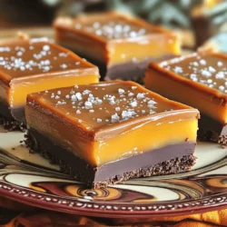 - 1 cup all-purpose flour - 1/2 cup unsweetened cocoa powder - 1/2 cup packed brown sugar - 1/4 cup granulated sugar - 1/2 cup unsalted butter, melted - 1/4 teaspoon salt - 1 can (14 oz) sweetened condensed milk - 1 cup granulated sugar (for the caramel) - 1/4 cup heavy cream - 1 teaspoon vanilla extract - 1/2 teaspoon sea salt (for topping) - 1/4 cup semi-sweet chocolate chips (optional, for drizzling) The key ingredients in salted caramel bars are simple but essential. The flour and cocoa powder create a rich base. Butter adds flavor and moisture. Sweetened condensed milk gives the bars their creamy texture. Salt brings out the sweet notes in the caramel. - 1/4 cup chopped nuts (like pecans or walnuts) - 1/2 teaspoon espresso powder (for a coffee flavor) - Sea salt flakes (for a gourmet touch) You can add nuts for crunch or espresso powder for depth. Both variations balance well with the sweetness. A sprinkle of sea salt flakes on top enhances the look and taste. - 8x8 inch baking dish - Parchment paper - Medium saucepan - Mixing bowls - Whisk - Rubber spatula Having the right tools makes cooking easier. An 8x8 inch baking dish is perfect for even baking. Parchment paper helps with easy removal. A medium saucepan is key for making caramel. Use a whisk to combine dry ingredients and a spatula for mixing. For the full recipe, check out the detailed steps. To start, preheat your oven to 350°F (175°C). Grab an 8x8 inch baking dish and line it with parchment paper. Let the paper hang over the sides; this helps you lift the bars out later. In a medium bowl, whisk together the all-purpose flour, cocoa powder, brown sugar, granulated sugar, and salt. Mix until it looks even. Now, pour in the melted butter. Stir until it feels like wet sand. Firmly press this mixture into the bottom of the lined dish. Make sure it's even across the base. Bake the crust for 10 to 12 minutes. It should feel slightly firm but still soft. Let it cool a bit after baking. While the crust cools, let’s make the caramel. In a medium saucepan, add 1 cup of granulated sugar. Place it over medium heat. Watch carefully as it melts. Stir constantly until it turns a rich caramel color. This will take about 5 to 7 minutes. Caution! When the sugar melts, it can be very hot. Carefully pour in the heavy cream. It will bubble up, so be careful. Stir until it’s smooth. Then, mix in the sweetened condensed milk and vanilla extract. Keep stirring and cook for another 2 to 3 minutes. Once your caramel is ready, pour it evenly over the cooled crust. Make sure to cover every bit. Now, sprinkle sea salt generously on top. Let the bars cool at room temperature first. Then, place them in the fridge for at least 2 hours. This helps them set properly. After chilling, grab the edges of the parchment paper and lift the bars out of the dish. Cut them into squares or bars as you like. If you want to add a fancy touch, melt some semi-sweet chocolate chips. Drizzle them over the bars for extra flair. Enjoy your delicious salted caramel bars from this Full Recipe! To get smooth caramel, heat sugar slowly. Stir it often as it melts. Aim for a rich amber color. If it burns, start over. Once you add cream, keep stirring until smooth. The key is patience. Don’t rush this step. If you notice lumps, just keep stirring. They will dissolve. Salt enhances sweetness. Use sea salt for a great touch. Start with a small amount. Taste your caramel before adding more salt. You want a balanced flavor, not too salty or sweet. When serving, add a pinch of salt on top. This makes each bite pop! Avoid cooking sugar too fast. It can burn easily, ruining your caramel. Don’t skip the cooling step for the crust. This helps the layers stick well. Also, ensure your cream is at room temperature before adding it to caramel. Cold cream can cause splattering. Lastly, cut bars only after they fully set. This keeps them neat and pretty. For more insights, check the Full Recipe for Salted Caramel Delight Bars. {{image_4}} To make gluten-free salted caramel bars, swap all-purpose flour for a gluten-free blend. Look for a blend that combines rice flour, potato starch, and tapioca flour. This mix mimics the texture of regular flour well. When you bake, check that the crust holds together just like the original. The taste remains rich and delicious. For a vegan version, use plant-based butter instead of regular butter. You can also switch sweetened condensed milk for coconut cream or a store-bought vegan version. These swaps keep the bars creamy and tasty while being friendly to a vegan diet. Just make sure your chocolate chips are dairy-free, too. You can change up the flavors in many fun ways. For nutty bars, add chopped walnuts or pecans into the crust. This adds crunch and taste. If you prefer fruity flavors, try mixing in dried cherries or cranberries. They add a nice tartness to balance the sweet caramel. You can even add a hint of orange zest for a citrus twist. Each variation makes the bars unique and exciting! To keep your salted caramel bars fresh, store them in an airtight container. Place parchment paper between layers if you stack them. This prevents sticking and keeps them intact. Keep the container in a cool, dry place. Avoid direct sunlight or heat sources. If it's warm, the caramel can get gooey. Freezing these bars is simple. First, let them cool completely. Then, cut them into squares or bars. Wrap each piece in plastic wrap. After that, place the wrapped bars in a freezer bag. Squeeze out all the air before sealing. They can stay in the freezer for up to three months. Salted caramel bars last about a week at room temperature. If you refrigerate them, they stay fresh for up to two weeks. The cold helps preserve the texture and flavor. Just remember to bring them back to room temperature before serving. This makes them taste even better! To make salted caramel from scratch, you need just three main ingredients: sugar, cream, and salt. First, heat sugar in a pot over medium heat. Stir it until it melts and turns golden. This takes about 5 to 7 minutes. Next, carefully add heavy cream. It will bubble, so be cautious. Stir until smooth. Finally, mix in sea salt to taste. This process gives you a rich flavor that adds depth to your salted caramel bars. You can find great salted caramel bars at local bakeries and specialty shops. Many gourmet stores also carry them. If you prefer online shopping, websites like Amazon and artisanal bakeries often sell unique versions. Look for bars made with high-quality ingredients for the best taste. Don't forget to check reviews to ensure you pick the best options available. Yes, you can use different types of chocolate in this recipe. Dark chocolate, milk chocolate, or even white chocolate will work well. Each type gives a unique taste. If you want a richer flavor, dark chocolate is a great choice. Milk chocolate will add sweetness, while white chocolate brings creaminess. Feel free to experiment with what you like best. Check out the Full Recipe for guidance on variations! In this article, we explored how to make salted caramel bars. We covered key ingredients, step-by-step instructions, and tips for perfect bars. Remember, achieving the right caramel texture is key. Don't shy away from trying gluten-free or vegan options for variety. Proper storage keeps them fresh longer. With these insights, you can create tasty treats that impress. Enjoy your baking and savor every bite!