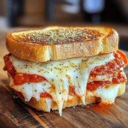 To make a tasty pizza grilled cheese, you need a few key items: - 4 slices of hearty sourdough bread - 4 ounces of fresh mozzarella cheese, shredded - 2 ounces of savory pepperoni slices These ingredients bring all the classic pizza flavors into a warm, cheesy sandwich. Sourdough adds a nice tang, while the mozzarella melts perfectly. The pepperoni gives that delicious, savory bite. To elevate your pizza grilled cheese, consider these flavor enhancers: - 1/4 cup of rich marinara sauce - 1 tablespoon of fragrant Italian seasoning - 1 tablespoon of extra virgin olive oil Marinara sauce adds moisture and depth. Italian seasoning brings out the pizza essence. Olive oil gives a nice crisp to the bread when grilled. You may already have these kitchen staples at home: - 1 clove of fresh garlic, minced - Salt and freshly cracked black pepper to taste These simple items can boost flavor and make your grilled cheese even better. Garlic adds a lovely aroma, while salt and pepper enhance all the other tastes. For the full recipe, check out the details above. Enjoy your cooking! To start, heat your skillet over medium heat. This step is key for a nice crust. While the skillet warms up, mix olive oil and garlic in a small bowl. This mixture will give the bread a lovely flavor. Use a brush or spoon to spread it on one side of each slice of sourdough. Make sure the garlic covers the bread well for even taste. Now, take two slices of the sourdough and place them unbrushed side up. On these slices, layer half of the shredded mozzarella cheese. Next, add pepperoni slices evenly over the cheese. Spoon a tablespoon of marinara sauce on top of the pepperoni. Spread it out gently for full flavor. Sprinkle a pinch of Italian seasoning, salt, and freshly cracked black pepper on the sauce. Finally, add the rest of the mozzarella cheese and cap your sandwich with the other two slices of sourdough. The brushed side should face outward. Carefully place the sandwiches into the heated skillet. Cook them for about 3-4 minutes on each side. You want a golden brown crust. Flip the sandwiches gently to avoid spilling the insides. Check the doneness by looking for melted cheese. Once they are cooked, take them out and let them cool for a minute on a cutting board. Slice them in half for a better presentation. Enjoy your pizza grilled cheese delight! For the full recipe, refer to the earlier section. To get the best crunch in your pizza grilled cheese, choose hearty sourdough bread. This bread has a firm crust and soft inside. It holds up well during cooking. You want a slice that won’t fall apart with gooey cheese inside. For cheese melting, fresh mozzarella works wonders. Shred it finely so it melts evenly. This gives you that stretchy, delicious cheese pull. You can also cover the skillet with a lid. This helps the cheese melt faster without burning the bread. You can mix cheeses for more flavor. Try adding sharp cheddar or creamy provolone. These cheeses blend well with mozzarella. It creates a rich taste that jazzes up your sandwich. Feel free to add other pizza toppings too. Some great options are sliced olives, bell peppers, or even mushrooms. Just remember, don’t overload your sandwich. This keeps it easy to grill and eat. Pair your pizza grilled cheese with sides for a full meal. A fresh salad or crispy fries works great. You can also serve it with extra marinara sauce for dipping. This adds a fun twist! For presentation, slice your sandwich diagonally. It makes it more inviting. You can garnish with fresh basil leaves. This small touch adds color and a burst of flavor. Enjoy your delightful dish! {{image_4}} You can make a tasty vegetarian pizza grilled cheese by adding vegetables. Try using bell peppers, mushrooms, or spinach. These fresh toppings give great flavor and texture. You can also use olives or artichokes for a Mediterranean twist. If you want to skip pepperoni, use roasted vegetables instead. Zucchini or eggplant work well. They add depth and keep the sandwich filling. To make a gourmet version, you can add specialty cheeses. Try goat cheese, gouda, or provolone. These cheeses melt beautifully and add rich flavors. Mixing different cheeses can also enhance the taste. Unique sauces can boost flavor too. Instead of marinara, try pesto or a spicy arrabbiata sauce. These sauces give a fresh twist to your grilled cheese. For gluten-free lovers, choose gluten-free bread. Many brands offer great-tasting options that work well. Look for breads made from rice or almond flour. You can also find gluten-free cheese alternatives. Brands like Daiya and Violife offer mozzarella-style cheese. These options melt nicely and taste good. Enjoy your gluten-free pizza grilled cheese without missing out! For the full recipe, check out the [Full Recipe]. To keep your Pizza Grilled Cheese fresh, store leftovers in the fridge. Wrap each sandwich in plastic wrap or foil. This helps prevent them from drying out. You can also place them in an airtight container. They stay good for up to three days. After that, the taste may drop. To reheat, use a skillet over low heat. This way, the bread gets crispy. If you prefer, you can use an oven. Set it to 350°F (175°C) and bake for about 10 minutes. This helps the cheese melt without making the bread soggy. Avoid microwaving. It makes the bread chewy and wet. You can freeze assembled sandwiches for later. Wrap each one tightly in plastic wrap. Then place them in a freezer bag. They can last up to three months. When ready to eat, thaw them in the fridge overnight. Cook them in a skillet or oven until warm and crispy. Enjoy the same great taste as fresh! Don’t forget to check the Full Recipe for more details! For the best flavor, I recommend using fresh mozzarella cheese. It melts beautifully and adds a rich taste. You can mix in some sharp cheddar for a kick. Another option is provolone for a smoky note. Combining these cheeses gives you a great blend. Yes, you can use various breads. If you prefer a softer texture, try white bread or whole wheat. For a crunchier bite, use ciabatta or focaccia. Each bread type brings its own charm to the sandwich. To make it healthier, use whole grain bread. You can also reduce the cheese amount or choose low-fat cheese. Adding fresh veggies like spinach or bell peppers boosts nutrition. Try using a little less olive oil, too. Absolutely! To air fry, preheat your air fryer to 375°F. Assemble your sandwich like in the skillet method. Place it in the air fryer basket. Cook for 5-7 minutes, flipping halfway. This gives you a crispy sandwich with gooey cheese. Enjoy your Pizza Grilled Cheese delight! For the full recipe, check out the main article. In this blog post, we explored how to create a tasty pizza grilled cheese. We covered the best ingredients, from sourdough bread to fresh mozzarella and pepperoni. You learned the steps to prepare, assemble, and cook your sandwich for a perfect bite. I also shared tips for texture and flavor, plus variations for different diets. Remember, this dish is easy to customize! Have fun trying new flavors and ingredients. Enjoy making this delicious meal!