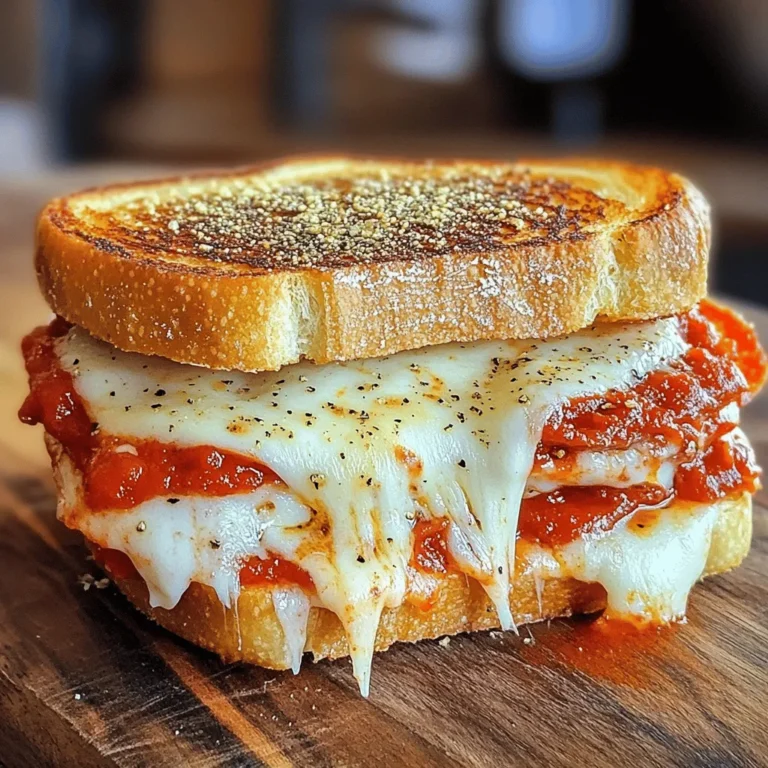 To make a tasty pizza grilled cheese, you need a few key items: - 4 slices of hearty sourdough bread - 4 ounces of fresh mozzarella cheese, shredded - 2 ounces of savory pepperoni slices These ingredients bring all the classic pizza flavors into a warm, cheesy sandwich. Sourdough adds a nice tang, while the mozzarella melts perfectly. The pepperoni gives that delicious, savory bite. To elevate your pizza grilled cheese, consider these flavor enhancers: - 1/4 cup of rich marinara sauce - 1 tablespoon of fragrant Italian seasoning - 1 tablespoon of extra virgin olive oil Marinara sauce adds moisture and depth. Italian seasoning brings out the pizza essence. Olive oil gives a nice crisp to the bread when grilled. You may already have these kitchen staples at home: - 1 clove of fresh garlic, minced - Salt and freshly cracked black pepper to taste These simple items can boost flavor and make your grilled cheese even better. Garlic adds a lovely aroma, while salt and pepper enhance all the other tastes. For the full recipe, check out the details above. Enjoy your cooking! To start, heat your skillet over medium heat. This step is key for a nice crust. While the skillet warms up, mix olive oil and garlic in a small bowl. This mixture will give the bread a lovely flavor. Use a brush or spoon to spread it on one side of each slice of sourdough. Make sure the garlic covers the bread well for even taste. Now, take two slices of the sourdough and place them unbrushed side up. On these slices, layer half of the shredded mozzarella cheese. Next, add pepperoni slices evenly over the cheese. Spoon a tablespoon of marinara sauce on top of the pepperoni. Spread it out gently for full flavor. Sprinkle a pinch of Italian seasoning, salt, and freshly cracked black pepper on the sauce. Finally, add the rest of the mozzarella cheese and cap your sandwich with the other two slices of sourdough. The brushed side should face outward. Carefully place the sandwiches into the heated skillet. Cook them for about 3-4 minutes on each side. You want a golden brown crust. Flip the sandwiches gently to avoid spilling the insides. Check the doneness by looking for melted cheese. Once they are cooked, take them out and let them cool for a minute on a cutting board. Slice them in half for a better presentation. Enjoy your pizza grilled cheese delight! For the full recipe, refer to the earlier section. To get the best crunch in your pizza grilled cheese, choose hearty sourdough bread. This bread has a firm crust and soft inside. It holds up well during cooking. You want a slice that won’t fall apart with gooey cheese inside. For cheese melting, fresh mozzarella works wonders. Shred it finely so it melts evenly. This gives you that stretchy, delicious cheese pull. You can also cover the skillet with a lid. This helps the cheese melt faster without burning the bread. You can mix cheeses for more flavor. Try adding sharp cheddar or creamy provolone. These cheeses blend well with mozzarella. It creates a rich taste that jazzes up your sandwich. Feel free to add other pizza toppings too. Some great options are sliced olives, bell peppers, or even mushrooms. Just remember, don’t overload your sandwich. This keeps it easy to grill and eat. Pair your pizza grilled cheese with sides for a full meal. A fresh salad or crispy fries works great. You can also serve it with extra marinara sauce for dipping. This adds a fun twist! For presentation, slice your sandwich diagonally. It makes it more inviting. You can garnish with fresh basil leaves. This small touch adds color and a burst of flavor. Enjoy your delightful dish! {{image_4}} You can make a tasty vegetarian pizza grilled cheese by adding vegetables. Try using bell peppers, mushrooms, or spinach. These fresh toppings give great flavor and texture. You can also use olives or artichokes for a Mediterranean twist. If you want to skip pepperoni, use roasted vegetables instead. Zucchini or eggplant work well. They add depth and keep the sandwich filling. To make a gourmet version, you can add specialty cheeses. Try goat cheese, gouda, or provolone. These cheeses melt beautifully and add rich flavors. Mixing different cheeses can also enhance the taste. Unique sauces can boost flavor too. Instead of marinara, try pesto or a spicy arrabbiata sauce. These sauces give a fresh twist to your grilled cheese. For gluten-free lovers, choose gluten-free bread. Many brands offer great-tasting options that work well. Look for breads made from rice or almond flour. You can also find gluten-free cheese alternatives. Brands like Daiya and Violife offer mozzarella-style cheese. These options melt nicely and taste good. Enjoy your gluten-free pizza grilled cheese without missing out! For the full recipe, check out the [Full Recipe]. To keep your Pizza Grilled Cheese fresh, store leftovers in the fridge. Wrap each sandwich in plastic wrap or foil. This helps prevent them from drying out. You can also place them in an airtight container. They stay good for up to three days. After that, the taste may drop. To reheat, use a skillet over low heat. This way, the bread gets crispy. If you prefer, you can use an oven. Set it to 350°F (175°C) and bake for about 10 minutes. This helps the cheese melt without making the bread soggy. Avoid microwaving. It makes the bread chewy and wet. You can freeze assembled sandwiches for later. Wrap each one tightly in plastic wrap. Then place them in a freezer bag. They can last up to three months. When ready to eat, thaw them in the fridge overnight. Cook them in a skillet or oven until warm and crispy. Enjoy the same great taste as fresh! Don’t forget to check the Full Recipe for more details! For the best flavor, I recommend using fresh mozzarella cheese. It melts beautifully and adds a rich taste. You can mix in some sharp cheddar for a kick. Another option is provolone for a smoky note. Combining these cheeses gives you a great blend. Yes, you can use various breads. If you prefer a softer texture, try white bread or whole wheat. For a crunchier bite, use ciabatta or focaccia. Each bread type brings its own charm to the sandwich. To make it healthier, use whole grain bread. You can also reduce the cheese amount or choose low-fat cheese. Adding fresh veggies like spinach or bell peppers boosts nutrition. Try using a little less olive oil, too. Absolutely! To air fry, preheat your air fryer to 375°F. Assemble your sandwich like in the skillet method. Place it in the air fryer basket. Cook for 5-7 minutes, flipping halfway. This gives you a crispy sandwich with gooey cheese. Enjoy your Pizza Grilled Cheese delight! For the full recipe, check out the main article. In this blog post, we explored how to create a tasty pizza grilled cheese. We covered the best ingredients, from sourdough bread to fresh mozzarella and pepperoni. You learned the steps to prepare, assemble, and cook your sandwich for a perfect bite. I also shared tips for texture and flavor, plus variations for different diets. Remember, this dish is easy to customize! Have fun trying new flavors and ingredients. Enjoy making this delicious meal!