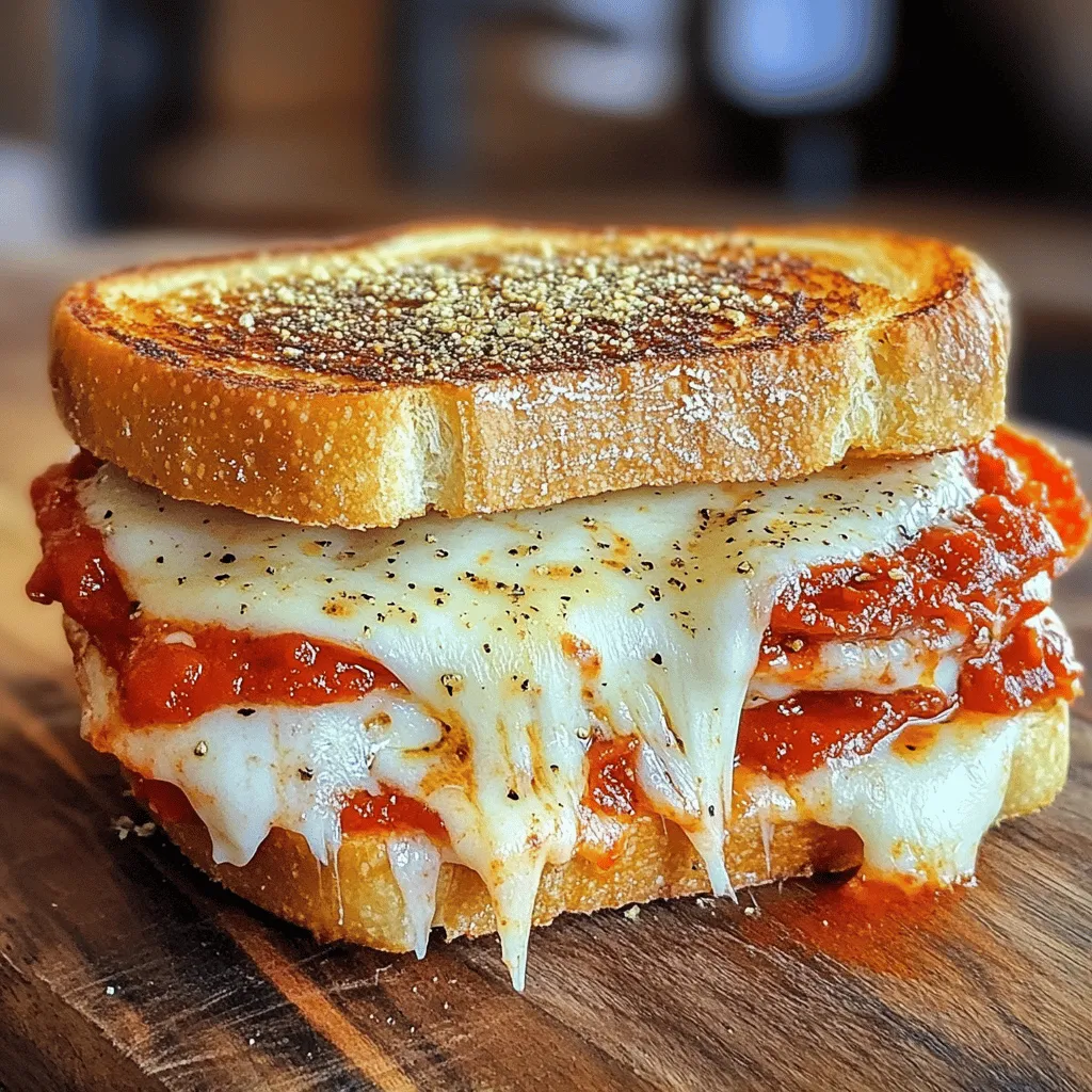 To make a tasty pizza grilled cheese, you need a few key items: - 4 slices of hearty sourdough bread - 4 ounces of fresh mozzarella cheese, shredded - 2 ounces of savory pepperoni slices These ingredients bring all the classic pizza flavors into a warm, cheesy sandwich. Sourdough adds a nice tang, while the mozzarella melts perfectly. The pepperoni gives that delicious, savory bite. To elevate your pizza grilled cheese, consider these flavor enhancers: - 1/4 cup of rich marinara sauce - 1 tablespoon of fragrant Italian seasoning - 1 tablespoon of extra virgin olive oil Marinara sauce adds moisture and depth. Italian seasoning brings out the pizza essence. Olive oil gives a nice crisp to the bread when grilled. You may already have these kitchen staples at home: - 1 clove of fresh garlic, minced - Salt and freshly cracked black pepper to taste These simple items can boost flavor and make your grilled cheese even better. Garlic adds a lovely aroma, while salt and pepper enhance all the other tastes. For the full recipe, check out the details above. Enjoy your cooking! To start, heat your skillet over medium heat. This step is key for a nice crust. While the skillet warms up, mix olive oil and garlic in a small bowl. This mixture will give the bread a lovely flavor. Use a brush or spoon to spread it on one side of each slice of sourdough. Make sure the garlic covers the bread well for even taste. Now, take two slices of the sourdough and place them unbrushed side up. On these slices, layer half of the shredded mozzarella cheese. Next, add pepperoni slices evenly over the cheese. Spoon a tablespoon of marinara sauce on top of the pepperoni. Spread it out gently for full flavor. Sprinkle a pinch of Italian seasoning, salt, and freshly cracked black pepper on the sauce. Finally, add the rest of the mozzarella cheese and cap your sandwich with the other two slices of sourdough. The brushed side should face outward. Carefully place the sandwiches into the heated skillet. Cook them for about 3-4 minutes on each side. You want a golden brown crust. Flip the sandwiches gently to avoid spilling the insides. Check the doneness by looking for melted cheese. Once they are cooked, take them out and let them cool for a minute on a cutting board. Slice them in half for a better presentation. Enjoy your pizza grilled cheese delight! For the full recipe, refer to the earlier section. To get the best crunch in your pizza grilled cheese, choose hearty sourdough bread. This bread has a firm crust and soft inside. It holds up well during cooking. You want a slice that won’t fall apart with gooey cheese inside. For cheese melting, fresh mozzarella works wonders. Shred it finely so it melts evenly. This gives you that stretchy, delicious cheese pull. You can also cover the skillet with a lid. This helps the cheese melt faster without burning the bread. You can mix cheeses for more flavor. Try adding sharp cheddar or creamy provolone. These cheeses blend well with mozzarella. It creates a rich taste that jazzes up your sandwich. Feel free to add other pizza toppings too. Some great options are sliced olives, bell peppers, or even mushrooms. Just remember, don’t overload your sandwich. This keeps it easy to grill and eat. Pair your pizza grilled cheese with sides for a full meal. A fresh salad or crispy fries works great. You can also serve it with extra marinara sauce for dipping. This adds a fun twist! For presentation, slice your sandwich diagonally. It makes it more inviting. You can garnish with fresh basil leaves. This small touch adds color and a burst of flavor. Enjoy your delightful dish! {{image_4}} You can make a tasty vegetarian pizza grilled cheese by adding vegetables. Try using bell peppers, mushrooms, or spinach. These fresh toppings give great flavor and texture. You can also use olives or artichokes for a Mediterranean twist. If you want to skip pepperoni, use roasted vegetables instead. Zucchini or eggplant work well. They add depth and keep the sandwich filling. To make a gourmet version, you can add specialty cheeses. Try goat cheese, gouda, or provolone. These cheeses melt beautifully and add rich flavors. Mixing different cheeses can also enhance the taste. Unique sauces can boost flavor too. Instead of marinara, try pesto or a spicy arrabbiata sauce. These sauces give a fresh twist to your grilled cheese. For gluten-free lovers, choose gluten-free bread. Many brands offer great-tasting options that work well. Look for breads made from rice or almond flour. You can also find gluten-free cheese alternatives. Brands like Daiya and Violife offer mozzarella-style cheese. These options melt nicely and taste good. Enjoy your gluten-free pizza grilled cheese without missing out! For the full recipe, check out the [Full Recipe]. To keep your Pizza Grilled Cheese fresh, store leftovers in the fridge. Wrap each sandwich in plastic wrap or foil. This helps prevent them from drying out. You can also place them in an airtight container. They stay good for up to three days. After that, the taste may drop. To reheat, use a skillet over low heat. This way, the bread gets crispy. If you prefer, you can use an oven. Set it to 350°F (175°C) and bake for about 10 minutes. This helps the cheese melt without making the bread soggy. Avoid microwaving. It makes the bread chewy and wet. You can freeze assembled sandwiches for later. Wrap each one tightly in plastic wrap. Then place them in a freezer bag. They can last up to three months. When ready to eat, thaw them in the fridge overnight. Cook them in a skillet or oven until warm and crispy. Enjoy the same great taste as fresh! Don’t forget to check the Full Recipe for more details! For the best flavor, I recommend using fresh mozzarella cheese. It melts beautifully and adds a rich taste. You can mix in some sharp cheddar for a kick. Another option is provolone for a smoky note. Combining these cheeses gives you a great blend. Yes, you can use various breads. If you prefer a softer texture, try white bread or whole wheat. For a crunchier bite, use ciabatta or focaccia. Each bread type brings its own charm to the sandwich. To make it healthier, use whole grain bread. You can also reduce the cheese amount or choose low-fat cheese. Adding fresh veggies like spinach or bell peppers boosts nutrition. Try using a little less olive oil, too. Absolutely! To air fry, preheat your air fryer to 375°F. Assemble your sandwich like in the skillet method. Place it in the air fryer basket. Cook for 5-7 minutes, flipping halfway. This gives you a crispy sandwich with gooey cheese. Enjoy your Pizza Grilled Cheese delight! For the full recipe, check out the main article. In this blog post, we explored how to create a tasty pizza grilled cheese. We covered the best ingredients, from sourdough bread to fresh mozzarella and pepperoni. You learned the steps to prepare, assemble, and cook your sandwich for a perfect bite. I also shared tips for texture and flavor, plus variations for different diets. Remember, this dish is easy to customize! Have fun trying new flavors and ingredients. Enjoy making this delicious meal!