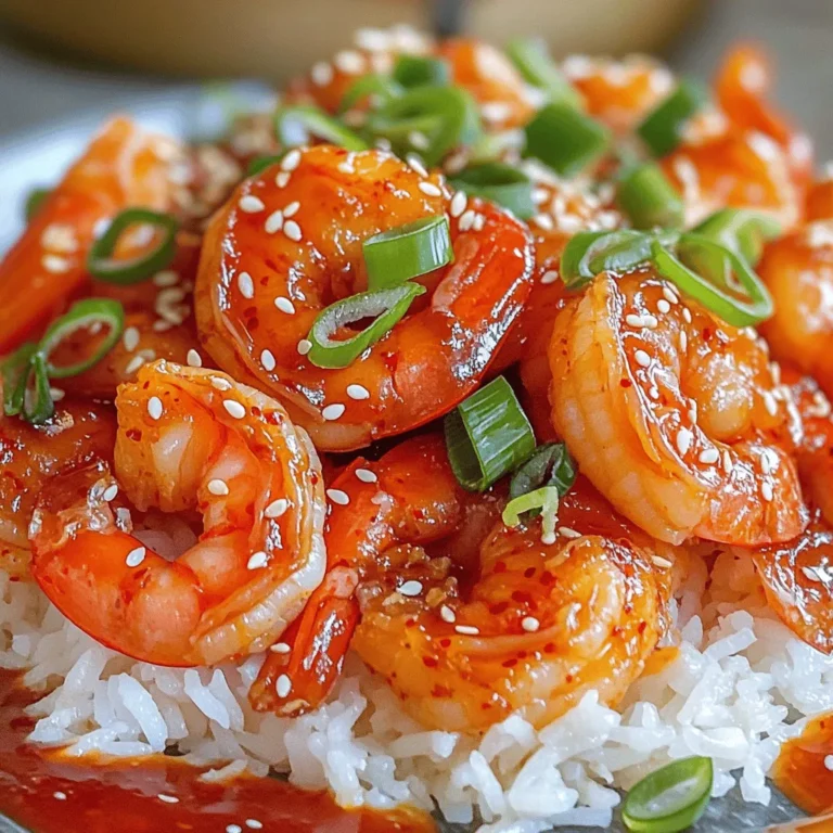 Sweet & Spicy Gochujang Shrimp is a quick and tasty dish. You can make it in just 30 minutes. The balance of sweet and spicy flavors makes it a crowd-pleaser. - 1 lb large shrimp, peeled and deveined - 2 tablespoons gochujang - 1 tablespoon honey - 1 tablespoon soy sauce - 1 teaspoon sesame oil - 2 cloves garlic, minced - 1 teaspoon fresh ginger, grated - 1 tablespoon rice vinegar - 1 green onion, sliced (for garnish) - Sesame seeds (for garnish) - Cooked jasmine rice (for serving) The shrimp should be large for the best texture. Gochujang gives a rich, spicy kick. Honey adds sweetness that balances the heat. Soy sauce brings depth and umami. Sesame oil adds a lovely nutty flavor. Fresh garlic and ginger enhance the taste. Rice vinegar adds a touch of tang. Green onions and sesame seeds make perfect garnishes. Serving it over jasmine rice makes the dish complete. For the full recipe, refer to the details provided above. To start, you need a mixing bowl. In it, combine 2 tablespoons of gochujang, 1 tablespoon of honey, and 1 tablespoon of soy sauce. Next, add 1 teaspoon of sesame oil, 2 minced garlic cloves, and 1 teaspoon of grated ginger. Finally, pour in 1 tablespoon of rice vinegar. Use a whisk to mix everything well. You want it to be smooth and well-blended. This marinade gives the shrimp a sweet and spicy kick. Now it’s time to cook the shrimp. First, take the peeled and deveined shrimp and place them in the marinade. Stir gently so every shrimp is coated. Cover the bowl and let it marinate for at least 15 minutes. This step is key for flavor. After marinating, heat a large skillet over medium-high heat. Carefully add the shrimp in a single layer. Avoid overcrowding the pan. Cook for about 2-3 minutes until they start to turn pink. Then, flip the shrimp and cook for another 2-3 minutes. They should be fully cooked and slightly caramelized. Toss them in the skillet to coat them in the sauce. Once the shrimp are done, take the skillet off the heat. Sprinkle sliced green onions and sesame seeds on top for a fresh look. To serve, spoon cooked jasmine rice onto each plate. Place the sweet and spicy shrimp on the rice. Drizzle any leftover sauce from the skillet over the shrimp for extra flavor. This dish is colorful and full of taste. It’s perfect for a quick weeknight meal or a special occasion. For the full recipe, check out the earlier section. To get the right mix of sweet and spicy, use equal parts gochujang and honey. This helps balance the heat and sweetness. If you prefer more spice, add a bit more gochujang. For added sweetness, use extra honey. Taste the marinade before adding the shrimp. Adjust as needed to match your flavor preference. One common mistake is overcooking the shrimp. Shrimp cook fast, so watch them closely. If they turn rubbery, they are overdone. Another mistake is overcrowding the skillet. This can cause uneven cooking. Always cook shrimp in a single layer for best results. Lastly, don’t skip marinating! Letting shrimp sit in the marinade brings out the flavors. For this dish, you need a few basic tools: - Mixing bowl: For preparing the marinade. - Whisk: To blend the marinade smoothly. - Large skillet: To cook the shrimp evenly. - Spatula: To flip the shrimp without breaking them. These tools make the process easy and fun. Check your kitchen to see if you have them ready. For the full recipe, you can refer to the earlier section. {{image_4}} You can easily switch the shrimp for other proteins. Chicken breast works well. Cut it into bite-sized pieces. You can also use firm tofu for a plant-based option. Just press out excess water before marinating. Salmon or scallops can add a rich, tasty twist too. Each protein will soak up the gochujang flavor nicely. This dish can fit gluten-free diets. Use tamari instead of soy sauce. It has a similar taste but is gluten-free. Check the gochujang label too, as some brands may add gluten. Most honey is gluten-free, but always read labels. Serve with rice or quinoa to keep it safe and delicious. Adding veggies boosts flavor and nutrition. Bell peppers, snap peas, or broccoli work great. Slice them thin and toss them in the skillet with the shrimp. They will cook quickly and stay crunchy. You can also add sliced carrots or zucchini for color and taste. This makes the dish more colorful and fun! For the full recipe, check out the Sweet & Spicy Gochujang Shrimp recipe. To store your gochujang shrimp, let it cool first. Place it in an airtight container. This keeps the shrimp fresh and helps the flavors stay intact. You can store it in the fridge for up to three days. Make sure to label the container with the date. When you want to eat your leftovers, reheat them gently. Use a skillet over low heat to warm them up. This prevents the shrimp from becoming tough. You can also add a splash of water or broth to keep them moist. Stir occasionally until they are heated through. If you want to save the shrimp for later, freezing is a great option. Place the cooled shrimp in a freezer-safe bag. Remove as much air as possible before sealing. You can freeze it for up to three months. When you're ready to eat, thaw the shrimp overnight in the fridge before reheating. This way, you will enjoy the same great taste as when you first made it. For the full recipe, check out the earlier section. Gochujang is a thick, red paste from Korea. It is made from red chili powder, fermented soybeans, and salt. This mix gives gochujang a sweet, spicy, and slightly savory flavor. It adds depth to many dishes, making it a star in Korean cooking. You can find it in Asian markets or online. Yes, you can prepare the shrimp ahead of time. Marinate the shrimp and store it in the fridge. You can keep it for up to 24 hours. This helps the flavors develop even more. Just cook the shrimp right before serving for the best taste. Gochujang shrimp pairs well with many sides. Here are a few ideas: - Steamed jasmine rice - Stir-fried vegetables - Cucumber salad - Kimchi - Rice noodles These dishes balance the sweet and spicy shrimp nicely. To change the spice level, you can use less gochujang. Start with 1 tablespoon instead of 2. You can also add more honey for sweetness. If you like it hotter, add chili flakes or fresh chili. Adjust the spice to fit your taste. For the full recipe, check out the Sweet & Spicy Gochujang Shrimp section. This blog gave you a tasty shrimp recipe using gochujang. I shared a detailed ingredient list and easy steps to cook. You learned how to balance sweet and spicy flavors and avoid common mistakes. The variations showed how to use different proteins and add veggies for more flavor. Storing and reheating tips help you enjoy leftovers later. Embrace this dish's versatility and make it your own. With practice, you’ll impress everyone with your cooking!