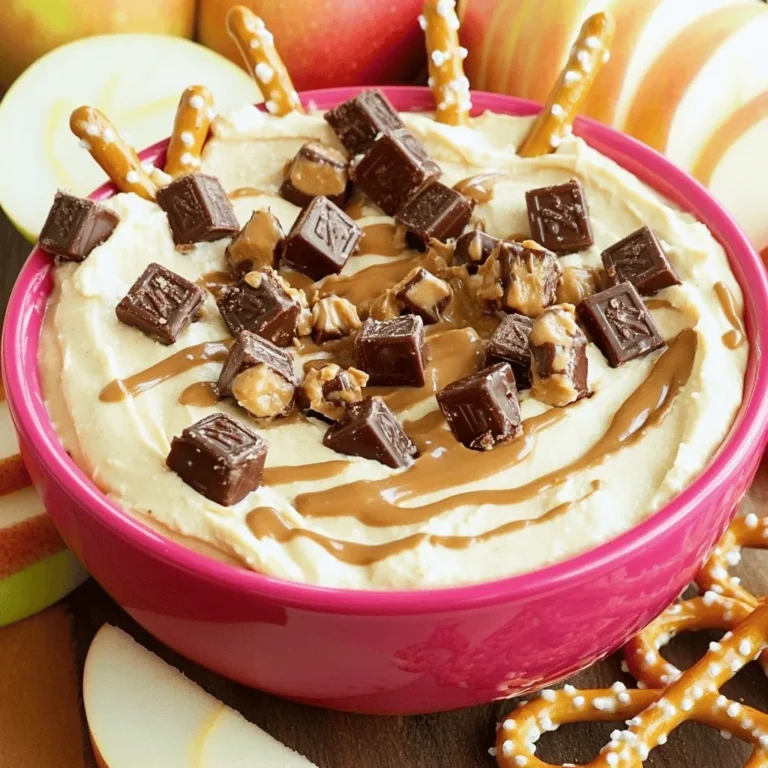 - 1 cup cream cheese, softened - 1/2 cup powdered sugar - 1/4 cup creamy peanut butter - 1 teaspoon pure vanilla extract - 1/2 teaspoon sea salt - 1 cup chocolate chips, melted - 1/2 cup mini Twix bars, finely chopped - Fresh apple slices or crunchy pretzel sticks - Additional Twix bars for garnish - Other dip dippers like graham crackers or fruit When making Twix Dip, you need a few key ingredients. Start with cream cheese, which gives the dip its rich texture. The powdered sugar adds sweetness, while creamy peanut butter gives a nutty twist. Vanilla extract brings in a warm flavor, and sea salt balances everything out. For toppings, melted chocolate chips make the dip extra special. Mini Twix bars add a fun crunch and flavor. Fresh apple slices or pretzel sticks work well as dippers. You can also add more Twix bars for a garnish. Other options like graham crackers or fruit make great dippers, too. Check the [Full Recipe] for more details on how to bring this sweet treat to life! 1. In a medium bowl, beat the cream cheese and powdered sugar together until smooth. 2. This should take about 2 to 3 minutes with a hand mixer. 3. Next, add in the creamy peanut butter, vanilla extract, and sea salt. 4. Beat the mixture again for another 2 minutes until it’s light and fluffy. 1. Carefully pour in the melted chocolate chips. 2. Use a spatula to gently fold them into the mixture. 3. Ensure it is smooth and glossy. 4. Now, gently mix in the finely chopped Twix bars. 5. Fold them in to distribute evenly throughout the dip. 1. Spoon the dip into a decorative bowl. 2. Place it in the refrigerator for at least 30 minutes. 3. This helps the flavors meld and firms up the dip. 4. When ready to serve, offer it with fresh apple slices or crunchy pretzel sticks. 5. This gives a fun sweet and salty contrast. Make sure to check out the Full Recipe for extra details! To get a creamy Twix dip, use room temperature cream cheese. Cold cream cheese makes mixing hard. It can lead to lumps in your dip. Let the cream cheese sit out for about 30 minutes. This simple step makes a big difference. When you mix, use a hand mixer or a stand mixer. Beat the cream cheese and powdered sugar well. Aim for a smooth, fluffy texture. Make your dip look as good as it tastes. Garnish with chopped Twix bars on top. This adds a nice crunch and color. You can also drizzle melted chocolate over the dip. Use colorful serving bowls to catch the eye. Bright bowls make the dip pop. A fun presentation makes everyone want to dive in! Want to add a twist to your dip? Try different types of chocolate. Milk chocolate gives a sweet taste, while dark chocolate adds richness. You can also add a pinch of cinnamon. This small touch brings warmth and depth. Experiment with flavors to find your favorite mix. Your Twix dip can be as unique as you! For the full recipe, check out the recipe section above. {{image_4}} You can make Twix dip even more fun. Try a peanut butter cookie dip. Just swap the chocolate chips for crushed peanut butter cookies. It adds a nutty taste. Another option is Nutella Twix dip. Mix in some Nutella with the chocolate. This gives a rich, creamy twist. Both variations bring new life to your dip. If you want a vegan option, use vegan cream cheese. It works just as well and keeps the flavor. You can also make it sugar-free. Just use sugar-free powdered sugar. This way, everyone can enjoy the dip without worry. Think outside the box for dipping. Fresh fruits like strawberries, bananas, and pears work great. They add a juicy bite. You can also serve the dip with graham crackers or cookies. These crunchy options make each bite exciting. Feel free to mix and match your dippers. Everyone will find something they love! For the full recipe, check the earlier section that lists all the ingredients and steps. After making Twix dip, store it in the refrigerator. Use an airtight container to keep it fresh. You can use glass or plastic containers with snug lids. This helps prevent the dip from absorbing other fridge smells. Yes, you can freeze Twix dip! To freeze, transfer the dip to a freezer-safe container. Leave some space at the top, as it will expand when frozen. To thaw, place it in the fridge overnight. Stir gently after thawing to restore its creamy texture. In the fridge, Twix dip lasts about 3 to 5 days. Always check for signs that it has gone bad. If the dip smells off or has an unusual texture, it's best to throw it away. To make Twix Dip vegan, you can use simple substitutes. Replace cream cheese with vegan cream cheese. Instead of powdered sugar, use a vegan alternative like coconut sugar. For peanut butter, ensure it’s free from added sugars. Use dairy-free chocolate chips for the melted chocolate. Yes, you can use other candy bars! Snickers or Milky Way work great in this dip. You can also try crushed Reese's or M&M's for a fun twist. Mix and match to find your favorite flavor combo! You can serve Twix Dip with various tasty dippers. Fresh apple slices add a nice crunch. Crunchy pretzel sticks provide a sweet and salty mix. Graham crackers or vanilla wafers are great, too. Get creative with your dippers for more fun! This Twix dip is easy and fun to make. You start with a creamy base of cream cheese, peanut butter, and sugar. Then, you mix in chocolate and Twix for extra flavor. Don't forget to chill it before serving with fruits or snacks. Try new flavors and creative dippers to keep it exciting. With simple tips and variations, you can make this dip your own. This dessert is sure to please everyone. Enjoy making and sharing it!