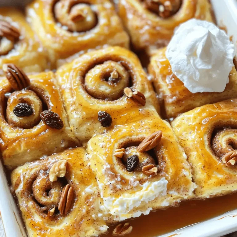 Here are the ingredients you need for Cinnamon Roll Casserole: - 2 cans of refrigerated cinnamon rolls (16 oz each) - 4 large eggs - 1 cup whole milk - 1 teaspoon pure vanilla extract - 1 teaspoon ground cinnamon - ½ teaspoon ground nutmeg - ¼ cup packed brown sugar - Optional ingredients: ½ cup chopped pecans, ½ cup raisins, ½ cup pure maple syrup Gathering these ingredients makes the process easy. The cinnamon rolls form the base, giving the dish its sweet flavor. Eggs and milk create a rich custard that binds everything together. Vanilla, cinnamon, and nutmeg add warm, comforting notes. Brown sugar enhances the sweetness, while optional nuts or raisins add texture and flavor. You can find the full recipe in the article to ensure you get every step right. Let's make breakfast unforgettable! - Preheat the oven to 350°F (175°C). - Grease a 9x13 inch baking dish. Start by setting your oven. This step is key for even cooking. Greasing the dish helps the casserole come out easily. Use non-stick spray or butter to coat the bottom and sides well. - Cut each roll into quarters and arrange them in the dish. - Optional: Sprinkle with pecans and raisins. Open the cans of cinnamon rolls. Use scissors or a knife to cut each roll into four pieces. Spread these pieces evenly in the greased dish. If you want extra crunch, add chopped pecans and raisins on top. This makes it taste even better! - Whisk eggs, milk, vanilla extract, cinnamon, nutmeg, and brown sugar together. - Pour the mixture over the cinnamon rolls. Now, grab a large bowl. Whisk together four eggs, one cup of whole milk, one teaspoon of pure vanilla extract, one teaspoon of ground cinnamon, half a teaspoon of ground nutmeg, and a quarter cup of brown sugar. Mix until smooth. Pour this mixture over the cinnamon roll pieces. Make sure every piece gets coated well. - Transfer to the oven and bake for 25-30 minutes. - Check doneness with a toothpick. Put your dish in the preheated oven. Bake it for 25 to 30 minutes. It should puff up and turn golden brown. To check if it's done, poke it with a toothpick. If it comes out clean, it's ready! - Let cool slightly, then drizzle with maple syrup before serving. Once baked, take the casserole out and let it cool a bit. This helps prevent burns. When serving, drizzle pure maple syrup all over the top. This adds sweetness and makes it even more delicious! To make the best cinnamon roll casserole, follow these tips: - Ensure even distribution of the egg mixture for the best texture. This means pouring it slowly and gently over the rolls. - Use fresh ingredients for enhanced flavor. Fresh eggs and milk make a big difference. When serving, add some fun touches: - Garnish with whipped cream or extra nuts for an appealing look. This adds texture and flavor. - Serve with additional maple syrup on the side for those who love sweetness. It's a great way to customize each serving. These simple tips can elevate your casserole from good to great! For the complete recipe, be sure to check the [Full Recipe]. {{image_4}} You can make your cinnamon roll casserole even better with some fun add-ins. Consider adding chocolate chips to bring a sweet touch. They melt during baking and create gooey pockets of chocolate. Dried fruits like cranberries or apricots add chewiness and a burst of flavor. If you enjoy crunch, add nuts! Pecans, walnuts, or almonds work well. They give a lovely texture and a nutty taste that pairs perfectly with cinnamon. If you want to mix things up, try using different sweet rolls. Sticky buns work great for a caramel twist. Nut rolls can also be a tasty change. For a fresh take, consider a berry version. You can add fresh or frozen berries to the mix. Blueberries, raspberries, or strawberries create a fruity contrast to the cinnamon. Each variation brings a unique flavor, making this dish even more exciting. Check out the Full Recipe for more ideas! After enjoying your casserole, store any leftovers in the refrigerator. They stay fresh for up to 3 days. Just make sure to place them in an airtight container. When you're ready to enjoy them again, reheat the casserole in the oven. This brings back its fluffy texture and warms it evenly. You have two great choices for freezing this dish. First, you can freeze the uncooked casserole. Just cover it well and bake it later for a fresh meal. Second, if you have leftovers, wrap the cooked casserole tightly. It can stay in the freezer for up to 2 months. When you want to eat it, thaw it in the fridge overnight before reheating. Enjoy the deliciousness anytime! A toothpick inserted should come out clean. This means the center is set. If it comes out with wet batter, bake a little longer. The edges may brown slightly, which is fine. Yes, you can assemble it and refrigerate overnight before baking. This saves time in the morning. It also lets the flavors blend well. Just remember to take it out of the fridge before baking. Coffee, tea, or a light fruit juice complement this dish well. The warm flavors of cinnamon and sugar match nicely with these drinks. You can even try a creamy latte for a rich touch. Substitute whole milk for skim or use fewer sugar toppings. You can also add fresh fruit for natural sweetness. This will boost nutrition without losing flavor. Yes, use gluten-free cinnamon rolls and modify other ingredients accordingly. Check labels to ensure all items are gluten-free. This way, everyone can enjoy this tasty breakfast. This blog post covered a delicious cinnamon roll casserole that’s easy to make. You learned about the simple ingredients and step-by-step instructions. We discussed tips for perfecting the dish and creative variations to try. Storing leftovers and answers to common questions were also included. In the end, this recipe is fun and flexible. Enjoy trying it out with your favorite flavors!