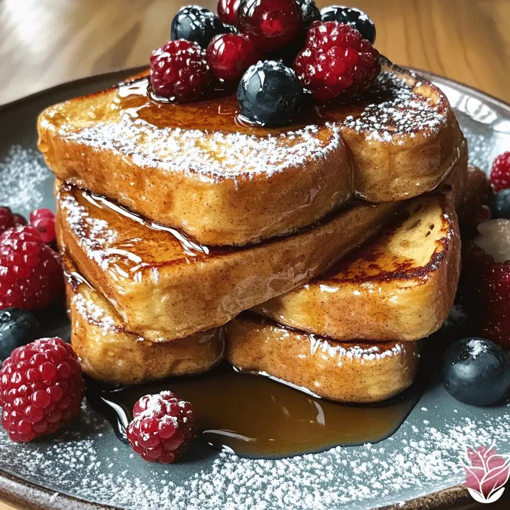 - 4 thick slices of brioche bread - 2 large eggs - 1 cup whole milk - 1 teaspoon pure vanilla extract - 1 teaspoon ground cinnamon - 2 tablespoons granulated sugar - 1 tablespoon unsalted butter - Pinch of salt - Maple syrup (for serving) - Fresh berries (strawberries, blueberries, or raspberries for garnish) - Powdered sugar (for dusting) Gathering the right ingredients makes a big difference. Brioche bread adds a rich flavor and soft texture. Eggs and milk create a creamy mixture that binds everything together. Vanilla and cinnamon give your French toast a warm, inviting aroma. Toppings like maple syrup and fresh berries add sweetness and color. Powdered sugar adds a lovely finish. - Non-stick skillet or griddle - Mixing bowl and whisk - Serving plate Using the right tools helps you cook with ease. A non-stick skillet or griddle ensures your French toast cooks evenly. A mixing bowl and whisk let you combine your ingredients smoothly. A nice serving plate can make your dish look even more appealing. By preparing with these ingredients and tools, you set yourself up for breakfast success. The full recipe will guide you step by step to create a delightful meal. First, grab a medium mixing bowl. You will whisk the eggs, milk, vanilla, cinnamon, sugar, and salt together. Whisking well helps make a smooth batter. It also mixes all the flavors nicely. Be sure to measure your ingredients carefully. This makes a big difference in taste and texture. If your measurements are off, the French toast may not turn out as you hoped. Now, let’s move to the skillet. Preheat it over medium heat. This helps get that perfect crisp on the French toast. Add butter and let it melt, swirling it around the pan. Next, take a slice of bread and dip it in your egg mixture. Make sure it soaks up enough batter but doesn’t fall apart. Coat both sides well. Carefully place the soaked bread in the skillet. Cook each slice for about 3-4 minutes until it turns golden brown. Flip it over and cook the other side for another 3-4 minutes. It should be crispy and golden. Once cooked, put the slices on a warm plate. Cover them with a clean kitchen towel to keep them warm while you finish the rest. When it’s time to serve, do it hot! Drizzle rich maple syrup over the top. For a pop of color, add fresh berries like strawberries or blueberries. A light dusting of powdered sugar makes it look extra special. Stack the French toast on a nice plate, and you have a beautiful meal. It’s perfect for family-style dining. The Full Recipe includes everything you need to create this tasty breakfast treat. To make the best French toast, start with thick slices of brioche bread. Brioche holds the egg mixture well and gives a soft, rich flavor. You can also use challah or Texas toast for similar results. Prevent sogginess by not soaking the bread too long. Dip each slice quickly in the egg mixture. Let the excess drip off before cooking. This helps keep the bread from becoming too wet. Spices can really elevate your French toast. Try adding a dash of nutmeg or a pinch of cardamom to the egg mix. These add warmth and depth to the flavor. For a fresh twist, infuse some orange zest into the batter. This brightens the taste and adds a fun citrus note. You can also use vanilla extract for extra sweetness. If you are making a lot of French toast, use a griddle. It allows you to cook multiple slices at once. Preheat it well to ensure even cooking. Keep the heat steady while cooking. Too high of a heat will burn the bread. Aim for medium heat for perfect golden-brown slices every time. For the full recipe, check the Heavenly Cinnamon Vanilla French Toast recipe above! {{image_4}} You can make French toast in many fun ways. Let’s explore some tasty options. - Cream cheese and fruit fillings: Spread cream cheese on one slice of bread. Add fresh fruit like strawberries or bananas. Top with another slice and dip in the egg mixture. Cook as usual. This makes a sweet, creamy treat. - Savory options like ham and cheese: Place sliced ham and cheese between two slices of bread. Dip in the egg mix and cook. This gives you a warm, gooey meal that is great for lunch or breakfast. - Pumpkin spice variation for fall: Add pumpkin puree and pumpkin spice to the egg mixture. This gives your toast a cozy, seasonal flavor. Perfect for chilly mornings! - Chocolate chip or nut variations: Mix in chocolate chips or chopped nuts into the batter. This adds sweetness and a nice crunch. You can also sprinkle some on top after cooking for extra flavor. - Using whole grain or gluten-free bread: Swap white bread for whole grain or gluten-free bread. This makes your dish healthier while still tasting great. - Dairy-free substitutions for a vegan option: Use almond milk or coconut milk instead of whole milk. You can also replace eggs with flaxseed meal mixed with water. This keeps it tasty and suitable for all diets. With these variations, you can enjoy French toast in many delicious ways! For the full recipe, check out the Heavenly Cinnamon Vanilla French Toast. To keep your French toast fresh, store it in the fridge. Place the slices in an airtight container. If you have more than one layer, separate them with parchment paper to avoid sticking. French toast can last up to three days in the fridge. For longer storage, freeze it! Wrap each slice in plastic wrap, then place them in a freezer bag. This can keep your French toast safe for up to three months. To reheat your French toast, you can use an oven or a microwave. For the oven, preheat it to 350°F (175°C) and place the slices on a baking sheet. Heat for about 10 minutes or until warm. For the microwave, place a slice on a plate and heat for about 30 seconds. Check to see if it is warm enough; if not, heat in 10-second bursts until hot. You can prepare the egg mixture ahead of time. Just whisk together the eggs, milk, vanilla, cinnamon, and sugar. Store this mixture in the fridge for up to 24 hours. When you're ready, dip the bread and cook as normal. Batch cooking is a great way to enjoy French toast all week. Make a large batch and follow the storage tips above. You can reheat slices as needed. This way, you can enjoy a tasty breakfast treat without the fuss each day. For a fun twist, try adding different spices or toppings when you reheat. For French toast, I love using brioche. Its rich texture makes each bite soft and fluffy. Challah is another great choice. It has a slight sweetness and holds up well. You can also try sourdough for a tangy flavor. If you're looking for a hearty option, whole grain bread works too. Each type gives a unique taste and texture. To avoid sogginess, don’t soak the bread too long. Quickly dip each slice in the egg mixture. Ensure the skillet is hot enough before adding the bread. This helps seal the outside and keeps the inside fluffy. Also, using thicker slices of bread helps maintain a good texture. Yes, you can make French toast ahead of time! Cook it fully, then let it cool. Store the slices in an airtight container in the fridge. When you’re ready to eat, just reheat in a skillet or toaster oven. This keeps it warm and tasty. Toppings can really make your French toast special! Here are some favorites: - Maple syrup for sweetness - Fresh berries like strawberries or blueberries - Whipped cream for a light touch - Nuts for crunch - Powdered sugar for a sweet finish Mix and match these toppings for fun flavor combos! If you want a twist, try adding yogurt or nut butter. You can find more ideas in the Full Recipe section. In this post, we explored how to make the perfect French toast. We covered essential ingredients, tools, and step-by-step instructions. I shared tips for texture and flavor, plus fun variations to try. French toast is versatile and can please everyone. Whether you want sweet or savory, there’s a recipe for you. Enjoy making this classic dish with family and friends for memorable meals. Happy cooking!