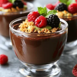 - Ripe avocados: 2, pitted and peeled - Unsweetened cocoa powder: 1/2 cup - Sweetener: 1/3 cup pure maple syrup (or honey) - Milk: 1/4 cup almond milk (or alternative) - Flavor enhancers: 1 teaspoon pure vanilla extract, pinch of sea salt - Garnishes: Fresh berries and mint leaves For the rich and creamy chocolate avocado mousse, you need only a few simple ingredients. Ripe avocados are key. They give the mousse its smooth texture and healthy fats. The cocoa powder adds deep chocolate flavor without added sugar. Sweeteners like maple syrup or honey balance the cocoa's bitterness. I love using almond milk, but you can choose any milk you like. The vanilla extract and sea salt enhance the flavors, making the mousse taste even better. Finally, fresh berries and mint leaves add a splash of color and freshness. They make your dessert look fancy and inviting. You can find the full recipe at the end of this article. Remember, the quality of your ingredients makes a big difference. Choose ripe avocados and good cocoa powder for the best mousse. Enjoy creating this delicious treat! - Step 1: Blend avocados and ingredients Start by placing the ripe avocados into your blender. Add the unsweetened cocoa powder, maple syrup, almond milk, vanilla extract, and a pinch of sea salt. This mix creates a rich base for your mousse. - Step 2: Blend until smooth Blend on high speed. Stop to scrape down the sides if needed. You want a smooth, creamy texture with no lumps. This step is key for that velvety mouthfeel. - Step 3: Adjust sweetness to taste Taste your mousse. If you want more sweetness, add a bit more maple syrup or honey. Blend again to mix well. This allows you to make it just right for your taste buds. - Step 4: Serve and chill Spoon the mousse into serving cups. Cover with plastic wrap and place in the fridge for at least 30 minutes. This chilling time helps set the mousse and deepen the flavors. - Presentation ideas for serving For a lovely display, garnish with fresh berries and mint leaves. This adds color and freshness to your dessert. The contrast makes it even more appealing. - Layering for an elegant touch You can layer the mousse with crushed graham crackers or granola. This adds a nice crunch and visual interest. It makes your dessert look fancy yet simple to make. To make the best chocolate avocado mousse, start with ripe avocados. Ripe avocados are soft and creamy. They blend well and give the mousse a smooth texture. Check for ripeness by gently squeezing the avocado. If it gives slightly, it’s ready. Next, use a high-speed blender or food processor. These tools break down the avocado quickly. Blend the ingredients until they are silky smooth. If needed, stop to scrape the sides. This ensures all ingredients mix well. You can customize the sweetness of your mousse. Start with the recipe's amount of maple syrup or honey. After blending, taste the mousse. If it needs more sweetness, add a little more syrup or honey. Blend again to mix it in well. If you want to try something different, consider using carob powder instead of cocoa. Carob has a sweeter taste and is caffeine-free. You can also add spices like cinnamon for a warm flavor. Experimenting with these options can make your mousse unique and delicious. For the full recipe, check the earlier section. Enjoy your chocolate avocado mousse journey! {{image_4}} You can easily change this recipe to fit different diets. For sweeteners, use agave syrup or date syrup. These options keep the mousse vegan but add a unique taste. If you want a nut-free version, try oat milk or coconut milk instead of almond milk. Both choices keep the mousse creamy and delicious. To make your mousse even more fun, add some spices. A pinch of cinnamon brings warmth, while a dash of chili adds a kick. These spices can surprise your taste buds and take the mousse to a new level. You can also stir in nut butters like almond or peanut butter. This adds richness and complements the chocolate flavor well. For the full recipe, check out the details above. Enjoy crafting your unique version of Chocolate Avocado Mousse! To keep your chocolate avocado mousse fresh, store it in the fridge. Use an airtight container to avoid any odors from other foods. This mousse can last for about three days in the fridge. Always cover the mousse with plastic wrap or a lid. This helps keep it moist and tasty. If you notice any browning on the surface, just stir it gently before serving. The chocolate flavor will still shine through. You can freeze chocolate avocado mousse for later use. To freeze, scoop the mousse into small, airtight containers. Leave some space at the top, as it may expand when frozen. The mousse can stay fresh in the freezer for up to two months. When you are ready to enjoy it, thaw the mousse in the fridge overnight. Avoid thawing it in the microwave, as this can change its texture. After thawing, stir it well to restore its creaminess. Enjoy this rich dessert anytime! Is Chocolate Avocado Mousse healthy? Yes, Chocolate Avocado Mousse is healthy. Avocados are full of good fats, vitamins, and fiber. They help keep you full and provide nutrients. The cocoa powder adds antioxidants, while the sweetener can be adjusted to your taste. Can I use other types of sweeteners? You can use other sweeteners. Honey, agave syrup, or date syrup work well. Just remember that each sweetener has a different flavor and sweetness level. Adjust to your liking! How long does the mousse last in the fridge? The mousse lasts about three days in the fridge. Store it in an airtight container to keep it fresh and tasty. Enjoy it chilled for the best flavor! Is this dessert suitable for vegan diets? Yes, this dessert is vegan! Just use maple syrup instead of honey. All the other ingredients are plant-based. It’s a perfect treat for everyone! What other fruits can be used in chocolate mousse? You can try adding bananas or berries to the mousse. They blend well and add natural sweetness. You can also experiment with flavors like mango or orange for a twist! Can I make a larger batch for a party? Absolutely! You can double or triple the recipe easily. Just make sure your blender can handle the larger amount. Serve in individual cups for a fun party treat! Check the Full Recipe for details. This blog post explored chocolate avocado mousse. We detailed ingredients like ripe avocados and cocoa powder. I provided step-by-step instructions for making and serving this tasty treat. You learned tips to achieve the best texture and how to customize flavors. We also covered storage options to keep your mousse fresh. Enjoy creating this healthy dessert, and feel free to experiment with flavors and toppings. You can impress guests with its rich taste while sticking to good ingredients. Enjoy your chocolate mousse journey!
