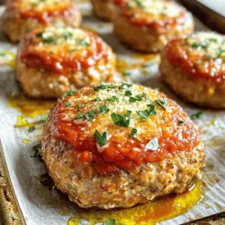- 1 pound ground chicken - 1/2 cup breadcrumbs (preferably seasoned) - 1/4 cup finely grated Parmesan cheese - 2 cloves garlic, minced - 1/4 cup fresh parsley, finely chopped - 1 large egg, lightly beaten - 1 teaspoon dried Italian herbs - 1/2 teaspoon kosher salt - 1/4 teaspoon freshly ground black pepper - 1/4 cup marinara sauce (plus extra for serving) - 1 tablespoon extra virgin olive oil These ingredients come together to create a juicy and tasty dish. Ground chicken is lean and absorbs flavors well. The breadcrumbs help bind the meatloaf and keep it moist. Parmesan adds a rich, cheesy flavor. Fresh garlic gives a strong aroma and taste to the dish. Parsley brightens everything up with its fresh color and taste. You can swap ground chicken for ground turkey or beef if you prefer. Gluten-free breadcrumbs work well for those avoiding gluten. Fresh herbs can replace dried ones, giving a fresher taste. When buying chicken, look for fresh, pink meat with no smell. Choose high-quality Parmesan cheese for the best flavor. Fresh garlic is a must—look for firm cloves with no soft spots. Using the best ingredients improves your meatloaf's flavor and texture. For the full recipe, check the Full Recipe section. - Preheat oven to 375°F (190°C). - Prepare the baking sheet with parchment paper. I always start by preheating my oven. This step ensures the meatloaves cook evenly. While the oven warms up, I line a baking sheet with parchment paper. This makes cleanup fast and easy. - Combining ground chicken and spices. - Incorporating wet ingredients. Next, I take a large bowl to mix my ingredients. I combine 1 pound of ground chicken, 1/2 cup of breadcrumbs, and 1/4 cup of grated Parmesan cheese. Then, I add 2 cloves of minced garlic and 1/4 cup of fresh parsley. I also include 1 large egg, 1 teaspoon of dried Italian herbs, 1/2 teaspoon of kosher salt, and 1/4 teaspoon of black pepper. I mix everything gently. It’s key not to overmix. If you do, the meatloaf can turn out dense and tough. - Forming meatloaves. - Creating indentations for marinara sauce. - Baking time and temperature check. Now, I shape the mixture into small meatloaf portions. I aim for each one to be about 2-3 inches long. I place them on the lined baking sheet. I make sure to leave space between each loaf for even cooking. With a spoon or my thumb, I create a shallow indentation in the center of each meatloaf. I fill each dent with about a teaspoon of marinara sauce. This sauce adds flavor as the meatloaves bake. Next, I lightly drizzle each meatloaf with olive oil. This step helps achieve a golden-brown finish. I then place the baking sheet in the oven. I bake the meatloaves for 25-30 minutes. I check that their internal temperature reaches 165°F (75°C). When done, I take them out and let them rest for 5 minutes. This helps keep each bite juicy and full of flavor. For the full recipe, you can refer to the earlier section. To make your meatloaf light and tender, do not overwork the mix. When you combine the ground chicken and breadcrumbs, mix gently. If you knead it too much, you risk making it dense. Keep it loose, and let the ingredients blend just enough. To maintain moisture in your meatloaf, use fresh ingredients. The egg helps bind everything, while the marinara sauce adds flavor and moisture. Creating a shallow indentation in each meatloaf before baking allows the sauce to soak in. This keeps the meatloaf juicy and flavorful. You can add extra herbs and spices to boost flavor. Fresh herbs like basil or thyme can brighten the dish. Try mixing in some crushed red pepper for a little heat. Using different types of cheese can also change the dish. Instead of Parmesan, try mozzarella for a gooey texture or feta for a tangy flavor. Each cheese gives a unique twist to the meatloaf. For a stunning presentation, arrange the meatloaves on a large platter. Drizzle them with more marinara sauce for color. A sprinkle of grated Parmesan on top adds a nice finish. Garnish with fresh parsley to enhance the look and aroma. You can serve extra marinara on the side for dipping. This not only makes the dish more appealing but also gives guests a chance to customize their flavor. For the full recipe, check out the Garlic Parmesan Chicken Meatloaves. {{image_4}} You can change up the garlic Parmesan chicken meatloaves for fun. Add roasted red peppers for an Italian twist. This gives a sweet and tangy punch. You can also try BBQ sauce for a smoky flavor. For an Asian kick, mix in soy sauce and ginger. Each option brings a new taste without much effort. Want to make a low-carb version? Use cauliflower instead of breadcrumbs. This keeps it light while still being tasty. If you have vegetarian friends, use lentils or mushrooms instead of chicken. You can even make it vegan by replacing the egg with a flaxseed mix. These swaps help everyone enjoy the meal. Garlic Parmesan chicken meatloaves pair well with many sides. Try serving them with roasted vegetables or a fresh salad. A simple green salad with lemon vinaigrette works great. You can also make mashed potatoes for a classic touch. These sides balance out the flavors and make your meal complete. To store leftovers, let the meatloaves cool first. Place them in an airtight container. This keeps them fresh and tasty. Use glass or plastic containers with tight seals. These work best for storing food. Freezing meatloaves is easy. Wrap each meatloaf in plastic wrap. Then, place them in a freezer-safe bag. Remove as much air as you can. This helps avoid freezer burn. To reheat, thaw in the fridge overnight. Bake them at 350°F (175°C) for about 20 minutes. This warms them up and keeps them moist. In the fridge, meatloaves last about 3 to 4 days. If you freeze them, they can last up to 3 months. Check for signs of spoilage. If they smell bad or look odd, throw them away. Always trust your senses when it comes to food safety. Can I make meatloaf ahead of time? Yes, you can make meatloaf ahead. Prepare the mixture and shape it into loaves. Cover and store them in the fridge for up to 24 hours. When ready to cook, just pop them in the oven. This saves time on busy nights and keeps flavors fresh. Why is my meatloaf dry? Meatloaf can dry out for a few reasons. Overcooking is a common cause. Always check the internal temperature, which should be 165°F (75°C). Using lean meat without enough fat can also lead to dryness. Mixing in wet ingredients like marinara sauce helps keep it moist. Can I replace ground chicken with another meat? Absolutely! You can use ground turkey or beef instead. Each meat brings its own taste and texture. If you choose beef, consider using a mix of lean and fatty cuts for the best flavor. This ensures your meatloaf remains juicy and tender. What can I use instead of breadcrumbs? For a gluten-free option, use gluten-free breadcrumbs or almond flour. Crushed crackers also work well. If you're low-carb, try ground oats or even cooked quinoa. These alternatives will still hold the meatloaf together while adding a unique flavor. Can I cook meatloaf in an air fryer? Yes! Cooking meatloaf in an air fryer is quick and easy. Shape the meatloaf and place it in the air fryer basket. Cook at 350°F (175°C) for about 20-25 minutes. The air fryer gives it a nice, crispy edge while keeping it juicy inside. Is it possible to grill meatloaf? Yes, grilling meatloaf can add great flavor! Shape the meatloaf into patties or use a loaf pan on the grill. Make sure to keep the grill temperature low to ensure it cooks through. Add some smoky flavor by using wood chips in your grill. In this blog post, we explored how to make tasty Garlic Parmesan Chicken Meatloaves. We covered ingredients, step-by-step instructions, tips for great texture, and fun variations. You can even adapt the recipe for different diets and flavors. Remember, the right ingredients and techniques lead to a delicious meal. Enjoy creating your own meatloaf with these ideas and tips. Happy cooking!