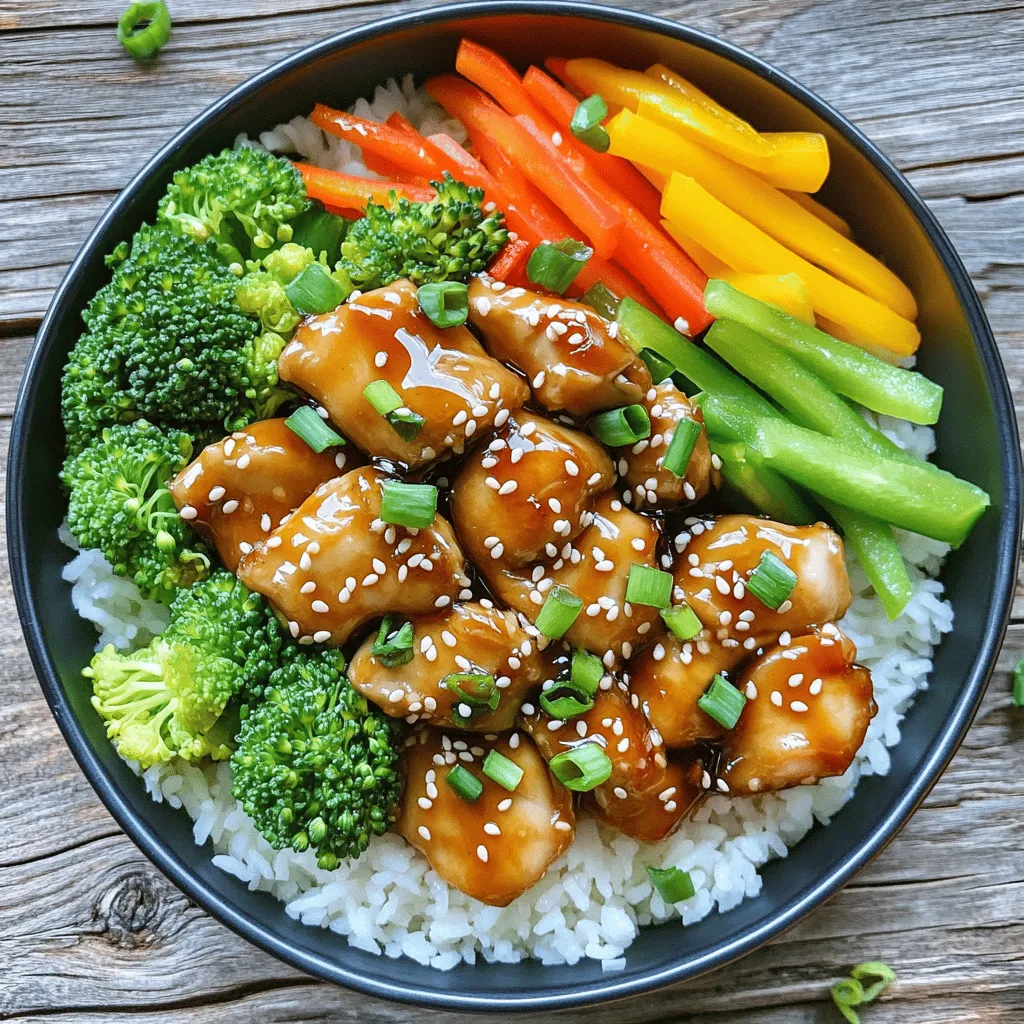 To make your Easy Chicken Teriyaki Bowls, gather the following ingredients: - 2 cups jasmine rice - 1 lb boneless, skinless chicken thighs, cut into bite-sized pieces - 1 cup broccoli florets - 1 bell pepper (your choice of color), sliced - 1 carrot, julienned - 1 tablespoon olive oil - 1/3 cup teriyaki sauce (can be store-bought or homemade) - 1 tablespoon sesame oil - 1 tablespoon honey - 2 green onions, finely chopped - Sesame seeds for garnish - Salt and pepper to taste These ingredients form the base of your dish. The chicken provides protein, while the veggies add color and crunch. You can customize your bowls with these options: - Substitute chicken with tofu or shrimp for a different protein. - Add snap peas or zucchini for more veggies. - Use brown rice or quinoa for a healthier grain. - Swap teriyaki sauce with soy sauce if you prefer. Feel free to mix and match based on what you have at home! Each serving contains approximately: - Calories: 450 - Protein: 30g - Carbohydrates: 60g - Fat: 10g - Fiber: 5g This meal is balanced and fills you up without weighing you down. It’s perfect for families or meal prep. For the full recipe, refer to the earlier section. Start by measuring 2 cups of jasmine rice. Rinse the rice under cold water until the water runs clear. This step removes excess starch. Next, follow the package directions to cook the rice. Usually, you will need 4 cups of water for 2 cups of rice. Bring the water to a boil, then reduce heat and cover. Let it simmer for about 15 minutes, or until the rice is fluffy. Once done, fluff it with a fork and keep it warm. For the chicken, cut 1 pound of boneless, skinless thighs into bite-sized pieces. Heat 1 tablespoon of olive oil in a large skillet over medium-high heat. Once the oil is hot, add the chicken pieces. Season them with a pinch of salt and pepper. Cook the chicken for about 5 to 7 minutes. Stir often, until the chicken is fully cooked and golden brown. This gives it a nice texture and flavor. While the chicken cooks, prepare the teriyaki sauce. In a small bowl, mix together 1/3 cup of teriyaki sauce, 1 tablespoon of sesame oil, and 1 tablespoon of honey. Stir well to combine everything. This sauce adds a sweet and savory flavor to the dish. Set the sauce aside for later use. Once the chicken is cooked, this sauce will come together with the chicken and veggies for a tasty finish. Now you're ready to assemble your Easy Chicken Teriyaki Bowls with these simple steps! To cook chicken well, use boneless, skinless thighs. They stay juicy and tender. Cut them into small pieces for quick cooking. Heat your skillet over medium-high heat before adding the chicken. This helps it brown nicely. Season lightly with salt and pepper. Cook for 5-7 minutes until the chicken is golden. Always check that it’s cooked through; the inside should be white, not pink. For great vegetables, cut them evenly. This helps them cook at the same rate. Use fresh broccoli, bell peppers, and carrots for color and crunch. Add them to the pan when the chicken is nearly done. Stir-fry for 3-4 minutes. You want them tender but still crisp. This keeps their bright colors and vitamins. Don't overcook; they should have a nice bite. Control the heat to enhance flavors. Start with medium-high heat to sear the chicken. Once you add vegetables, you can lower the heat slightly. This prevents burning while still cooking them well. For the sauce, let it simmer for a couple of minutes. This allows the flavors to meld together without losing their freshness. Keep stirring gently to coat all ingredients evenly. {{image_4}} If you want a meat-free meal, try tofu or tempeh. Both soak up flavor well. Cut them into cubes and cook them like chicken. Use the same teriyaki sauce for a tasty kick. You can also use hearty vegetables like mushrooms or eggplant. They add a nice texture and flavor. Don't forget to add a variety of veggies to keep it colorful and fun! You can switch the chicken for other proteins too. Shrimp cooks quickly and tastes great with teriyaki sauce. Salmon or other fish also works well. Just adjust the cooking time according to the protein you choose. For a lighter option, use turkey. It’s lean and pairs nicely with the sauce. Each choice gives you a new taste experience. Get creative with your sides and toppings! Try adding fresh cucumber slices for crunch. Avocado adds creaminess that pairs well with the dish. You can also serve the bowls with edamame or seaweed salad. For a spicy kick, drizzle sriracha over the top. There’s no wrong way to make it your own! Enjoy mixing and matching until you find your perfect bowl. For more ideas, check out the Full Recipe. After a delightful meal, you might have some Easy Chicken Teriyaki Bowls left. To store them, let the bowls cool down first. Then, place the leftover chicken and rice in an airtight container. You can keep them in the fridge for up to three days. Make sure to keep the sauce separate if possible, as it can make the rice soggy. When you're ready to enjoy the leftovers, you can reheat them easily. Take your stored chicken teriyaki bowl out of the fridge. If the sauce is separate, drizzle it back over the chicken and rice. You can use a microwave, heating it for about 1-2 minutes. Stir halfway through to ensure even heating. If you prefer, you can also reheat in a skillet over medium heat, stirring gently until hot. If you want to prepare meals ahead of time, freezing is a great option. Allow the chicken teriyaki bowls to cool completely. Then, place the chicken, rice, and veggies in freezer-safe containers. Be sure to leave some space for expansion. You can freeze them for up to three months. When you're ready to eat, just thaw in the fridge overnight and reheat as needed. This makes meal prep simple and quick! It takes about 30 minutes to make Chicken Teriyaki Bowls. This includes 10 minutes for prep and 20 minutes for cooking. You will have a tasty meal ready in no time! Yes, you can make teriyaki sauce from scratch. Combine soy sauce, honey, sesame oil, and ginger. Mix these ingredients well. This sauce adds a fresh taste to your chicken. You can serve Chicken Teriyaki Bowls with a variety of sides. Here are some great options: - Steamed edamame - Cucumber salad - Miso soup - Pickled vegetables These sides complement the rich flavors of the teriyaki bowls and make your meal more satisfying. Enjoy! You now have all you need to make Easy Chicken Teriyaki Bowls. You learned about the key ingredients, cooking steps, and tips for perfect results. You can customize your bowl with fun add-ins or try vegetarian options. Meal prep is easy with storage and reheating tips. Enjoy crafting this tasty dish that fits your needs. I hope you make it often and share it with friends!