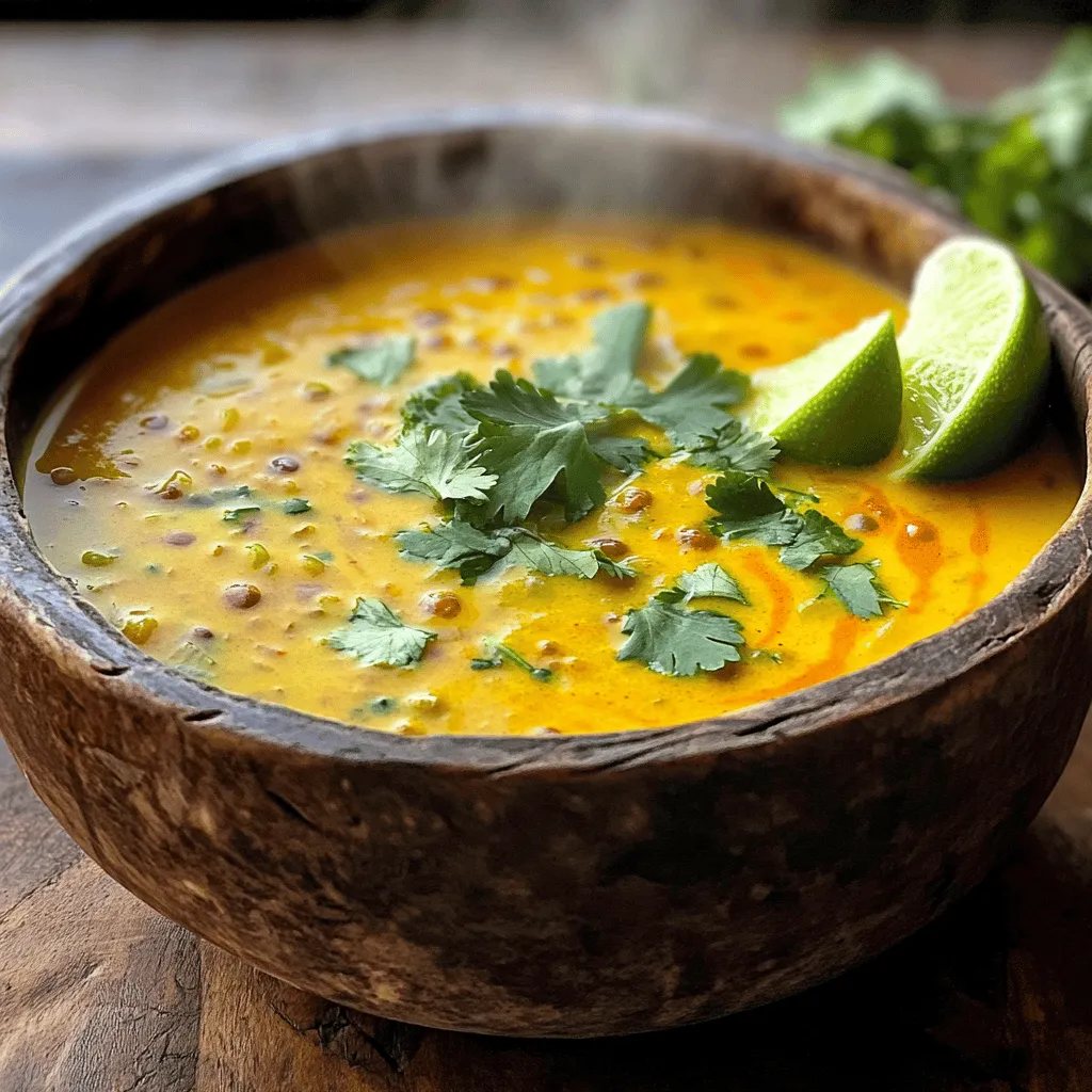 To make this tasty soup, here is what you need: - 1 cup red lentils, thoroughly rinsed - 1 can (13.5 oz) full-fat coconut milk - 4 cups vegetable broth - 1 medium onion, finely diced - 2 cloves garlic, minced - 1-inch piece of fresh ginger, grated - 1 medium carrot, diced into small cubes - 1 bell pepper (any color), diced - 2 tablespoons curry powder - 1 tablespoon ground turmeric - 1 teaspoon ground cumin - 1/2 teaspoon red pepper flakes (optional, for added heat) - Salt and freshly ground black pepper, to taste - 2 tablespoons olive oil - Fresh cilantro leaves, for garnish - Lime wedges, for serving You can make this soup your own by changing some ingredients: - Red lentils: Use green lentils, but cook longer. - Coconut milk: Almond or cashew milk for a lighter taste. - Vegetable broth: Chicken broth adds more flavor. - Garlic: Garlic powder works if you lack fresh. - Bell pepper: Zucchini or celery gives a different crunch. - Curry powder: Use garam masala for a unique twist. Each serving of this soup is full of good stuff: - Calories: 350 - Protein: 12g - Fat: 18g - Carbs: 39g - Fiber: 12g - Sugar: 3g This soup is not only tasty but also rich in nutrients. You get protein and fiber from the lentils, while the coconut milk brings healthy fats. This balance makes it a satisfying dish! You can find the full recipe for more details on how to prepare this delightful meal. To make this soup, gather your ingredients first. Use a large pot to start cooking. Heat two tablespoons of olive oil over medium heat. Once the oil is hot, add one diced onion, one diced carrot, and one diced bell pepper. Stir these veggies for 5-7 minutes. You want them soft and golden. Next, add two minced garlic cloves and one inch of grated ginger. Stir for 1-2 minutes. The smell will be amazing! Then, mix in two tablespoons of curry powder, one tablespoon of turmeric, and one teaspoon of cumin. If you like heat, add half a teaspoon of red pepper flakes. Stir well for one minute to wake up the spices. Now, add one cup of rinsed red lentils, four cups of vegetable broth, and one can of coconut milk. Mix everything well. Bring the soup to a boil. After it boils, lower the heat and let it simmer. Cook it uncovered for 25-30 minutes. Stir it every so often. The lentils should be soft, and the soup should thicken. Taste the soup. You can add salt and black pepper to make it just right. For a creamier texture, blend part of the soup with an immersion blender. Leave some lentils whole for texture. Finally, ladle the soup into bowls, top with cilantro, and serve with lime wedges. To get the perfect texture, focus on the lentils. Red lentils cook quickly and break down well. This helps thicken the soup naturally. If you want a chunkier soup, keep some lentils whole. Use an immersion blender lightly for blending. Watch your heat level while simmering. If it cooks too fast, the lentils may break down too much. Stir often to avoid sticking. If your soup is too thick, just add a bit of broth or water. Adjusting the liquid helps reach your desired thickness. You will need a large pot for cooking the soup. A wooden spoon works great for stirring. An immersion blender helps with texture, but a regular blender works too. Use measuring cups for accuracy. A cutting board and knife will help you prep your veggies. For serving, have bowls ready. A ladle makes it easy to serve. Don't forget lime wedges for a fresh finish! For the full recipe, check the section above. To boost flavor, focus on fresh herbs and spices. Fresh cilantro adds brightness. Use quality curry powder for depth. Toast spices in oil before adding other ingredients. This makes their flavors pop. A squeeze of lime juice right before serving brightens the dish. It gives a fresh taste that wakes up the soup. You can adjust the spice in this soup easily. If you like it mild, skip the red pepper flakes. For more heat, add more flakes or a chopped chili. You can also add fresh ginger for a warm spice. Remember, you can always add more spice, but you can’t take it out! If you are short on time, use pre-chopped veggies. Many stores offer fresh diced onions and peppers. You can also use canned lentils instead of dried ones. They cook faster and save time. Prep everything ahead of time for a quick meal. Just follow the Full Recipe, and you'll have a delicious dish in no time! {{image_4}} Coconut Curry Lentil Soup is a great dish for all kinds of eaters. If you want it vegetarian, just stick with the recipe. The coconut milk adds richness and creaminess. For a vegan option, we keep the same ingredients. Just ensure all your vegetable broth is vegan-friendly. This soup is naturally plant-based, making it a perfect choice for both diets. You can easily boost the protein in this soup. If you eat meat, add cooked chicken. Cube it and mix it in during the last 10 minutes of cooking. If you want a vegetarian protein, consider adding tofu. Use firm tofu, drain it, and cube it. Sauté it with the vegetables for added flavor before adding the lentils. Both options will make your soup more filling. Feel free to make this soup your own by adding seasonal veggies. In the summer, try zucchini or corn. In the fall, diced sweet potatoes or squash work well. Just remember to adjust the cooking time. Some veggies need more time to soften. You can also add leafy greens like spinach or kale at the end. They just need a few minutes to wilt. This keeps your soup fresh and exciting. For the full recipe, check the section above. To keep Coconut Curry Lentil Soup fresh, store it in airtight containers. Let the soup cool first. This way, it won’t steam and create extra moisture. Make sure to store leftovers in the fridge if you plan to eat them within three days. Always label your containers with the date. You can freeze Coconut Curry Lentil Soup for later use. Pour the cooled soup into freezer-safe containers or bags. Leave some space at the top for the soup to expand when frozen. It can last up to three months in the freezer. When ready to enjoy, just thaw it in the fridge overnight. Reheating is easy! If you stored it in the fridge, pour the soup into a pot. Heat it over medium heat, stirring often. If frozen, thaw it overnight first. You can also heat it in the microwave. If it seems too thick, add a splash of vegetable broth or water while reheating. Enjoy your warm soup with fresh cilantro and lime! For the full recipe, check the earlier section. Coconut Curry Lentil Soup lasts about 4 to 5 days in the fridge. Store it in an airtight container. This keeps the flavors fresh. Always let the soup cool before sealing it. When you are ready to eat, just reheat it on the stove. Yes, you can use dried lentils. Just remember to rinse them well before cooking. Dried lentils need more time to cook than canned ones. They usually take about 25 to 30 minutes to become tender. You might need to add a little extra broth or water while cooking. Coconut Curry Lentil Soup pairs well with many dishes. Here are some ideas: - Crusty bread or naan - A fresh green salad - Rice or quinoa for extra filling - Grilled vegetables for a hearty side Enjoy experimenting with different sides to find your perfect match! For the complete recipe, check out the Full Recipe section. Coconut Curry Lentil Soup offers a warm, tasty meal that's easy to make. We covered the full ingredient list, helpful cooking steps, and clever tips for busy cooks. You can tweak the recipe to fit your tastes, making it both fun and flexible. Proper storage ensures your soup stays fresh and delicious. Remember, this recipe can fit any diet, whether you're vegan or love meat. Enjoy the comforting flavors, and don't hesitate to experiment! Your kitchen is the best place for creativity.
