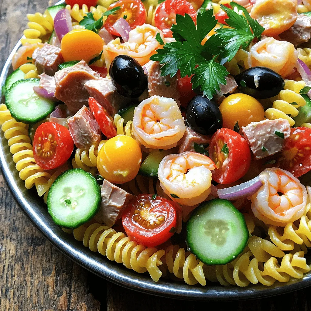 For this tasty seafood pasta salad, I use: - 8 oz. rotini pasta - 1 cup cooked shrimp, peeled and deveined - 1 cup canned tuna, drained and flaked - 1 cup cherry tomatoes, halved - 1/2 cup cucumber, diced - 1/4 cup red onion, finely chopped - 1/2 cup bell peppers, diced (choose your favorite color) These ingredients bring bright colors and fresh flavors to the dish. The rotini pasta holds the dressing and adds a fun twist. Shrimp and tuna offer a nice seafood flavor without being too strong. The vegetables add crunch and freshness. For the dressing, I mix: - 1/4 cup mayonnaise - 2 tablespoons fresh lemon juice - 1 tablespoon Dijon mustard - Salt and pepper to taste This dressing is creamy and tangy, enhancing the taste of seafood and veggies. The lemon juice brightens the salad, while the Dijon mustard gives it a little kick. To finish off, I like to add: - 1/4 cup fresh parsley, finely chopped - Optional sides like lemon slices Fresh parsley adds a nice pop of color and flavor. Lemon slices on the side let you add a splash of zest when you eat. This salad is both easy to make and full of flavor. For the full recipe, check out the Ocean Breeze Seafood Pasta Salad. 1. Bring a large pot of salted water to a boil. 2. Once boiling, add 8 oz. of rotini pasta. 3. Cook it until it’s al dente, as per the package instructions. 4. Drain the pasta in a colander. 5. Rinse the pasta with cold water to stop cooking. 6. Set the cooled pasta aside in a large mixing bowl. 1. To the pasta bowl, add 1 cup of cooked shrimp and 1 cup of canned tuna. 2. Next, chop and add 1 cup of cherry tomatoes, 1/2 cup of cucumber, and 1/4 cup of red onion. 3. Don’t forget 1/4 cup of black olives and 1/2 cup of diced bell peppers. 4. Gently mix these ingredients so they blend well with the pasta. 1. In a small bowl, whisk together 1/4 cup of mayonnaise, 2 tablespoons of fresh lemon juice, and 1 tablespoon of Dijon mustard. 2. Season with salt and pepper to taste. 3. Pour the dressing over the pasta and seafood mixture. 4. Toss everything well to coat it evenly. 5. Fold in 1/4 cup of finely chopped parsley. 6. Taste the salad and adjust the seasoning if needed. For the full recipe, check out the Ocean Breeze Seafood Pasta Salad. To make your pasta salad great, cook the pasta al dente. This means the pasta should be firm when you bite it. Overcooked pasta can turn mushy in the salad. Follow the package instructions for timing. After cooking, drain the pasta right away. Rinse it under cold water to stop the cooking. This also helps keep the pasta from sticking together. When choosing seafood, you can go for fresh or canned. Fresh seafood tastes bright and juicy. Canned seafood is easy and quick to use. For the best flavor, mix different types of seafood. Shrimp and tuna work well together. You can also try crab or salmon for a twist. You can use homemade or store-bought dressings. Homemade dressings let you control the flavors. A mix of mayonnaise, lemon juice, and mustard works great. You can also add spices like garlic or herbs for extra taste. Try adding a splash of vinegar or a dash of hot sauce to spice things up. This way, you can find the perfect balance for your seafood pasta salad. For the full recipe, check out Ocean Breeze Seafood Pasta Salad. {{image_4}} You can change up the seafood in your pasta salad for fun. Try adding crab or lobster for a sweet taste. Scallops are another great choice; they add a nice texture. If you prefer a vegetarian dish, swap seafood for beans. Chickpeas or black beans work well. They add protein and a hearty flavor. Switching pasta types can change the look and feel of your dish. Penne or fusilli are great choices. Penne has a smooth shape, while fusilli has twists that hold dressing well. If you need a gluten-free option, use rice or quinoa pasta. Both taste great and keep your salad light. Adding spices or herbs can elevate your salad. Fresh dill or basil gives a burst of flavor. You can also try a squeeze of lime for a zesty kick. For dressings, vinaigrettes bring a tangy twist. Mix olive oil, vinegar, and mustard for a simple yet tasty option. You can find the full recipe for more ideas! To keep your seafood pasta salad fresh, cool it quickly. Spread it out in a shallow dish. Cover it with plastic wrap or a lid. This helps lock in moisture and flavor. Use airtight containers for the fridge. Glass or BPA-free plastic works best. You can store seafood pasta salad in the fridge for up to three days. After that, the flavors may fade. Watch for signs of spoilage. If you see any strange smells, discoloration, or a slimy texture, throw it away. Reheating seafood pasta salad is not always best. It can change the texture and flavor. If you choose to reheat, do it gently. Heat it in the microwave for a short time. Stir it often to ensure even warming. Add a splash of lemon juice for brightness after reheating. To make your Seafood Pasta Salad gluten-free, simply swap traditional pasta for gluten-free pasta. Many great options are available, like brown rice or chickpea pasta. Just cook them as you would regular pasta. This way, you still enjoy the same tasty salad without gluten. Yes, you can prepare the salad in advance! Make it a day before your event. Just follow the steps in the Full Recipe and store it in the fridge. Be sure to cover it well with plastic wrap or a lid. This keeps it fresh and tasty. Seafood Pasta Salad pairs well with many sides. You might serve it with crusty bread, a green salad, or a light soup. Lemon wedges add a nice touch, too. These sides balance the flavors and make your meal complete. To adjust the recipe for more servings, simply scale the ingredients up or down. If you want to serve eight, double all the ingredients. If you need fewer servings, just halve them. This way, you can make just the right amount. You can use many seafood options besides shrimp and tuna. Crab, scallops, or even smoked salmon add great taste. If you prefer, try a mix of seafood for a fun twist. Each type brings unique flavors and textures to your pasta salad. You now have a complete guide to making a delightful seafood pasta salad. We covered key ingredients, from rotini and seafood to fresh veggies and dressings. I shared step-by-step instructions, tips for perfecting textures, and variations to suit any taste. You can tailor this dish to your liking, making it fun and unique. Remember to store any leftovers properly and enjoy them later. Whether it's a picnic or dinner, this salad is ready to impress. Dive in and get creative with your own seafood pasta salad!